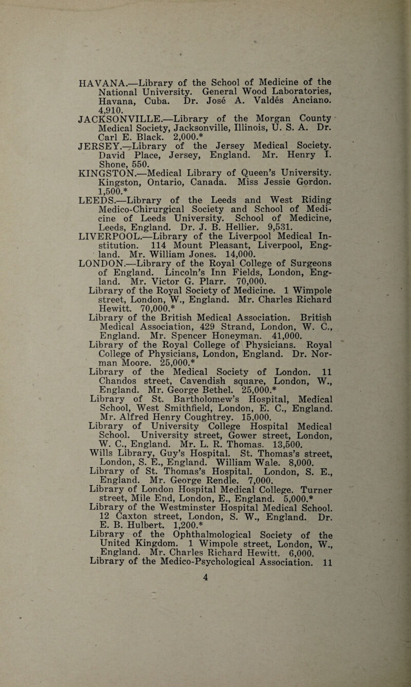 HAVANA.—Library of the School of Medicine of the National University. General Wood Laboratories, Havana, Cuba. Dr. Jose A. Valdes Anciano. 4,910. JACKSONVILLE.—Library of the Morgan County Medical Society, Jacksonville, Illinois, U. S. A. Dr. Carl E, Black. 2,000.* JERSEY.—Library of the Jersey Medical Society. David Place, Jersey, England. Mr. Henry I. Shone, 550. KINGSTON.—Medical Library of Queen’s University. Kingston, Ontario, Canada. Miss Jessie Gordon. 1 500.* LEEDS.—Library of the Leeds and West Riding Medico-Chirurgical Society and School of Medi¬ cine of Leeds University. School of Medicine, Leeds, England. Dr. J. B. Hellier. 9,531. LIVERPOOL.—Library of the Liverpool Medical In¬ stitution. 114 Mount Pleasant, Liverpool, Eng¬ land. Mr. William Jones. 14,000. LONDON.—Library of the Royal College of Surgeons of England. Lincoln’s Inn Fields, London, Eng¬ land. Mr. Victor G. Plarr. 70,000. Library of the Royal Society of Medicine. 1 Wimpole street, London, W., England. Mr. Charles Richard Hewitt. 70,000.* Library of the British Medical Association. British Medical Association, 429 Strand, London, W. C., England. Mr. Spencer Honeyman. 41,000. Library of the Royal College of Physicians. Royal College of Physicians, London, England. Dr. Nor¬ man Moore. 25,000.* Library of the Medical Society of London. 11 Chandos street, Cavendish square, London, W., England. Mr. George Bethel. 25,000.* Library of St. Bartholomew’s Hospital, Medical School, West Smithfield, London, E. C., England. Mr. Alfred Henry Coughtrey. 15,000. Library of University College Hospital Medical School. University street, Gower street, London, W. C., England. Mr. L. R. Thomas, 13,500. Wills Library, Guy’s Hospital. St. Thomas’s street, London, S. E., England. William Wale. 8,000. Library of St. Thomas’s Hospital. London, S. E., England. Mr. George Rendle. 7,000. Library of London Hospital Medical College. Turner street, Mile End, London, E., England. 5,000.* Library of the Westminster Hospital Medical School. 12 C ax ton street, London, S. W., England. Dr. E. B. Hulbert. 1,200.* Library of the Ophthalmological Society of the United Kingdom. 1 Wimpole street, London, W., England. Mr. Charles Richard Hewitt. 6,000. Library of the Medico-Psychological Association. 11