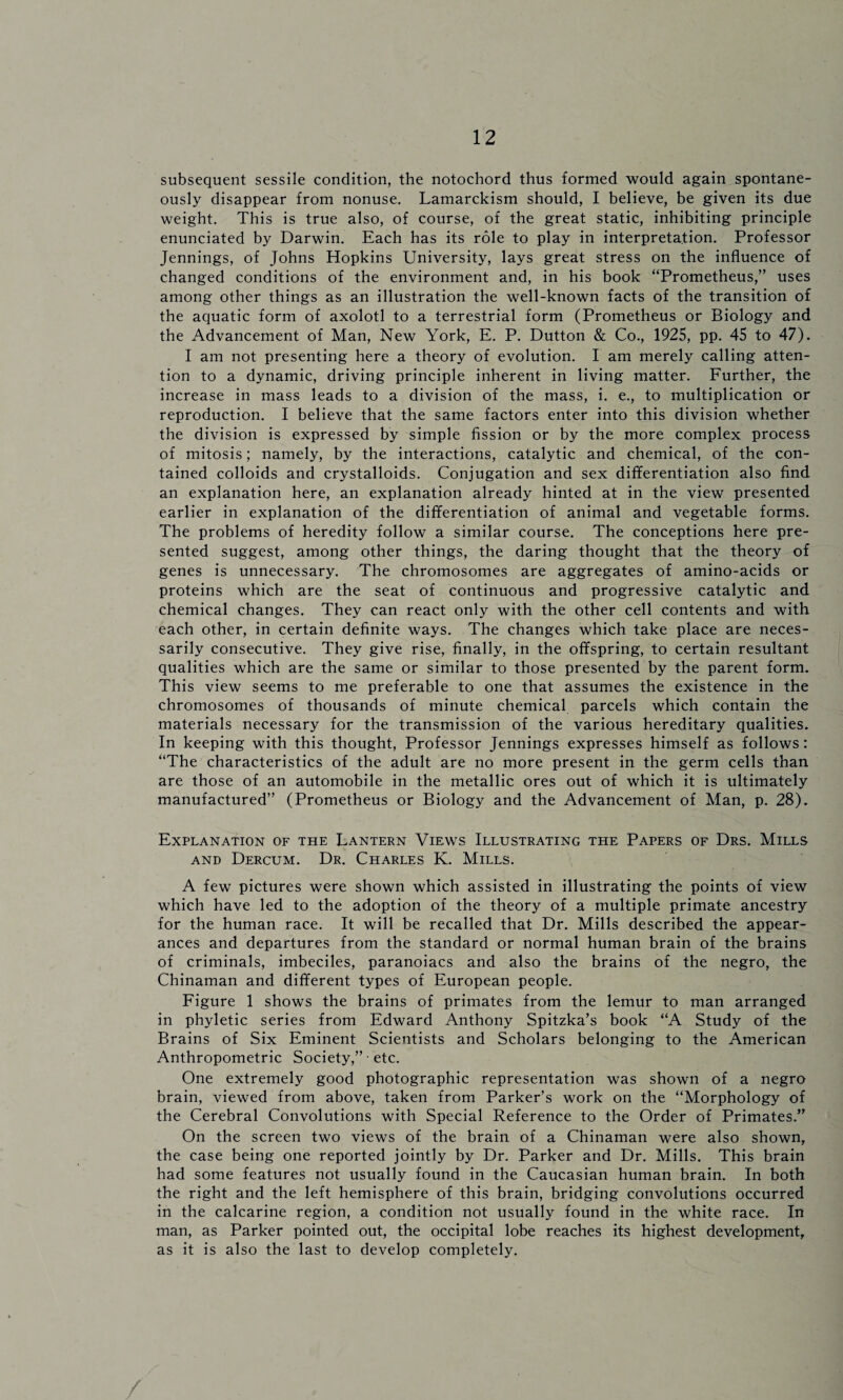 subsequent sessile condition, the notochord thus formed would again spontane¬ ously disappear from nonuse. Lamarckism should, I believe, be given its due weight. This is true also, of course, of the great static, inhibiting principle enunciated by Darwin. Each has its role to play in interpretation. Professor Jennings, of Johns Hopkins University, lays great stress on the influence of changed conditions of the environment and, in his book “Prometheus,” uses among other things as an illustration the well-known facts of the transition of the aquatic form of axolotl to a terrestrial form (Prometheus or Biology and the Advancement of Man, New York, E. P. Dutton & Co., 1925, pp. 45 to 47). I am not presenting here a theory of evolution. I am merely calling atten¬ tion to a dynamic, driving principle inherent in living matter. Further, the increase in mass leads to a division of the mass, i. e., to multiplication or reproduction. I believe that the same factors enter into this division whether the division is expressed by simple fission or by the more complex process of mitosis; namely, by the interactions, catalytic and chemical, of the con¬ tained colloids and crystalloids. Conjugation and sex differentiation also find an explanation here, an explanation already hinted at in the view presented earlier in explanation of the differentiation of animal and vegetable forms. The problems of heredity follow a similar course. The conceptions here pre¬ sented suggest, among other things, the daring thought that the theory of genes is unnecessary. The chromosomes are aggregates of amino-acids or proteins which are the seat of continuous and progressive catalytic and chemical changes. They can react only with the other cell contents and with each other, in certain definite ways. The changes which take place are neces¬ sarily consecutive. They give rise, finally, in the offspring, to certain resultant qualities which are the same or similar to those presented by the parent form. This view seems to me preferable to one that assumes the existence in the chromosomes of thousands of minute chemical parcels which contain the materials necessary for the transmission of the various hereditary qualities. In keeping with this thought, Professor Jennings expresses himself as follows: “The characteristics of the adult are no more present in the germ cells than are those of an automobile in the metallic ores out of which it is ultimately manufactured” (Prometheus or Biology and the Advancement of Man, p. 28). Explanation of the Lantern Views Illustrating the Papers of Drs. Mills and Dercum. Dr. Charles K. Mills. A few pictures were shown which assisted in illustrating the points of view which have led to the adoption of the theory of a multiple primate ancestry for the human race. It will be recalled that Dr. Mills described the appear¬ ances and departures from the standard or normal human brain of the brains of criminals, imbeciles, paranoiacs and also the brains of the negro, the Chinaman and different types of European people. Figure 1 shows the brains of primates from the lemur to man arranged in phyletic series from Edward Anthony Spitzka’s book “A Study of the Brains of Six Eminent Scientists and Scholars belonging to the American Anthropometric Society,” • etc. One extremely good photographic representation was shown of a negro brain, viewed from above, taken from Parker’s work on the “Morphology of the Cerebral Convolutions with Special Reference to the Order of Primates.” On the screen two views of the brain of a Chinaman were also shown, the case being one reported jointly by Dr. Parker and Dr. Mills. This brain had some features not usually found in the Caucasian human brain. In both the right and the left hemisphere of this brain, bridging convolutions occurred in the calcarine region, a condition not usually found in the white race. In man, as Parker pointed out, the occipital lobe reaches its highest development, as it is also the last to develop completely.