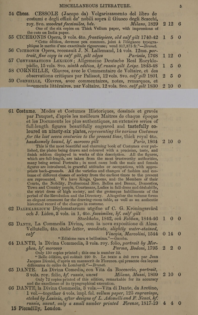 ° MISCELLANEOUS LITERATURE. 54 Chess. CESSOLE (Jacopo da) Volgarizzamento del libro de costumi e degli offizii de’ nobili sopra il Giuoco degli Scacchi, roy. 8vo. woodcut facsimiles, bds. Milano, 1829 One of the six copies on Thick Vellum paper, with impressions of the cuts on India paper. 55 CICERONIS Opera, 9 vols. 4to. frontispiece, old calf gilt 1740-42 “Cette édition, devenue peu commun, joint a l’élégance typogra- phique le merite d’une exactitude rigoureuse; vend 317,375 fr.” —Brumet. 56 Cicrronis Opera, recensuit J. N. Lallemand, 14 vols. 12mo. por- trait, fine copy in calf gilt, gilt edges Parisits, 1768 57 Conversations Lexrxon; Allgemeine Deutsche Real Encyklo- -_ __ padie, 15 vols. 8vo. ninth edition, hf. russia gilt Leipz. 1843-48 58 CORNEILLE, (uvres, avec le Commentaire de Voltaire, et des observations critiques par Palissot, 12 vols. 8vo. calf gilt 1801 59 CoRNEILLE, Ciuvres, avec commentaires, notes, remarques, et invements littéraires, par Voltaire, 12 vols. 8vo. calf gilt 1830 61 Costume. Modes et Costumes Historiques, dessinés et gravés par Pauquet, d’aprés les meilleurs Maitres de chaque époque et les Documents les plus authentiques, an extensive series of full-length figures beautifully engraved and tastefully co- loured on ninety-six plates, representing the various Costumes Sor the last seven centuries to the present time, thick royal 4to. handsomely bound, hf. morocco gilt Paris, 1864 This is the most beautiful and charming book of Costumes ever pub- lished, the plates being drawn and coloured with a precision, taste, and finish seldom displayed in works of this description. All the figures, which are full-length, are taken from the most trustworthy authorities, many being actual Portraits ; in most cases both the male and female figures are introduced, in graceful attitudes or occupations, with appro- priate back-grounds. All the varieties and changes of fashion and cos- tume of different classes of society from the earliest times to the present are represented. We have Kings, Queens, and the Members of their Courts, the Nobility, Professional Men, Belles and Beaux, Domestics, Town and Country people, Courtesans, Ladies in full-dress and déshabille, the strict dress of high society, and the grotesque habiliments of the period of the Revolution and the Directory. Altogether the volume forms an elegant ornament for the drawing-room table, as well as an authentic historical record of the changes in costume. 62 Datexarticum Diplomatarium utgifne af C. G. Kroningssviard och J. Liden, 3 vols. in 1, 4to. facsimiles, hf. calf gilt Stockholm, 1842, och Habban, 1844-46 63 Dante, La Commedia Divina, con la nova expositione di Aless. Vellutello, 4to. ztalic letter, woodcuts, slightly water-stained, calf Vinegia, Marcolini, 1544 “ Edizione rara e bellissima.” — Gamba. 64 DANTE, la Divina Commedia, 3 vols. roy. folio, portrait by Mor- ghen, hf. morocco Parma, Bodoni, 1795 Only 130 copies printed ; this one is number 52. “ Belle édition, qui codtait 220 fr. Le texte a été revu par Jean Jacques Dionisi, d’aprés un manuscrit de Florence, qui presente des legons différentes de celles de Lombardi.” — Brunet. 65 DANTE. La Divina Comedia, con Vita da Boccaccio, portrait, 3 vols. roy. folio, Af. russia, uncut Miiano, Mussi, 1809 Only 72 copies printed of this edition, remarkable for its accuracy and the excellence of its typographical execution. : 66 DANTE, la Divina Commedia, 3 vols.—Vita di Dante, da Aretino, 1 vol.—together 4 vols, impl. fol. vellum paper, 125 engravings, etched by Lasinio, after designs of L. Adomelli and F. Nencet, hf. 15 Piccadilly, London. 5 212 6 2 FO 112 0 1 5 0 2 5 O raed LN 26a 210 0 Ls ON 014 0 22 0 a1 GG