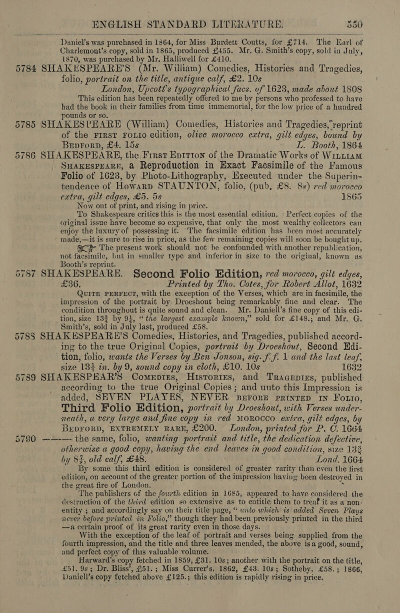    Daniel’s was purchased in 1864, for Miss Burdett Coutts, for £714. The Earl of Charlemont’s copy, sold in 1865, produced £455. Mr. G. Smith’s copy, sold in July, 1870, was purchased by Mr. Halliwell for £410. 5788 folio, portrait on the title, antique calf, £2. 10s London, Upcott’s typographical facs. of 1623, made about 1808 This edition has been repeatedly offered to me by persons who professed to have had the book in their families from time immemorial, for the low price of a hundred pounds or so. of the FIRST FOLIo edition, olive morocco extra, gilt edges, bound by Beprorp, £4. 15s LL. Booth, 1864 SHAKESPEARR, @ Reproduction in Exact Facsimile of the Famous Folio of 1623, by Photo-Lithography, Executed under the Superin- tendence of Howarp STAUNTON, folio, (pub, £8. 88) red morocco extra, gilt edges, £5. 5s 1865 Now out of print, and rising in price. To Shakespeare critics this is the most essential edition. Perfect copies of the original issue have become so expensive, that only the most wealthy collectors can enjoy the luxury of possessing it. ‘The facsimile edition has been most accurately made,—it is sure to rise in price, as the few remaining copies will soon be bought up. Sr The present work should not be confounded with another republication, not facsimile, but in smaller type and inferior in size to the original, known as Booth’s reprint. £36. . Printed by Tho. Cotes, for Robert Allot, 1632 QUITE PERFECT, with the exception of the Verses, which are in facsimile, the impression of the portrait by Droeshout being remarkably fine and clear. The condition throughout is quite sound and clean. Mr. Daniell’s fine copy of this edi- tion, size 133 by 941, “the largest example known,” sold for £148.; and Mr. G. Smith’s, sold in July last, produced £58. ing to the true Original Copies, portrait by Droeshout, Second Edi- tion, folio, wants the Verses by Ben Jonson, sig. f.f. 1 and the last leaf, size 134 in. by 9, sound copy in cloth, £10. 10s 1632 according to the true Original Copies ; and unto this Impression is added, SEVEN PLAYES, NEVER sBerrore prinrep rn Forro, Third Folio Edition, portrait by Droeshout, with Verses under- neath, a very large and fine copy in red MOROCCO extra, gilt edges, by BEDFORD, EXTREMELY RARE, £200. London, printed for P. C. 1664 otherwise a good copy, having the end leaves in good condition, size 13% by 8%, old calf, £A8. Lond. 1664: By some this third edition is considered of greater rarity than even the first edition, on account of the greater portion of the impression haying been destroyed in the great fire of London. ¥ The publishers of the fowrth edition in 1685, appeared to have considered the destruction of the third edition so extensive as to entitle them to treaf it as a non- entity ; and accordingly say on their title page, “ wnto which is added Seven Plays never before printed in Folio,” though they had been previously printed in the third —a certain proof of its great rarity even in those days. With the exception of the leaf of portrait and verses being supplied from the fourth impression, and the title and three leaves mended, the above isa good, sound, and perfect copy of this valuable volume. Harward’s copy fetched in 1859, £31. 10s; another with the portrait on the title, £51. 9s; Dr. Bliss’, £51. ; Miss Currer’s, 1862, £43. 10s; Sotheby, £58.; 1866, Daniell’s copy fetched above £125.; this edition is rapidly rising in price.