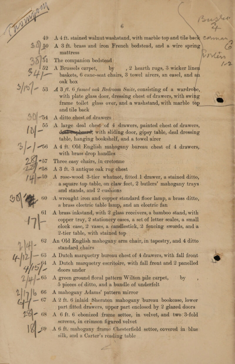 \ feteker’ Fe \ a | \= ae A 4 ft. stained walnut washstand, with marble top and tile eet A 3 ft. brass and iron French bedstead, and a wire spring | lo mattress | ?  re 35)% The companion bedstead _ —— &gt; A Brussels carpet, by , 2 hearth rugs, 3 wicker line 5 Lp I baskets, 6 cane-seat chairs, 3 towel airers, an easel, and , oak box / i | “ 53 A 3 ft. 6 fumed oak Bedroom Suite, consisting of a wardro De, ee with plate glass door, dressing chest of drawers, with swi o a » : frame toilet glass over, and a washstand, with marble top | . and tile back a !\ 54 A ditto chest of drawers. 55 &lt;A large deal chest of 4 drawers, painted chest of drawers, { b| se dgti-tepboared, with sliding door, gipsy table, deal dressing table, hanging bookshelf, and a towel airer ¢ ', | Pa | “56 A4 ft. Old English mahogany bureau chest of 4 drawers, with brass drop handles. . yf *57 Three easy chairs, in cretonne ‘4 “58 &lt;A 3 ft. 3 antique oak rug chest / 4) 59 A rose-wood 3-tier whatnot, fitted 1 drawer, a stained ditto, a square top table, on claw feet, 2 butlers’ mahogany trays and stands, and 2 cushions oO 60 A wrought iron and copper standard floor lamp, a brass ditto, a brass electric table lamp, and an electric fan a Lk ae eee 61 A brass inkstand, with 2 glass receivers, a bamboo stand, with 4 7 | copper tray, 2 stationery cases, a set of letter scales, a small clock case, 2 vases, a candlestick, 2 fencing swords, and a 2-tier table, with stained. top |  h \, i Hl 62 An Old English mahogany arm chair, in tapestry, and 4 ditto ai standard chairs ly ys ‘2 63 A Dutch marquetry bureau chest of 4 drawers, with fall front cy -64 &lt;A Dutch marquetry escritoire, with fall front and 2 panelled ' 4 re] re doors under ) } yl 65 &lt;A green ground floral pattern Wilton pile carpet, by prt 5 pieces of ditto, and a bundle of underfelt 2] )° 66 A mahogany Adams’ pattern mirror — 67 A 2ft. 6 inlaid Sheraton mahogany bureau bookcase, lower part fitted drawers, upper part enclosed by 2 glazed doors LO\- 68 &lt;A 6 ft. 6 ebonized frame settee, in velvet, and. two! 3-fold screens, in crimson figured velvet | iq 9 A 6 ft. mahogany frame Chesterfield settee, covered in blue silk, and a Carter’s reading table “_—