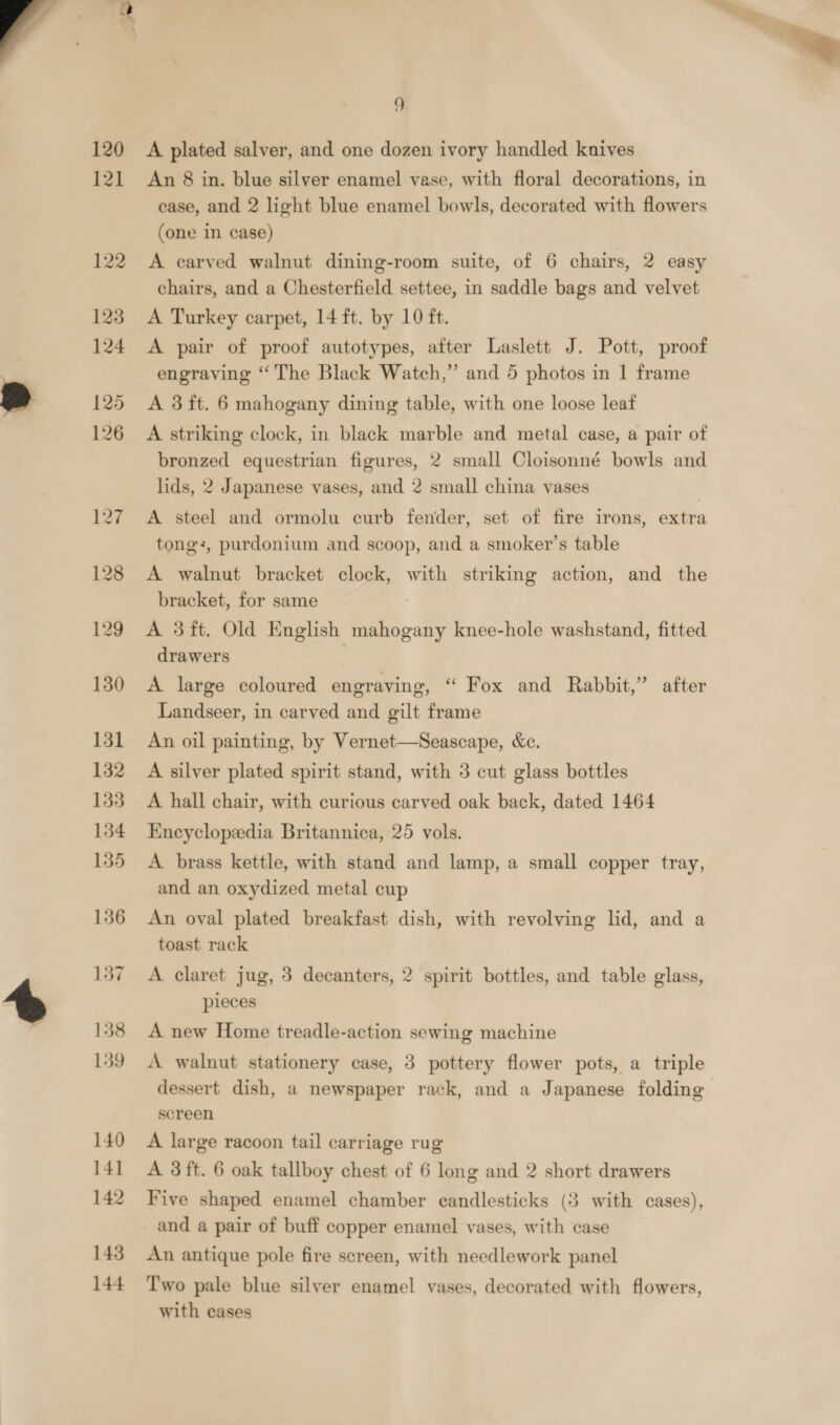    /~ 120 121 122 9 A plated salver, and one dozen ivory handled knives An 8 in. blue silver enamel vase, with floral decorations, in ease, and 2 light blue enamel bowls, decorated with flowers (one in case) A carved walnut dining-room suite, of 6 chairs, 2 easy chairs, and a Chesterfield settee, in saddle bags and velvet A Turkey carpet, 14 ft. by 10 ft. A pair of proof autotypes, after Laslett J. Pott, proof engraving “The Black Watch,” and 5 photos in 1 frame A 3 ft. 6 mahogany dining table, with one loose leaf A striking clock, in black marble and metal case, a pair of bronzed equestrian figures, 2 small Cloisonné bowls and lids, 2 Japanese vases, and 2 small china vases , A steel and ormolu curb fender, set of fire irons, extra tong:, purdonium and scoop, and a smoker’s table A walnut bracket clock, with striking action, and the bracket, for same A 3ft. Old English mahogany knee-hole washstand, fitted drawers A large coloured engraving, “ Fox and Rabbit,” after Landseer, in carved and gilt frame An oil painting, by Vernet—Seascape, &amp;c. A silver plated spirit stand, with 3 cut glass bottles A hall chair, with curious carved oak back, dated 1464 Encyclopedia Britannica, 25 vols. A. brass kettle, with stand and lamp, a small copper tray, and an oxydized metal cup An oval plated breakfast dish, with revolving lid, and a toast rack A claret jug, 3 decanters, 2 spirit bottles, and table glass, pieces A new Home treadle-action sewing machine A walnut stationery case, 3 pottery flower pots, a triple dessert dish, a newspaper rack, and a Japanese folding screen A large racoon tail carriage rug A 3ft. 6 oak tallboy chest of 6 long and 2 short drawers Five shaped enamel chamber candlesticks (3 with cases), and a pair of buff copper enamel vases, with case An antique pole fire screen, with needlework panel Two pale blue silver enamel vases, decorated with flowers, with cases