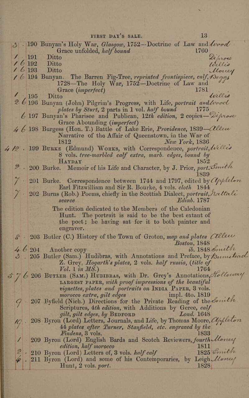 3) - 190 Bunyan’s Holy War, Glasgow, 1752--Doctrine of Law and tvcodl | Grace unfolded, half bound L760 4\-1191. Ditto St ae 46192 Ditto Vb thes 46193 Ditto Mot £6194 Bunyan. The Barren Fig-Tree, reprinted frontispiece, calf, Ae ye | 1728—The Holy War, 1752—Doctrine of Law and Grace (imperfect) 751 / - 195° Ditto litte 2 6196 Bunyan (John) Pilgrim’s Progress, with Life, portrait andlevocct plates by Sturt, 2 parts in 1 vol. half bound 1775 _ 6197 Bunyan’s Pharisee and Publican, 12¢h edition, 2 copies— Vepreve Grace Abounding (cmperfect) Xx 6 198 Burgess (Hon. T.) Battle of Lake Erie, Providence, 1839—CLeeew Narrative of the Affair of Queenstown, in the War of | 1812 New York,1836 |, _&amp; /2., 199 Burxe (Edmund) Works, with Correspondence, portrait,leA es | 8 vols. tree-marbled calf extra, marb. edges, bound by Haypay 1852 Wy, 2 . 200 Burke. Memoir of his Life and Character, by J. Prior, port.d7«€/ 1839 / - 201 Burke. Correspondence between 1744 and 1797, edited by Yiplelen Earl Fitzwilliam and Sir R. Bourke, 4 vols. cloth 1844 | iv - 202 Burns (Rob.) Poems, chiefly in the Scottish Dialect, portrait, ta lta le scarce Edinb. 1787 The edition dedicated to the Members of the Caledonian Hunt. The portrait is said to be the best extant of the poet; he having sat for it to both painter and engraver. § . 203 Butler (C.) History of the Town of Groton, map and plates (Vllew Boston, 1848 4.6204 Another copy ib. 1848 nila 3 . 205 Butler (Sam.) Hudibras, with Annotations and Preface, by Perneeloaol Z. Grey, Hogarth’s plates, 2 vols. half russia, (title of Vol. 1 in MS.) 1764 ; | Ay ve vz 206 Butter (Sam.) Huprpras, with Dr. Grey’s Annotations, We Clown | LARGEST PAPER, with proof impressions of the beautiful | vignettes, plates and portraits on INDIA PaPER, 38 vols. morocco extra, gilt edges impl. 4to. 1819 tf, g . 207 Byfield (Nich.) Directions for the Private Reading of the&lt;7~€ Scriptures, 4¢h edition, with Additions by Geree, calf gilt, gilt edges, by BEDFORD Lond, 1648 , 9 . 208 Byron (Lord) Letters, Journals, and Life, by Thomas Moore, YW leton 44 plates after Turner, Stanfield, ete. engraved by the Findens, 3 vols. 1883 / - 209 Byron (Lord) English Bards and Scotch Reviewers, fourth Lloniey edition, half morocco perm 2 . 210 Byron (Lord) Letters of, 8 vols. half calf 1825 donithe lg|. \211 Byron (Lord) and some of his Contemporaries, by Leigh dlese/ | | Hunt, 2 vols. port. 1828) 