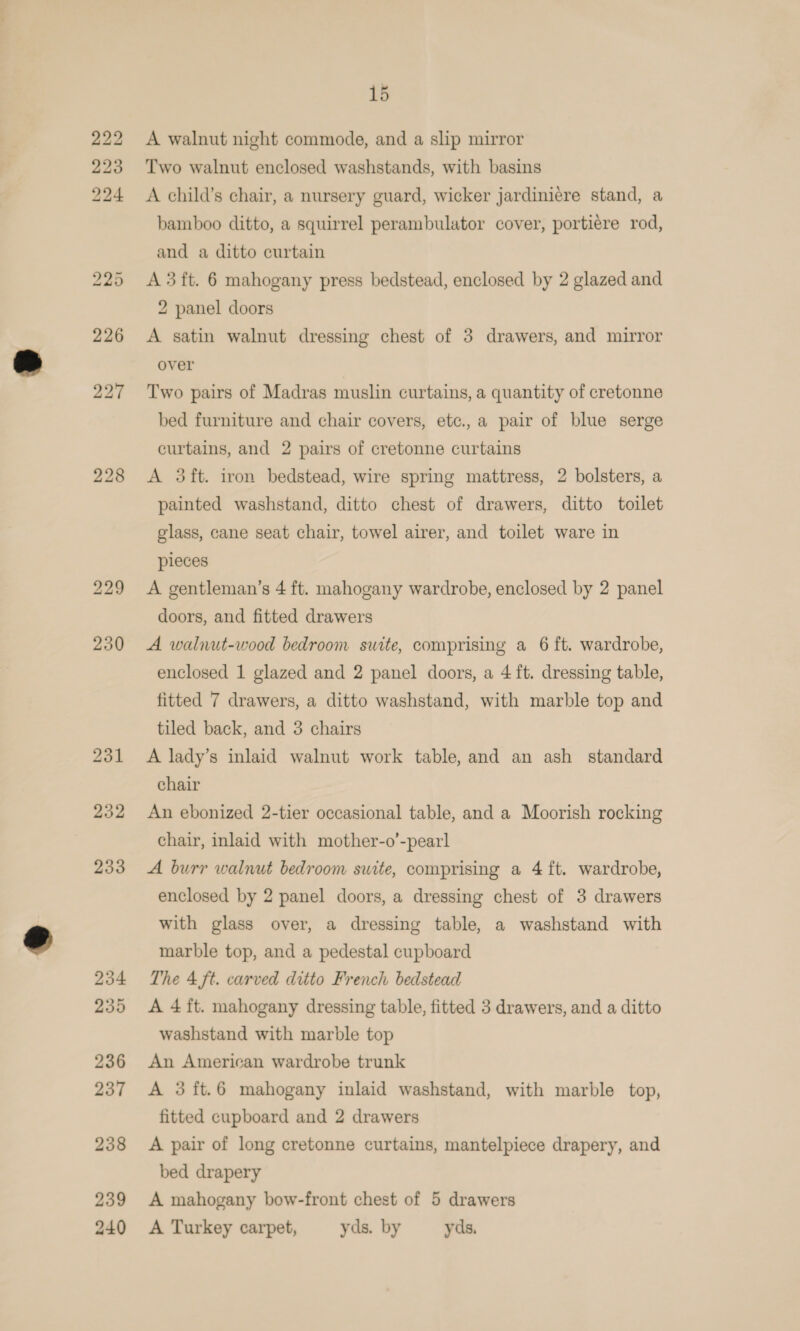 228 A walnut night commode, and a slip mirror Two walnut enclosed washstands, with basins A child’s chair, a nursery guard, wicker jardiniere stand, a bamboo ditto, a squirrel perambulator cover, portiére rod, and a ditto curtain Two pairs of Madras muslin curtains, a quantity of cretonne bed furniture and chair covers, etc., a pair of blue serge curtains, and 2 pairs of cretonne curtains A 3ft. iron bedstead, wire spring mattress, 2 bolsters, a painted washstand, ditto chest of drawers, ditto toilet glass, cane seat chair, towel airer, and toilet ware in pieces A gentleman’s 4 ft. mahogany wardrobe, enclosed by 2 panel doors, and fitted drawers A walnut-wood bedroom suite, comprising a 6 ft. wardrobe, enclosed 1 glazed and 2 panel doors, a 4 ft. dressing table, fitted 7 drawers, a ditto washstand, with marble top and tiled back, and 3 chairs A lady’s inlaid walnut work table, and an ash standard chair An ebonized 2-tier occasional table, and a Moorish rocking chair, inlaid with mother-o’-pearl A burr walnut bedroom suite, comprising a 4 ft. wardrobe, enclosed by 2 panel doors, a dressing chest of 3 drawers with glass over, a dressing table, a washstand with marble top, and a pedestal cupboard The 4 ft. carved ditto French bedstead A 4 ft. mahogany dressing table, fitted 3 drawers, and a ditto washstand with marble top An American wardrobe trunk A 3 ft.6 mahogany inlaid washstand, with marble top, fitted cupboard and 2 drawers A pair of long cretonne curtains, mantelpiece drapery, and bed drapery A mahogany bow-front chest of 5 drawers A Turkey carpet, yds. by yds,