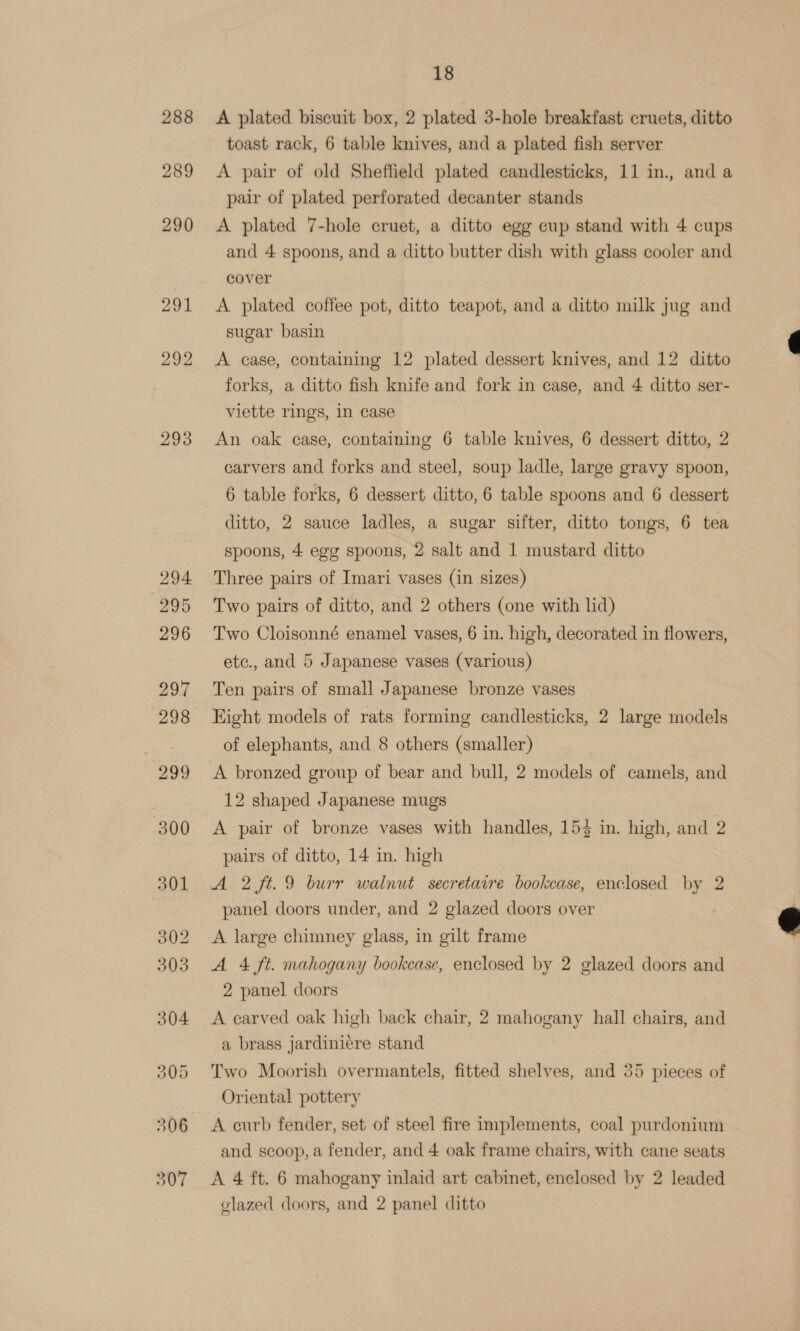 288 289 290 291 292 293 18 A plated biscuit box, 2 plated 3-hole breakfast cruets, ditto toast rack, 6 table knives, and a plated fish server A pair of old Sheffield plated candlesticks, 11 in., and a pair of plated perforated decanter stands A plated 7-hole cruet, a ditto egg cup stand with 4 cups and 4 spoons, and a ditto butter dish with glass cooler and cover A plated coffee pot, ditto teapot, and a ditto milk jug and sugar basin A case, containing 12 plated dessert knives, and 12 ditto forks, a ditto fish knife and fork in case, and 4 ditto ser- viette rings, In case An oak case, containing 6 table knives, 6 dessert ditto, 2 carvers and forks and steel, soup ladle, large gravy spoon, 6 table forks, 6 dessert ditto, 6 table spoons and 6 dessert ditto, 2 sauce ladles, a sugar sifter, ditto tongs, 6 tea spoons, 4 egg spoons, 2 salt and 1 mustard ditto Three pairs of Imari vases (in sizes) Two pairs of ditto, and 2 others (one with lid) Two Cloisonné enamel vases, 6 in. high, decorated in flowers, etc., and 5 Japanese vases (various) Ten pairs of small Japanese bronze vases | Eight models of rats forming candlesticks, 2 large models of elephants, and 8 others (smaller) A bronzed group of bear and bull, 2 models of camels, and 12 shaped Japanese mugs A pair of bronze vases with handles, 153 in. high, and 2 pairs of ditto, 14 in. high A 2 ft. 9 burr walnut secretaire bookcase, enclosed by 2 panel doors under, and 2 glazed doors over A large chimney glass, in gilt frame A 4 ft. mahogany bookcase, enclosed by 2 glazed doors and 2 panel doors A carved oak high back chair, 2 mahogany hall chairs, and a brass jardiniere stand Two Moorish overmantels, fitted shelves, and 35 pieces of Oriental pottery A curb fender, set of steel fire implements, coal purdonium and scoop, a fender, and 4 oak frame chairs, with cane seats glazed doors, and 2 panel ditto 