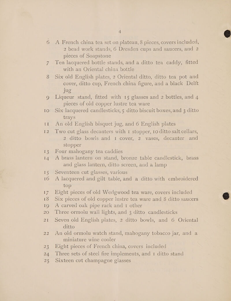 lO tI I2 T3 14 15 16 Wy, 18 19 20 2i 22 23 24 4 A French china tea set on plateau, 8 pieces, covers included, 2 bead work stands, 6 Dresden cups and saucers, and 2 pieces of Soapstone Ten lacquered bottle stands, and a ditto tea caddy, fitted with an Oriental china bottle Six old English plates, 2 Oriental ditto, ditto tea pot and cover, ditto cup, French china figure, and a black Delft jug Liqueur stand, fitted with 15 glasses and 2 bottles, and 4 pieces of old copper lustre tea ware Six lacquered candlesticks, 5 ditto biscuit boxes, and 3 ditto trays An old English bisquet jug, and 6 English plates Two cut glass decanters with 1 stopper, Io ditto salt cellars, 2. ditto, bowls:and. I icover,- 2. vases; decanter, and stopper Four mahogany tea caddies A brass lantern on stand, bronze table candlestick, brass and glass lantern, ditto screen, and a lamp Seventeen cut glasses, various A lacquered and gilt table, and a ditto with embroidered top Eight pieces of old Wedgwood tea ware, covers included Six pieces of old copper lustre tea ware and 8 ditto saucers A carved oak pipe rack and 1 other Three ormolu wall lights, and 3 ditto candlesticks Seven old English plates, 2 ditto bowls, and 6 Oriental ditto An old ormolu watch stand, mahogany tobacco jar, and a miniature wine cooler Hight pieces of French china, covers included Three sets of steel fire implements, and 1 ditto stand Sixteen cut champagne glasses