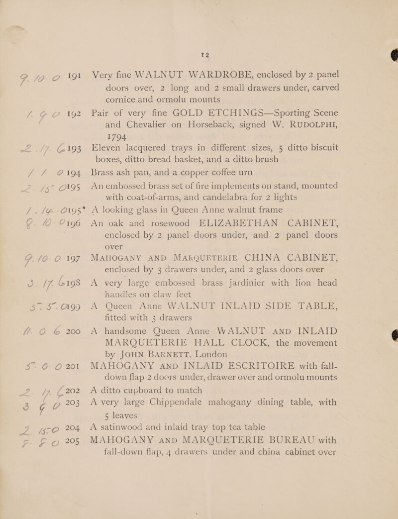 GF. fo. Oo 191 AG O G2 « @193 pak C194 (4° O95 f F, 7“) c* 4 0 I gO G. 10-0 197 aOR if (ol 98 Bao. O1GD Toi 1G. 200 ae = 7) 201 go fo f 202 ! 203 3 4 v ae {g-O 204 PFO 7° 12 Very fine WALNUT WARDROBE, enclosed by 2 panel doors over, 2 long and 2 small drawers under, carved cornice and ormolu mounts Pair of very fine GOLD ETCHINGS—Sporting Scene and Chevalier on Horseback, signed W. RUDOLPHI, 1794 Eleven lacquered trays in different sizes, 5 ditto biscuit boxes, ditto bread basket, and a ditto brush Brass ash pan, and a copper coffee urn An embossed brass set of fire implements on stand, mounted with coat-of-arms, and candelabra for 2 lights A looking glass in Queen Anne walnut frame An oak and rosewood: “HIIZABE DLHAWN FCABEN EW, enclosed by 2 panel doors under, and 2 panel doors over MAHOGANY AND MARQUETERIE CHINA CABINET, enclosed by 3 drawers under, and 2 glass doors over A very large embossed brass jardinier with lion head handles on claw feet A Queen, Fine Was Nee LAD ALI LID eal aan. fitted with 3 drawers handsome Queen Anne WALNUT Anpb INLAID MARQUET PRTE Aggie @LOCK ether aiovement by JOHN BARNETT, London MAHOGANY AnD INLAID ESCRITOIRE with fall- down flap 2 doers under, drawer over and ormolu mounts A ditto cupboard to match A very large Chippendale mahogany dining table, with A 5 leaves A satinwood and inlaid tray top tea table MAHOGANY and MARQUETERIE BUREAU with