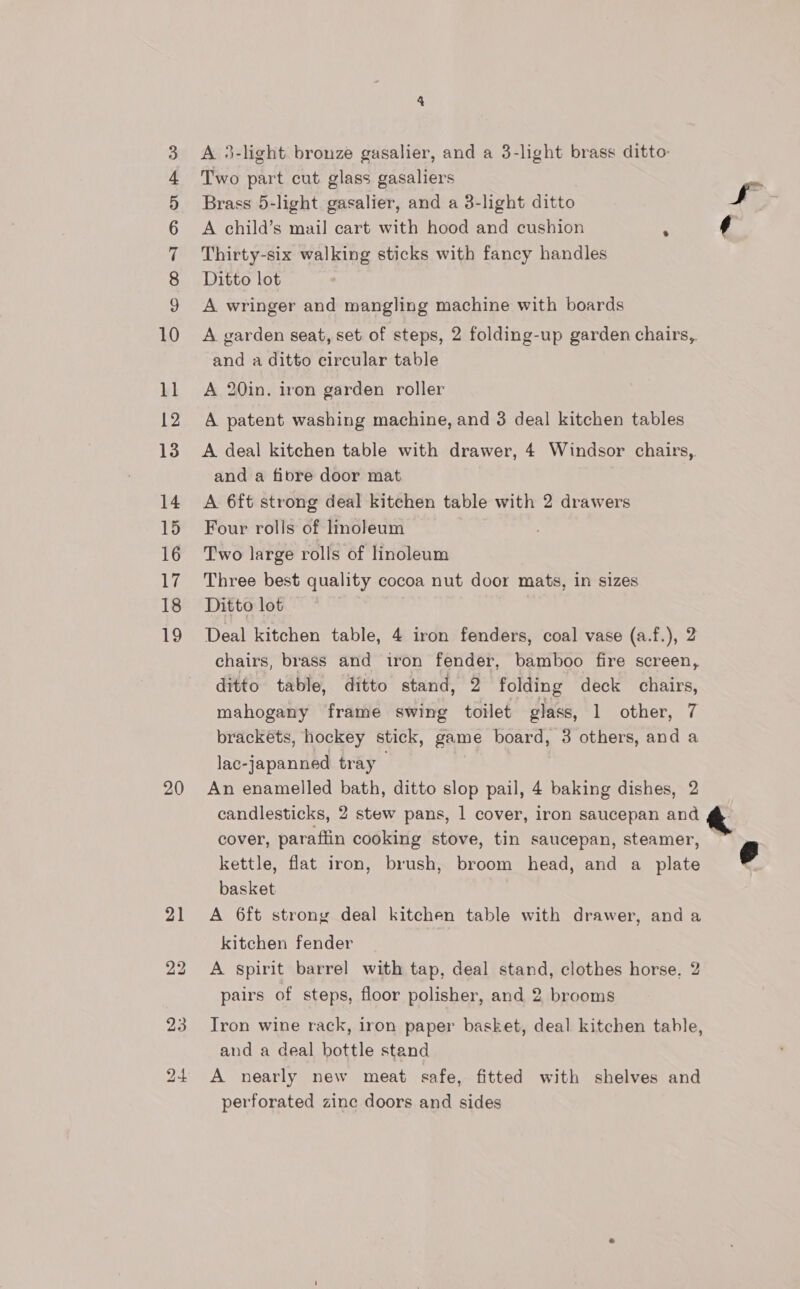 10 11 12 13 14 15 16 1% 18 Ne 20 A 3-light bronze gasalier, and a 3-light brass ditto: Two part cut glass gasaliers Ditto lot A wringer and mangling machine with boards A garden seat, set of steps, 2 folding-up garden chairs,, and a ditto circular table A 20in. iron garden roller A patent washing machine, and 3 deal kitchen tables A deal kitchen table with drawer, 4 Windsor chairs, and a fibre door mat A 6ft strong deal kitchen table with 2 drawers Four rolls of lmoleum Two large rolls of linoleum Three best quality cocoa nut door mats, in sizes Ditto lot Deal kitchen table, 4 iron fenders, coal vase (a.f.), 2 chairs, brass and iron fender, bamboo fire screen, ditto table, ditto stand, 2 folding deck chairs, mahogany frame swing toilet glass, 1 other, 7 brackets, hockey stick, game board, 3 others, and a lac-japanned tray , An enamelled bath, ditto slop pail, 4 baking dishes, 2 candlesticks, 2 stew pans, | cover, iron saucepan and r cover, paraffin cooking stove, tin saucepan, steamer, kettle, flat iron, brush, broom head, and a plate basket A 6ft strong deal kitchen table with drawer, and a kitchen fender A Spirit barrel with tap, deal stand, clothes horse, 2 pairs of steps, floor polisher, and 2 brooms Iron wine rack, iron paper basket, deal kitchen table, and a deal bottle stand A nearly new meat safe, fitted with shelves and perforated zine doors and sides