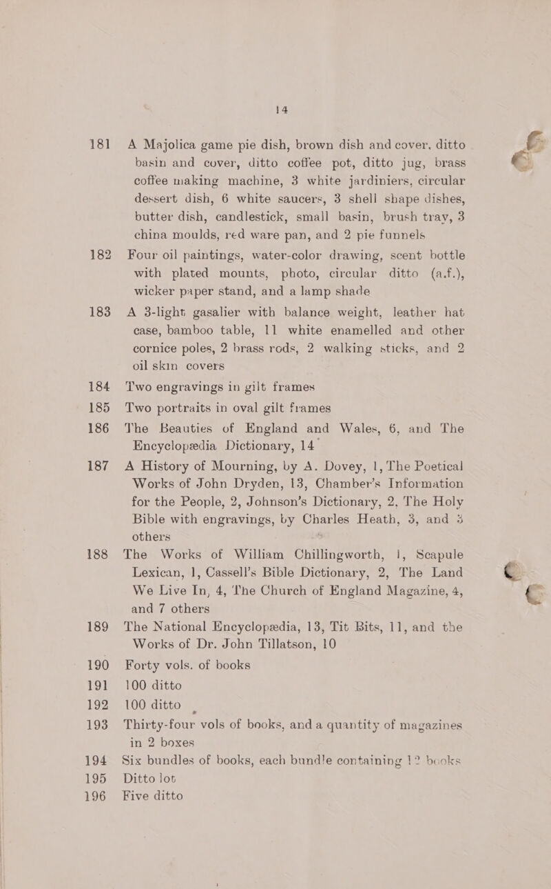 18] 182 183 184 185 186 187 188 189 190 191 192 193 194 195 196 14 A Majolica game pie dish, brown dish and cover, ditto basin and cover, ditto coffee pot, ditto jug, brass coffee making machine, 3 white jardiniers, circular dessert dish, 6 white saucers, 3 shell shape dishes, butter dish, candlestick, small basin, brush tray, 3 china moulds, red ware pan, and 2 pie funnels Four oil paintings, water-color drawing, scent bottle with plated mounts, photo, circular ditto (a.f.), wicker paper stand, and a lamp shade A 3-light gasalier with balance weight, leather hat case, bamboo table, 11 white enamelled and other cornice poles, 2 brass rods, 2 walking sticks, and 2 oil skin covers Two engravings in gilt frames Two portraits in oval gilt frames The Beauties of England and Wales, 6, and The Encyclopedia Dictionary, 14 A History of Mourning, by A. Dovey, 1, The Poetical Works of John Dryden, 13, Chamber’s Information for the People, 2, Johnson’s Dictionary, 2, The Holy Bible with engravings, by Charles Heath, 3, and 3 others The Works of William Chillingworth, |, Scapule Lexican, 1, Cassell’s Bible Dictionary, 2, The Land We Live In, 4, ‘he Church of England Magazine, 4, and 7 others The National Encyclopedia, 13, Tit Bits, 11, and the Works of Dr. John Tillatson, 10 Forty vols. of books 100 ditto 100 ditto Thirty-four vols of books, and a quantity of magazines in 2 boxes Six bundles of books, each bundle containing 1? books Ditto lot Five ditto