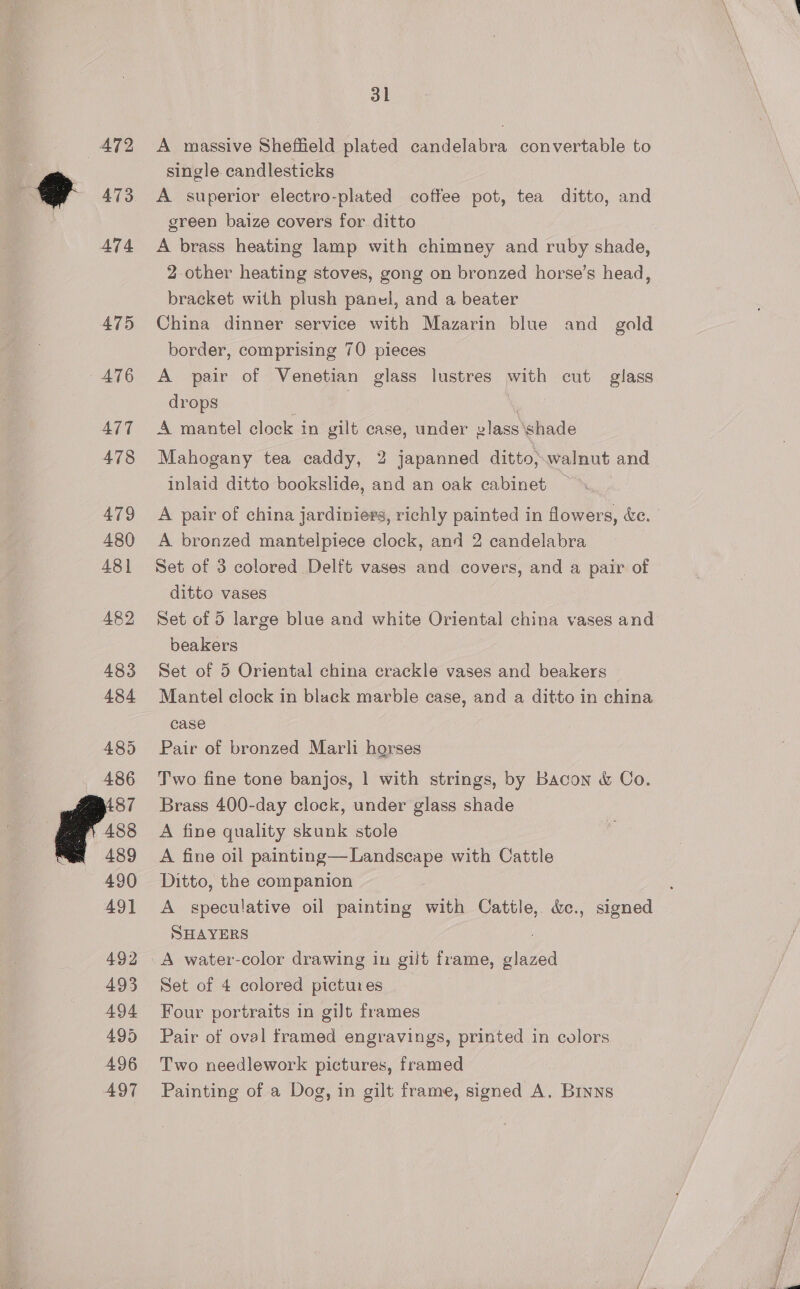 472 473 A474 475 476 ATT 478 479 480 481 482 483 484 485 486 je 488 489 490 491 492 493 494 495 496 31 A massive Sheffield plated candelabra convertable to single candlesticks A superior electro-plated coffee pot, tea ditto, and green baize covers for ditto A brass heating lamp with chimney and ruby shade, 2-other heating stoves, gong on bronzed horse’s head, bracket with plush panel, and a beater China dinner service with Mazarin blue and gold border, comprising 70 pieces A pair of Venetian glass lustres with cut glass drops ) A mantel clock in gilt case, under vlass shade Mahogany tea caddy, 2 japanned ditto)walnut and inlaid ditto bookslide, and an oak cabinet A pair of china jardiniers, richly painted in flowers, &amp;c. A bronzed mantelpiece clock, and 2 candelabra Set of 3 colored Delft vases and covers, and a pair of ditto vases 2 Set of 5 large blue and white Oriental china vases and beakers Set of 5 Oriental china crackle vases and beakers Mantel clock in black marble case, and a ditto in china case Pair of bronzed Marli harses Two fine tone banjos, 1 with strings, by Bacon &amp; Co. Brass 400-day clock, under glass shade A fine guality skunk stole A fine oil painting—Landscape with Cattle Ditto, the companion A speculative oil painting with Cattle, &amp;c., signed SHAYERS A water-color drawing in gilt frame, glazed Set of 4 colored pictures , Four portraits in gilt frames Pair of oval framed engravings, printed in colors Two needlework pictures, framed Painting of a Dog, in gilt frame, signed A. Binns
