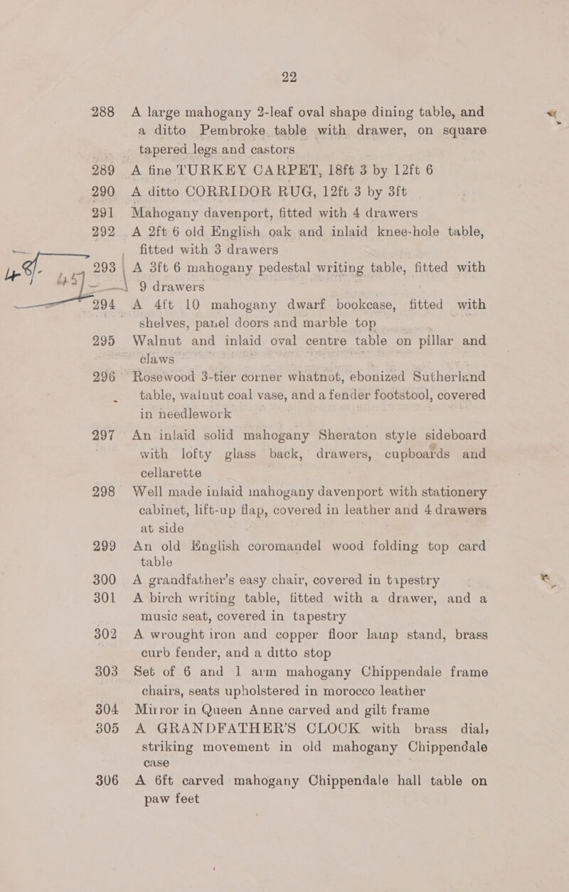 288 A large mahogany 2-leaf oval shape dining table, and a ditto Pembroke table with drawer, on square tapered legs and castors “ah A fine TURKEY CARPET, L8ft 3 by 12ft 6 A ditto CORRIDOR RUG, 12ft 3 by 3ft Mahogany davenport, fitted with 4 drawers A 2ft 6 old English oak and inlaid knee-hole table, fitted with 3 drawers | A 3ft 6 mahogany pedestal writing table, fitted with ~\ 9 drawers A 4tt 10 mahogany dwarf bookcase, fitted with shelves, panel doors and marble top a 295 Walnut and inlaid oval centre table on pillar and ruawes 296° Rosewood 3-tier corner whatnot, ebonized Sutherland table, walnut coal vase, and a fender footstool, covered in needlework | |  997 - An inlaid solid mahogany Sheraton style sideboard with lofty glass back, drawers, cupboards and cellarette 298 Well made inlaid mahogany davenport with stationery cabinet, lift-up flap, covered in leather and 4 drawers at side | 299 An old English coromandel wood folding top card table 300 A grandfather’s easy chair, covered in tipestry 301 &lt;A birch writing table, fitted with a drawer, and a music seat, covered in tapestry 302 A wrought iron and copper floor lamp stand, brass f curb fender, and a ditto stop 303 Set of 6 and 1 arm mahogany Chippendale frame chairs, seats upholstered in morocco leather 304 Mirror in Queen Anne carved and gilt frame 305 A GRANDFATHER'S CLOCK with brass dial, striking movement in old mahogany Chippendale case 306 &lt;A 6ft carved mahogany Chippendale hall table on paw feet