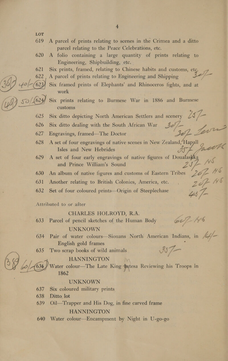 LOT 619 A parcel of prints relating to scenes in the Crimea and a ditto . parcel relating to the Peace Celebrations, etc. 620 A folio containing a large quantity of prints relating to Engineering, Shipbuilding, etc. _ Six prints, framed, relating to Chinese habits and customs, etc. _, -A parcel of prints relating to Engineering and Shipping - jey os. Six framed prints of Elephants’ and Rhinoceros fights, and at work Six prints relating to Burmese War in 1886 and Burmese customs Six ditto depicting North American Settlers and scenery Ky L- Six ditto dealing with the South African War ee . . J Je es give 627 Engravings, framed—The Doctor aif 628 A set of four engravings of native scenes in New Zealand, hae og  Isles and New Hebrides ge 629 A set of four early engravings of native figures of a asi and Prince William’s Sound WS 630 An album of native figures and customs of Eastern woe oat iy ’ 631 Another relating to British Colonies, America, etc. | Ze fp 632 Set of four coloured prints—Origin of Steeplechase es ya Attributed to or after CHARLES HOLROYD, R.A. Pe ics 633 Parcel of pencil sketches of the Human Body eey /YS UNKNOWN | 634 Pair of water colours—Siouans North American pies in Afb/- English gold frames . 635 ‘Two scrap books of wild animals VV, » HANNINGTON 7 by. 636 Water colour—The Late King Jntesa ae his ‘Troops in 1862 UNKNOWN 637 Six coloured military prints 638 Ditto lot 639 Oil—Trapper and His Dog, in fine carved frame HANNINGTON 640 Water colour—Encampment by Night in U-go-go 907 vf ff