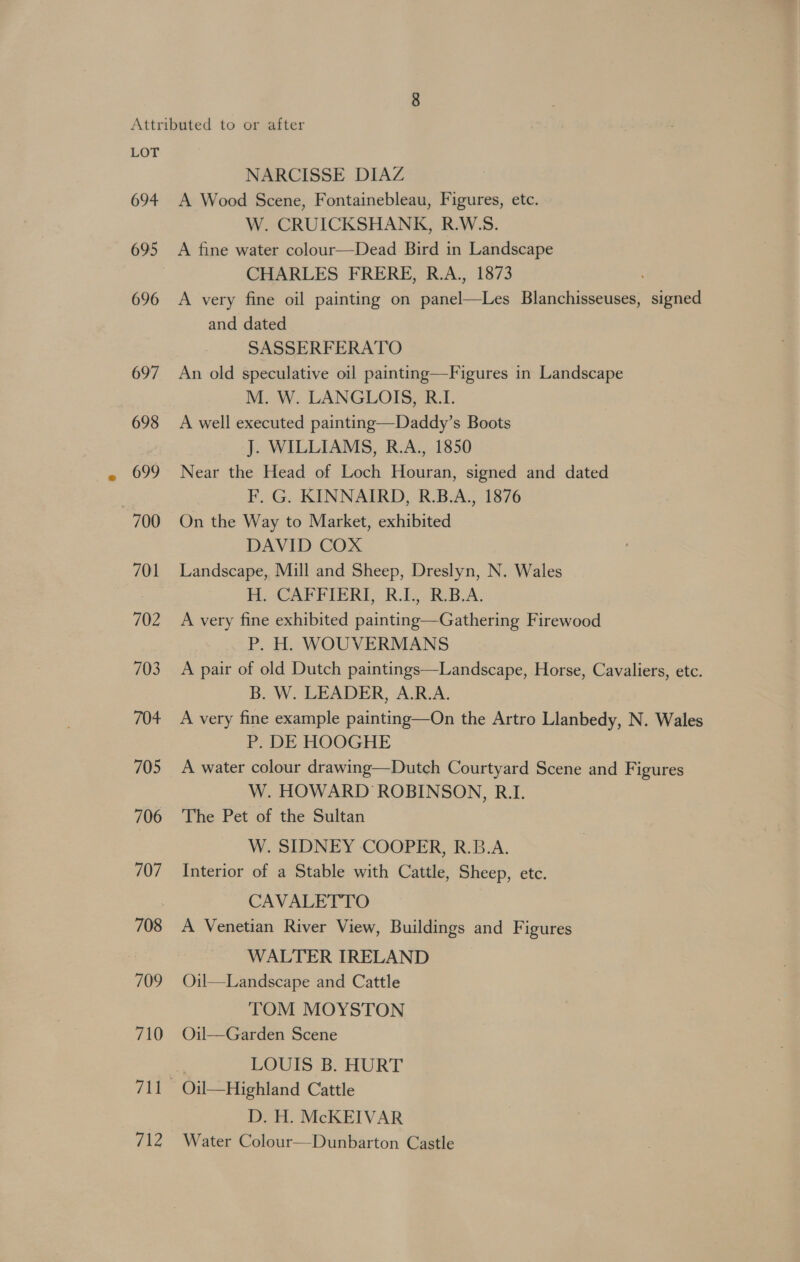 694 696 697 698 699 700 701 702 703 704 705 706 707 708 709 710 712 NARCISSE DIAZ A Wood Scene, Fontainebleau, Figures, etc. W. CRUICKSHANK, R.W.S. A fine water colour—Dead Bird in Landscape CHARLES FRERE, R.A., 1873 A very fine oil painting on panel—Les Blanchisseuses, signed and dated SASSERFERATO An old speculative oil painting—Figures in Landscape M. W. LANGLOIS, R.I. A well executed painting—Daddy’s Boots J. WILLIAMS, R.A., 1850 Near the Head of Loch Houran, signed and dated F. G. KINNAIRD, R.B.A., 1876 On the Way to Market, exhibited DAVID COX Landscape, Mill and Sheep, Dreslyn, N. Wales H. CAFFIERI, R.I., R.B.A. A very fine exhibited painting—Gathering Firewood P. H. WOUVERMANS A pair of old Dutch paintings—Landscape, Horse, Cavaliers, etc. B. W. LEADER, A.R.A. A very fine example painting—On the Artro Llanbedy, N. Wales P: DE HOOGHE A water colour drawing—Dutch Courtyard Scene and Figures W. HOWARD ROBINSON, R.I. The Pet of the Sultan W. SIDNEY COOPER, R.B.A. Interior of a Stable with Cattle, Sheep, ete. CAVALETTO A Venetian River View, Buildings and Figures WALTER IRELAND Oil—Landscape and Cattle TOM MOYSTON Oil—Garden Scene LOUIS B. HURT Oil—Highland Cattle D. H. McKEIVAR Water Colour—Dunbarton Castle