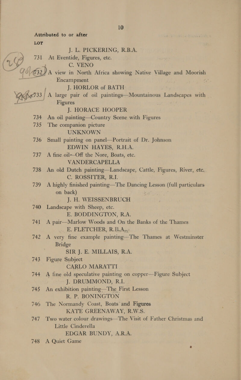 2 Foal Vee 734 735 736 737 738 739 740 wat (et Te 1a 745 746 747 748 J. L. PICKERING, RBA. At Eventide, Figures, etc. C. VENO Encampment J. HORLOR of BATH A large pair of oil paintings—Mountainous Landscapes with Figures J. HORACE HOOPER An oil painting—Country Scene with Figures The companion picture UNKNOWN Small painting on panel—Portrait of Dr. Johnson EDWIN HAYES, R.H.A. A fine oil-—-Off the Nore, Boats, etc. VANDERCAPELLA An old Dutch painting—Landscape, Cattle, Figures, River, etc. C. ROSSITER, R.I. | ; A highly finished painting—The Dancing Lesson (full particulars on back) J. H. WEISSENBRUCH Landscape with Sheep, etc. E. BODDINGTON, R.A. A pair—Marlow Woods and On the Banks of the Thames E.. FLETCHER, R.TeAx, A very fine example imine TOM Thames at Westminster Bridge SIR J. E. MILLAIS, R.A. Figure Subject CARLO MARATTI A fine old speculative painting on copper—Figure Subject J. DRUMMOND, R.I. An exhibition painting—The First Lesson R. P. BONINGTON The Normandy Coast, Boats and Figures KATE GREENAWAY, R.W.S. Two water colour drawings—The Visit of Father Christmas and Little Cinderella EDGAR BUNDY, A.R.A. A Quiet Game
