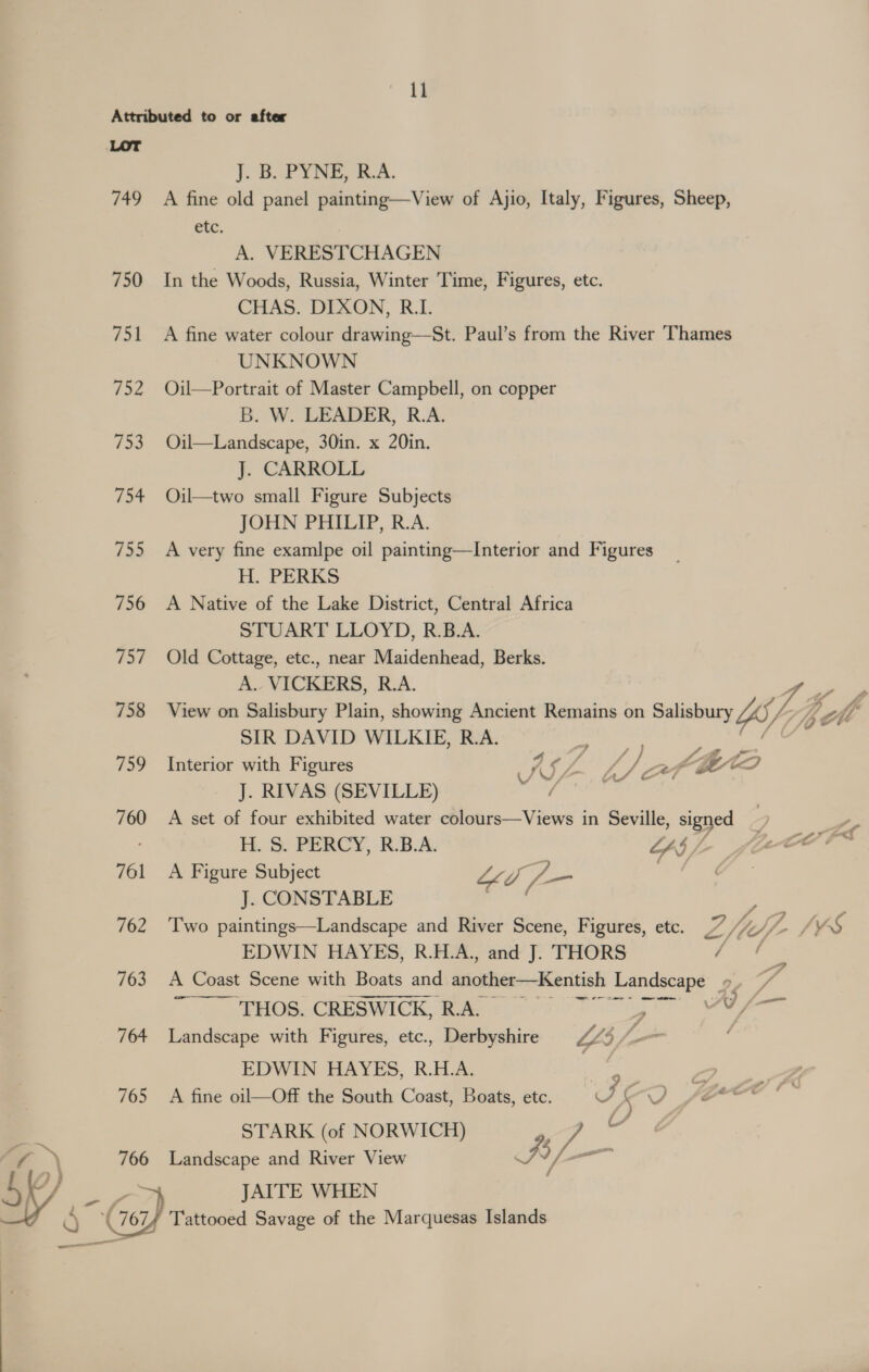 LoT 749 750 751 a52 155 Ss 755 756 757 758 759 760 761 762 763 764 765 766 J. B. PYNE, B.A. A fine old panel painting—View of Ajio, Italy, Figures, Sheep, etc. A. VERESTCHAGEN In the Woods, Russia, Winter Time, Figures, etc. CHAS. DIXON, R.I. A fine water colour drawing—St. Paul’s from the River Thames UNKNOWN Oil—Portrait of Master Campbell, on copper B. W. LEADER, R.A. Oil—Landscape, 30in. x 20in. J. CARROLL Oil—two small Figure Subjects JOHN PHILIP, R.A. A very fine examlpe oil painting—lInterior and Figures H. PERKS A Native of the Lake District, Central Africa STUART LLOYD, R.B.A. Old Cottage, etc., near Maidenhead, Berks. Pes VICKERS, R.A. View on Salisbury Plain, showing Ancient Remains on Salisbury “sy, Lhe SIR DAVID WILKIE, R.A. ret ee Interior with Figures AS k/ 4 Bert 7] J. RIVAS (SEVILLE) | A set of four exhibited water colours—Views in Seville, signed _ A H. S. PERCY, R.B.A. “sh feet A Figure Subject Lid f— J. CONSTABLE pte cle Two paintings—Landscape and River Scene, Figures, etc. 7 , eff SVS EDWIN HAYES, R.H.A., and J. THORS Ae A Coast Scene with Boats and another—Kentish Landscape », $ 7) HOG. GHESWICK, Bec abt er) aes Landscape with Figures, etc., Derbyshire £45 i | EDWIN HAYES, R.H.A. are A fine oil—Off the South Coast, Boats, etc. JF -) ferrr {)} STARK (of NORWICH) 25 ed Bi Landscape and River View JAITE WHEN