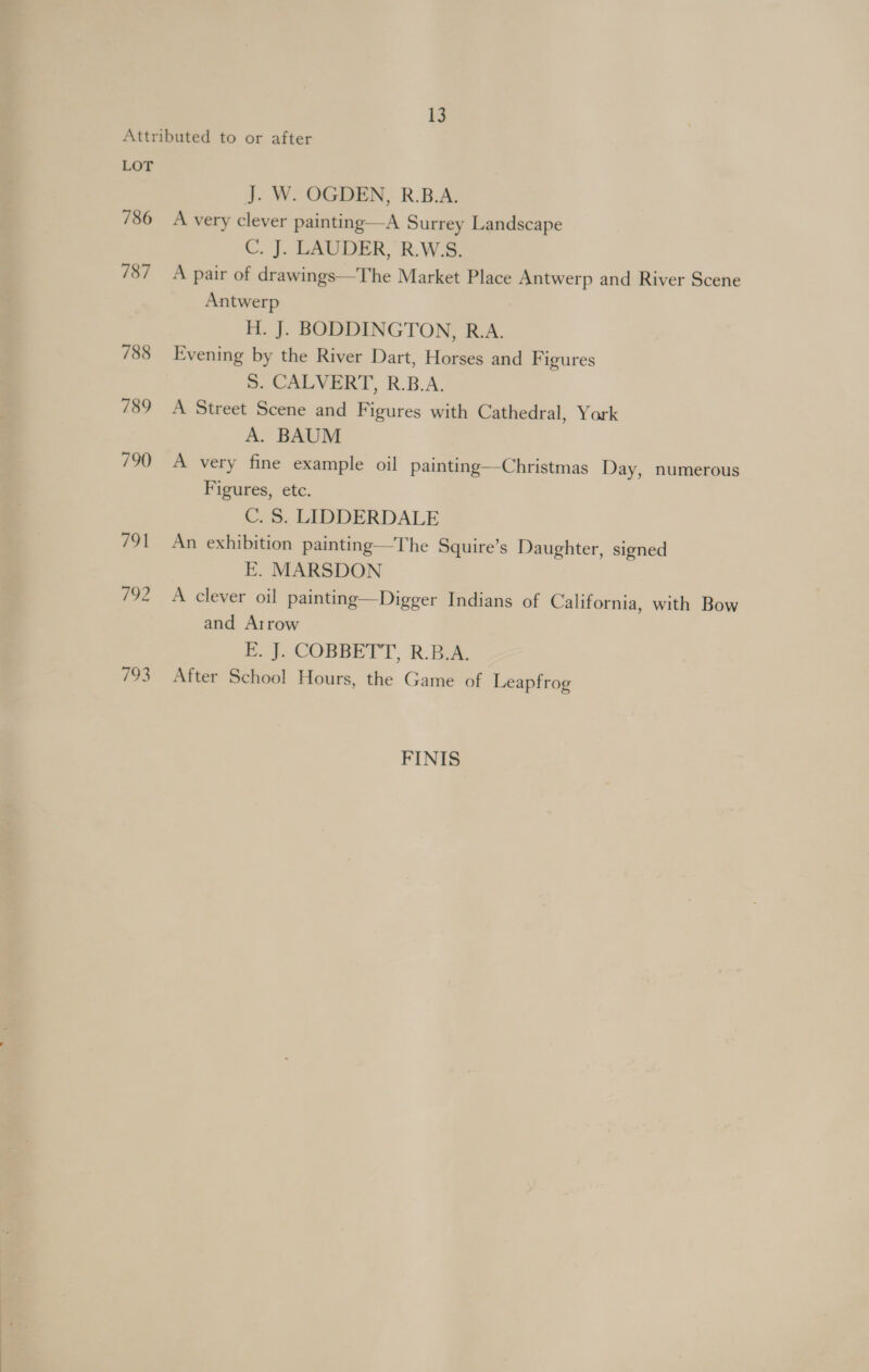 LOT 786 787 788 789 790 791 793 J. W. OGDEN, R.B.A. A very clever painting—A Surrey Landscape C. J. LAUDER, R.W.S. A pair of drawings—The Market Place Antwerp and River Scene Antwerp H. J. BODDINGTON, R.A. Evening by the River Dart, Horses and Figures S. CALVERT, R.B.A. A Street Scene and Figures with Cathedral, York A. BAUM A very fine example oil painting—Christmas Day, numerous Figures, etc. C. S. LIDDERDALE An exhibition painting—The Squire’s Daughter, signed E. MARSDON A clever oil painting—Digger Indians of California, with Bow and Arrow E.2). COBBETT, R. Bea. After School Hours, the Game of Leapfrog FINIS
