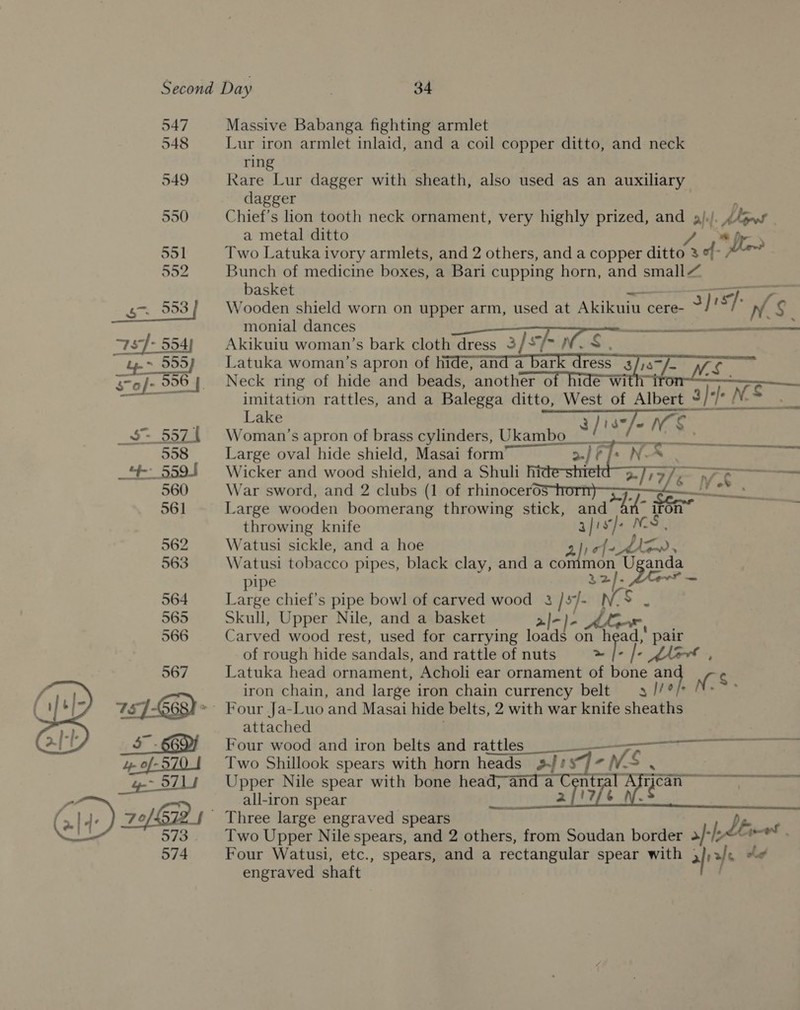 547 548  Massive Babanga fighting armlet Lur iron armlet inlaid, and a coil copper ditto, and neck ring | Kare Lur dagger with sheath, also used as an auxiliary dagger Chief’s lion tooth neck ornament, very highly prized, and Bh |. lows : a metal ditto Two Latuka ivory armlets, and 2 others, and a copper ditto’ 3 of- “Le Bunch of medicine boxes, a Bari cupping horn, and small basket ey). Wooden shield worn on upper arm, used at Akikuiu cere- mt ; sil i . monial dances + ENS &lt;citaitiagatbaaelgleiedl Akikuiu woman’ s bark cloth dress 3 / : “/- WA S$, Latuka woman’s apron of hide, and a bark dress 3 s~f~ Wf 6 Neck ring of hide and beads, another of hide wi ra | imitation rattles, and a Balegga ditto, West of Albert 3} 1 ee ack N oe Yexk Lake MKT Ais RD Woman’s apron of brass cylinders, Ukambo__ * aida NS Large oval hide shield, Masai form Wicker and wood shield, and a Shuli hi alia Ve War sword, and 2 clubs (1 of rhinocerde-hort 3 Bene Large wooden boomerang throwing stick, and “aid iron throwing knife a| Jus] Watusi sickle, and a hoe ) of- ee Watusi tobacco pipes, black clay, and a aon mon Uganda pipe eh ae Large chief's pipe bowl of carved wood 3 | $/- No Riz Skull, Upper Nile, and a basket 2|-)- Carved wood rest, used for carrying loads on h ad, pair of rough hide sandals, and rattle of nuts ™ | /- Latuka head ornament, Acholi ear ornament of bone mh Na iron chain, and large iron chain currency belt 3 //°   attached Four wood and iron belts and rattles cee ts eee Two Shillook spears with horn heads 3)! - =f = NS $ Upper Nile spear with bone head,and a Cen 2 . all-iron spear  Two Upper Nile spears, and 2 others, from Soudan border a}: [Lewes Four Watusi, etc., spears, and a rectangular spear with fr , oe engraved shaft