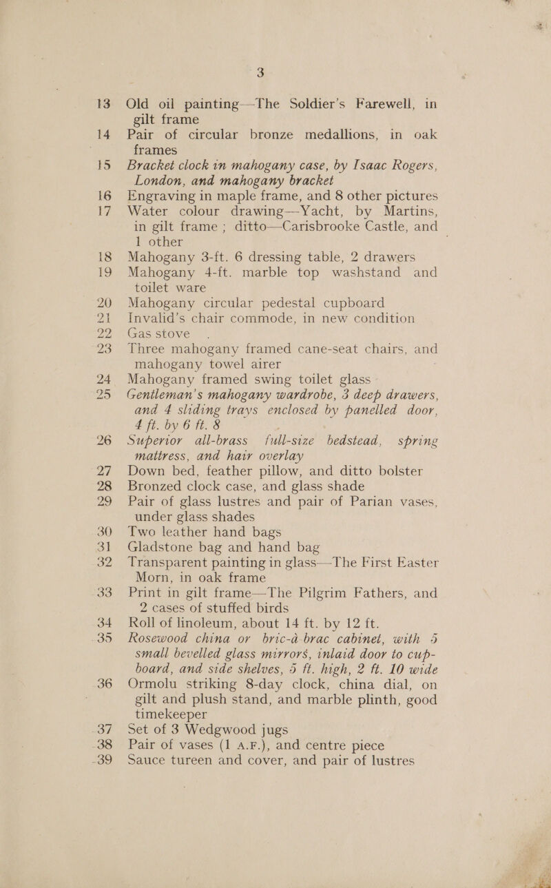 Old oil painting—-The Soldier’s Farewell, in gilt frame Pair of circular bronze medallions, in oak frames Bracket clock in mahogany case, by Isaac Rogers, London, and mahogany bracket Engraving in maple frame, and 8 other pictures Water colour drawing—Yacht, by Martins, 1 other Mahogany 3-{t. 6 dressing table, 2 drawers Mahogany 4-ft. marble top washstand and toilet ware Mahogany circular pedestal cupboard Invalid’s chair commode, in new condition Gas stove Three mahogany framed cane-seat chairs, and mahogany towel airer Mahogany framed swing toilet glass Gentleman's mahogany wardrobe, 3 deep drawers, and 4 sliding trays enclosed by panelled door, 4 ft. by 6 ft. 8 Superior all-brass full-size bedstead, spring mattress, and hawy overlay Down bed, feather pillow, and ditto bolster Bronzed clock case, and glass shade Pair of glass lustres and pair of Parian vases, under glass shades Two leather hand bags Gladstone bag and hand bag Transparent painting in glass—The First Easter Morn, in oak frame Print in gilt frame—The Pilgrim Fathers, and 2 cases of stuffed birds Roll of linoleum, about 14 ft. by 12 ft. Rosewood china or bric-d-brac cabinet, with 5 small bevelled glass mirrors, inlaid door to cup- board, and side shelves, 5 ft. high, 2 ft. 10 wide Ormolu striking 8-day clock, china dial, on gilt and plush stand, and marble plinth, good timekeeper Set of 3 Wedgwood jugs Pair of vases (1 a.F.), and centre piece Sauce tureen and cover, and pair of lustres