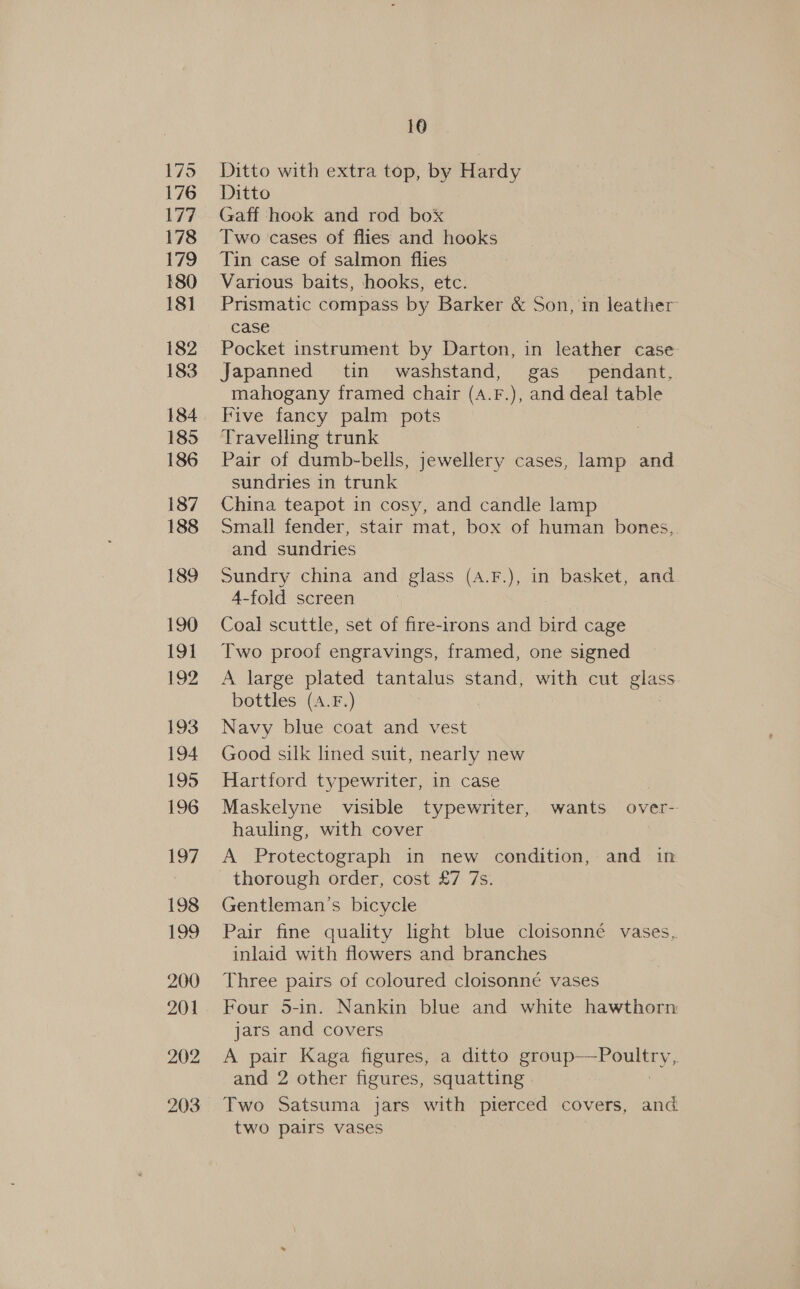 175 176 177 178 179 180 18] 182 183 185 186 187 188 189 190 191 E92 193 194 195 196 197 198 199 200 201 202 203 10 Ditto with extra top, by Hardy Ditto Gaff hook and rod box Two cases of flies and hooks Tin case of salmon flies Various baits, hooks, etc. Prismatic compass by Barker &amp; Son, mm leather case Pocket instrument by Darton, in leather case Japanned tin washstand, gas _ pendant, mahogany framed chair (A.F.), and deal table Five fancy palm pots Travelling trunk Pair of dumb-bells, jewellery cases, lamp and sundries in trunk China teapot in cosy, and candle lamp Small fender, stair mat, box of human bones,. and sundries Sundry china and glass (4.F.), in basket, and 4-fold screen Coal scuttle, set of fire-irons and bird cage Two proof engravings, framed, one signed A large plated tantalus stand, with cut glass bottles (A.F.) Navy blue coat and vest Good silk lined suit, nearly new Hartford typewriter, in case Maskelyne visible typewriter, wants over- hauling, with cover A Protectograph in new condition, and in thorough order, cost £7 7s. Gentleman’s bicycle Pair fine quality light blue cloisonné vases, inlaid with flowers and branches Three pairs of coloured cloisonné vases Four 5-in. Nankin blue and white hawthorn jars and covers A pair Kaga figures, a ditto oe Ca and 2 other figures, squatting Two Satsuma jars with pierced covers, and two pairs vases