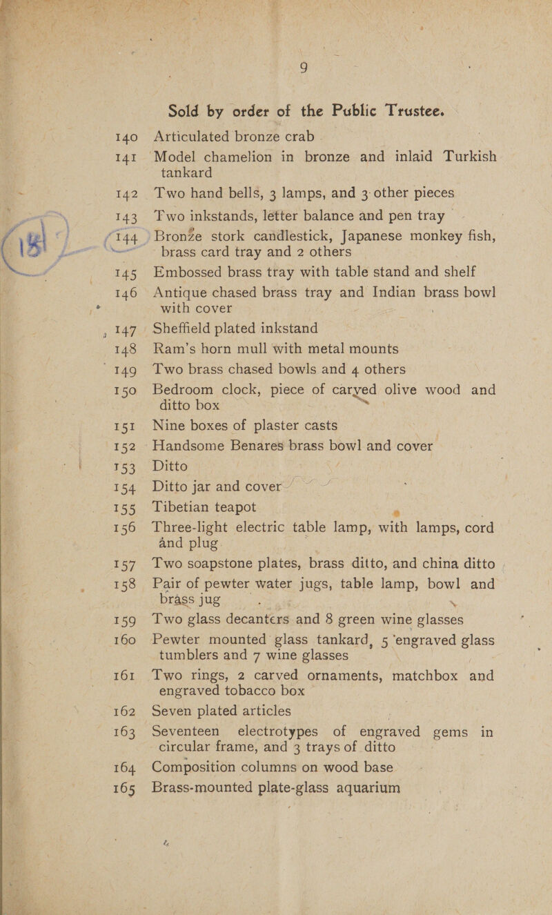   140 I4I 142 143 145 146 47 148 150 151 152 153 154 155 156 ey 158 159 160 161 162 163 164 165 Sold by order of the Public Trustee. Articulated bronze crab . tankard Two hand bells, 3 lamps, and 3 other pieces Two inkstands, letter balance and pen tray Bronze stork candlestick, Japanese monkey fish, brass card tray and 2 others Embossed brass tray with table stand and shelf Antique chased brass tray and Indian brass bowl with cover . Sheffield plated inkstand Ram’s horn mull with metal mounts Two brass chased bowls and 4 others Bedroom clock, piece of caryed olive wood and ditto box Nine boxes of plaster casts | Handsome Benares brass bowl and cover Ditto | Ditto jar and cover” Tibetian teapot Three-light electric table lamp, oan lamps, cord and plug. Two soapstone plates, brass ditto, and china ditto Pair of pewter water jugs, table lamp, bowl and brass jug ; . . Two glass decanters and 8 green wine glasses Pewter mounted glass tankard, 5 ‘engraved ae tumblers and 7 wine glasses Two rings, 2 carved ornaments, matchbox bad engraved tobacco box Seven plated articles Seventeen electrotypes of engraved gems in circular frame, and 3 trays of ditto Composition columns on wood base Brass-mounted plate-glass aquarium
