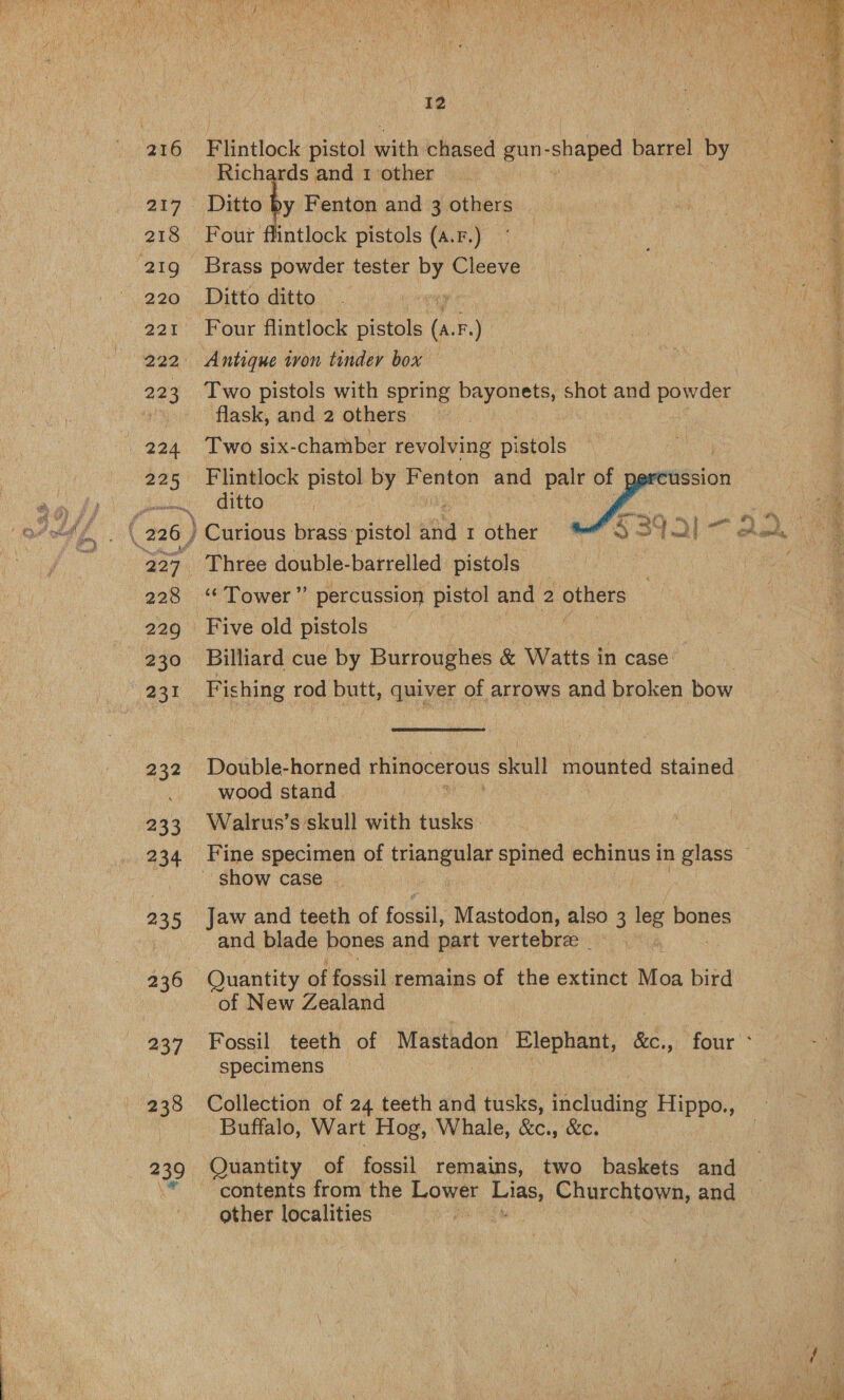 12 Flintlock pistol wih chased gun- sshaped barrel by ) Richards and 1 other | Four flintlock pistols (4.F.) Antique ivon tinder box — Two pistols with spring bayonets, shot and powder flask, and 2 others Two six-chamber revolving pistols  Flintlock pistol by Fenton and palr of ssion ditto na ee Five old pistols 3 Billiard cue by Burroughes &amp; Watts in case Fishing rod butt, quiver of arrows and broken bow Double-horned rhinocerous skull mounted stained wood stand Walrus’s skull with tusks Jaw and teeth of fossil, Mastodon, also 3 leg Hanes and blade bones and part vertebre . of New Zealand Fossil teeth of Mastadon Elephant, &amp;c., four * specimens Collection of 24 teeth and tusks, gare Hippo., Buffalo, ‘Wart Hog, Whale, &amp;c., &amp;c. Quantity of fossil remains, two baskets sud contents from the Lower Lies, Churchtown, and other localities rh 