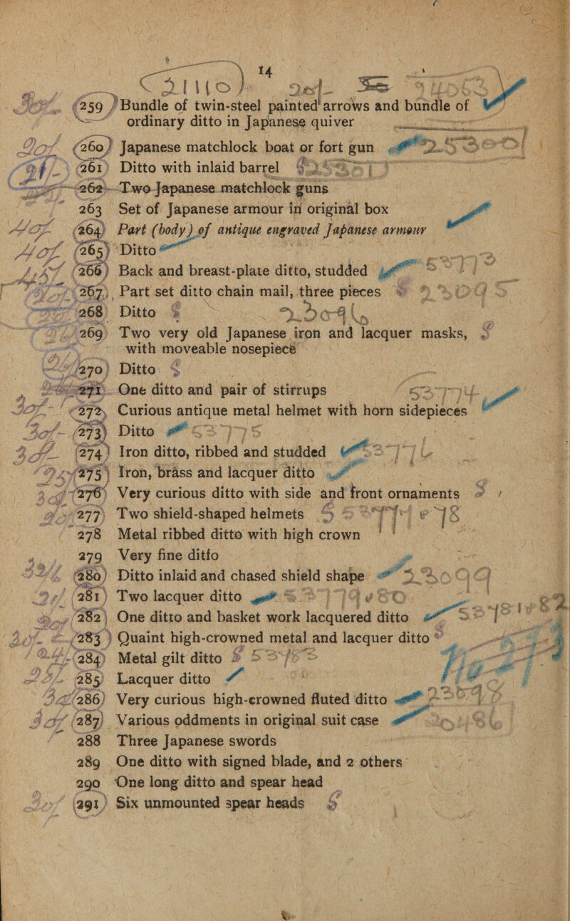  a + ar es 2 cargo hates 4 Cay \{ ae. Des re i — ee wal            i Sa 4 ee? .¢ (2 Paget of twin-steel painted’ arrows and bundle of ; ‘ “. pe | * tl ordinary ditto in Japanese GUiVer 5202. uate ori s] M 3 i: f (260 60) Japanese matchlock boat or fort cal “ . =i oo c i. /Q _\ (261) Ditto with inlaid barrel Pay pol ee z | aba Two Japanese matchlock { guns  | . 263 Set of Japanese armour in original box | oa 4 ST C0 ave ¢ body } of antique engraved iy apanese armour — bead 56 366) Back and breast-plate ditto, studded ae” 2 2 2 | ~ : a ey ie a ay , ee ey Ry Be ~ se 4 67 Re Fart. set ato) chain nae three erate v9 400.) Ag ee 65) Two very old pase iron an lacquer masks, is ‘ with moveable banat % ie 70) Ditto ; 4 o rr = One ditto and pair of stirrups ee: 377 TY oP ah Gf, Dae 372, Curious ee a helt with horn sobieds 3g 8 Dito 53775 oe : 3h fe 274) Iron ditto, r ribbed apa studded ea . 4  ‘ 27 ay ene curious ditto with side and front ornaments = iye eS Two shield- -shaped helmets S 5 “IT 4 ee “278 Metal ribbed ditto with high crown | | | 4. 279 Very fine ditto Ao A; i ot eA @80) Ditto inlaid and chased sheet d shape: 2.s04¢ LO ef (281) Two lacquer ditto gi” 7 14 Ad ak @. Senay ‘ 2 a aes One ditto and basket mak na he ditto “S58 a og ig £283} Quaint high- bear ao metal and lacquer ditto . 3 e - yan Metal gilt ditto » 5° Sat ‘> yi rg 3G - 285) Lacquer ditto | ee et be “Bat /286) Very curious high-crowned fluted ditto 22% 4 D ae a (289) Various oddments in original suit case wo An HSBSE | ~ 288 Three Japanese swords gs SoS | 289 One ditto with signed blade, and 2 bihers: ago “One long ditto and spear head _ (291, ) Six unmounted spear heads § p    Rix.