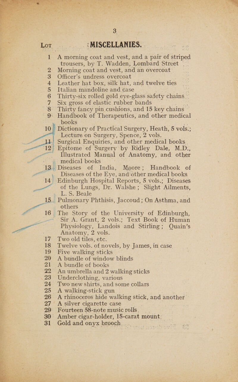   3 cMISCELLANIES. | — trousers, by T. Wadden, Lombard Street | Morning coat and vest, and an overcoat Officer’s undress overcoat Leather hat box, silk hat, and twelve ties Italian mandoline and case ‘ Thirty-six rolled gold eye-glass safety chains a Six gross of elastic rubber bands : Thirty fancy pin cushions, and 15 key chains — Handbook of Therapeutics, and other medical books Dictionary of Practical Surgery, Heath, 5 vols.; Lecture on Surgery, Spence, 2 vols. Surgical Enquiries, and other medical books | Epitome of Surgery by Ridley Dale, M. D:, Illustrated Manual of Anatomy, and other medical books | | Diseases of the Eye, and other medical books of the Lungs, Dr. Walshe ; Slight Ailments, i or beale others Sir A. Grant, 2 vols.; Text Book of Human Physiology, Landois and Stirling; Quain’s Anatomy, 2 vols. Two old tiles, etc. Twelve vols. of novels, by James, in case Five walking sticks A bundle of window blinds A bundle of books An umbrella and 2 walking sticks Underclothing, various Two new shirts, and some collars A walking- stick gun 7 A rhinoceros hide walking stick, and another