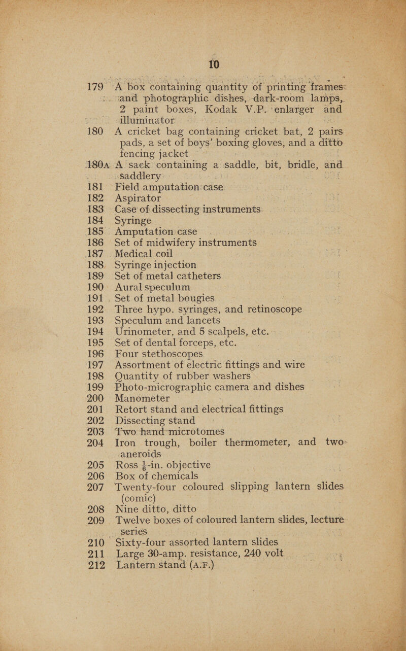  10 179 -A box containing quantity of printing frames: sand photographic dishes, dark-room lamps,. 2 paint boxes, Kodak V. P. puna ey 2 illuminator» ; 180 A cricket bag con amas cricket bat, 2 pairs pads, a set of boys’ iia! sees and a ditto fencing jacket 180A A sack’ ceeene a beak bit, pridle, and Saddlery: | 181 Field amputation case 182 Aspirator : 183 Case of dissecting instruments: . 184 Syringe 185 Amputation case 186 Set of midwifery instruments 187 Medical coil | 188, Syringe injection 189 Set of metal catheters 190: Aural speculum 191 , Set of metal bougies ; 3 192 Three hypo. syringes, and Peulpsappe 193. Speculum and lancets 194 Urinometer, and 5 scalpels, etc. - 195 Set of dental forceps, etc. 196 Four stethoscopes. : 197 Assortment of electric fittings and wire 198 Quantity of rubber washers 199 Photo-micrographic camera and dishes 200 Manometer 201 Retort stand and SEA fittings 202 Dissecting stand 203 Two hand microtomes 204 Iron trough, boiler thermometer, and two- aneroids 205 Ross 4-in. objective 206 Box of chemicals 207 Twenty-four coloured slipping lantern slides (comic) 208 Nine ditto, ditto 209 Twelve boxes of coloured lantern slides, lecture | . . S@rkes | 210 Sixty-four assorted lantern slides 211. Large 30-amp. resistance, 240 volt 212 Lantern stand (a-F.)  