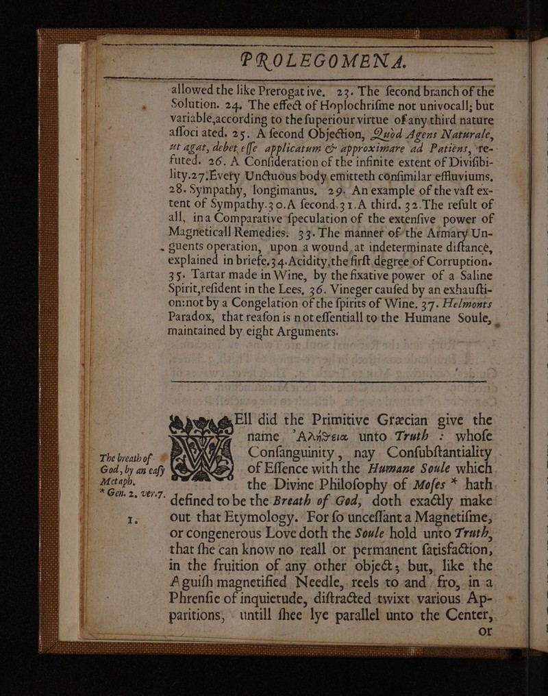 Pw dune tno Aet ES OC SHESG FOOLER ITS, The breath of Mctapb. * Gen. 2, Ver.7, I. ununi PROLEGOMEN A. Solution. 24. The effect of Hoplochrifme not univocall; but variable,according to the fuperiour virtue ofany-third nature affoci ated. 25. A fecond Objection, Quod Agens Naturale, futed. 26. A Confideration of the infinite extent of Divifibi- lity.27.Evety Unctuous body emitteth confimilar effluviums, 28. Sympathy, longimanus, 29. An example of the vaft ex- tent of Sympathy.3 o.A fecond.31.A third. 32. The refult of all, ina Comparative fpeculation of the extenfive power of Magneticall Remedies. 53. The manner ofthe Armary Un- guents operation, upon a wound, at indeterminate diftance, explained in briefe,5 4. Acidity,the firft degree of Corruption. 35. Tartar made in Wine, by the fixative power of a Saline Spirit,refident in the Lees, 26. Vineger caufed by an exhaufti- on:not by a Congelation of the fpirits of Wine. 27. He/monts maintained by eight Arguments. awa dx Ell did the Primitive Grecian give the 3z mame AaAnvea unto Truth : whofe Confanguinity , nay Confubftantiality of Effence with the Humane Soule which D the Divine Philofophy of Mofes * hath defined to be the Breath of Ged, doth exactly make out that Etymology. For fo unceflant a Magnetifme, or congenerous Love doth the Soule hold unto Trath, that fhe can know no reall or permanent fatisfaction, in the fruition of any other obje&amp;t; but, like the A guifh magnetified Needle, reels to and . fro, in. a Phrenfie of inquietude, diftracted twixt various Ap- paritions, - untill fhee lye parallel unto the Center, or