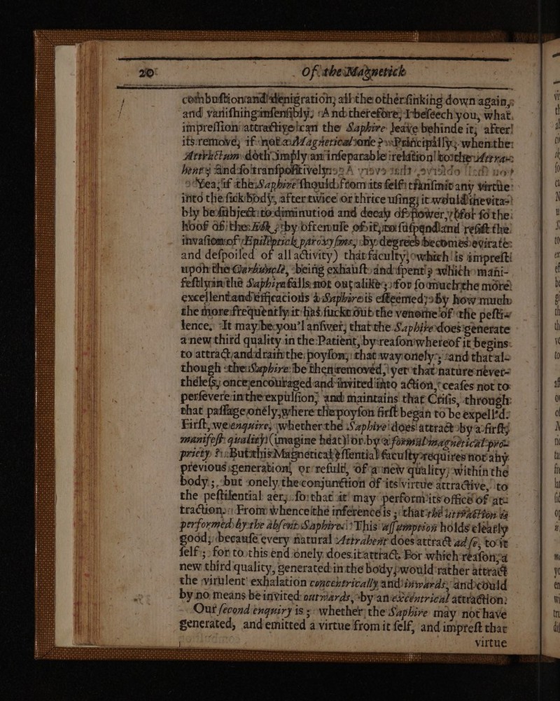 cotnbuftionand)/dtenig ration; allthe othérfinkihg down again; and variifhingimfenfibly; «A nd therefore) Tbefeech you, what. impreflion’ attrattiyelican the Saphire: leave behinde it; after! its-remove; if metaALagserical sone ? »Priücipil Iy;-whemnthe: Attrattam: doth Imply an infeparable relation! voltheudtr ran henry ind-fo'tranfpofitivelyis? A yiave 1d evido lind) no? 2 Yea; if thes apbive Thoukdfrom its felf: tfanfinit any virtüe: into the fick body, aftertwice or thrice ufingi it would trevitas bly be-fribje&:to-diminutiod and decay dffower,ybfot fothe: hoof d6i the:Adk ;by ofremufe ofit}refifpendiand retift the invafiomof: ae pileptick paroxy fms; dy: degree becomes evita te: and defpoiled of allactivity) thátfacultyjowhich |is imprefti upoh the Garhunelé, -being exhauft;dnd:fpenti? avhi¢ho mani- feftlyanithe Suphiyafalls: not outalikes, for foanucirthe nore: excellentandemeacions àisapbzreis effeemed;5By how much the more:frequently it has fucke Gub the venomre of «tlie peftix fence, It may‘becyou’l anfwer; thatthe Saphiredoesigenerate anew third quality in the Patient, by-reafon'whereof it begins: to attractanddrait the: poyfom;: that way ortely^; sand thatale though stheuSuphire: be theniremovéd; yer that nature néver- thelefs; onceencouraged and invitediihto a tion / ceafes not to perfevere:intheexpilfion; and maintains that Ctitis, through: that paffage onély,wherethepoyfon firft began to be expelltd: Firlt, weenguire, whetherthe Sapbivedoes! attract by a-firft; manifeff: quality; (imagine nant aformabmatnericalproz priety *:ButalisMagneticat?fiential faculty requires tior ahy previous generation! or refultl, Of anew quality; withinthe body; -but »onely theconjunttion of its'virtue attra@ive, to the peflilential aer; fo:that at may perform its office of ate traction: From whence ithe inferenceis ; that rhe 1575926405 s performed bythe abfent Saphires This: wf emption holds clearly good; becanfé every natural Aetrahent does attra ad fe; toot fel£ ; for to.this end énely doesitattta@. Ror which réafon;d new third quality, generated: inthe body would rather attract the virulent’ exhalation cogcektrically andi bise; andeould by no means be invited: ourmards, by an eXééztricul attraction: Our fecond enquiry is ; whether) the Saphire may nothave generated, andemitted à virtue from it felf, and impteft that virtue
