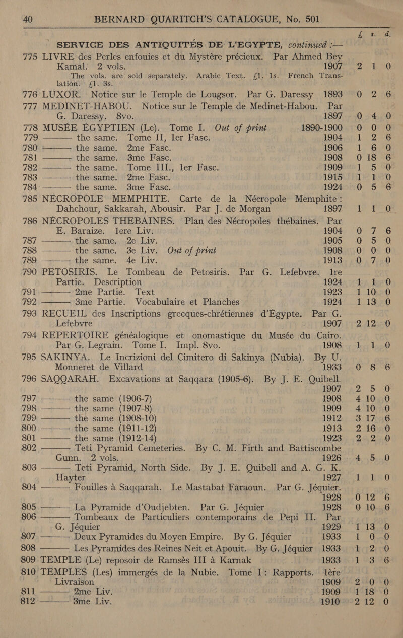 - SERVICE DES ANTIQUITES DE L’EGYPTE, continued :-— 775 LIVRE des Perles enfouies et du Mystére précieux. Par Ahmed Bey Kamal. 2 vols. 1907 The vols. are sold separately. Arabic Text. f1. 1s. French Trans- lation. 1. 3s. 776 LUXOR. - Notice sur le Temple de Lougsor. Par G. Daressy 1893 777 MEDINET-HABOU. Notice sur le Temple de Medinet-Habou. Par                   G. Daressy. 8vo. 1897 778 MUSEE EGYPTIEN (Le). Tome I. Out of print 1890-1900 779 the same. Tome II, ler Fasc. 1904 780: ———. the same. 2me Fasc. 1906 781 the same. 3me Fasc. 1908 782 ———— the same. Tome III., ler Fasc. 1909 783 —_—— the same. | 2me Fasc. | | 1915 784: the same. 3me Fasc. 1924 785 NECROPOLE MEMPHITE. Carte de la Nécropole Memphite : Dahchour, Sakkarah, Abousir. Par J. de Morgan 1897 786 NECROPOLES THEBAINES. Plan des Nécropoles thébaines. Par BE. Baraize,, bere: Liv 1904 787 the sameyy Ze) iv. 1905 788 the same. 3e Liv. Out of print 1908 789 the same. 4e Liv. 1913 790 PETOSIRIS. Le Tombeau de Petosiris. Par G. Lefebvre. Ire Partie. Description 1924 791 2me Partie. Text 1923 792 3me Partie. Vocabulaire et Planches 1924 793 RECUEIL des Inscriptions grecques-chrétiennes d’Egypte. Par G. Lefebvre | 1907 794 REPERTOIRE généalogique et onomastique du Musée du Cairo. Par G. Legrain. Tome I. Impl. 8vo. 1908 795 SAKINYA. Le Incrizioni del Cimitero di Sakinya (Nubia). By U. Monneret de Villard 1933 796 SAQQARAH. Excavations at Saqqara (1905-6). By J. E. Quibell. | 1907 Vie the same (1906-7) 1908 798 ———— the same (1907-8) 1909 799: ———— the same (1908-10) 1912 800 the same (1911-12) : 1913 801 the same (1912-14) 1923 802. Teti Pyramid Cemeteries. By C. M. Firth and Battiscombe Gunn. 2 vols. 1926 | 803 Teti Pyramid, North Side. By J. E. Quibell and A. G. K. Hayter 1927 804 ———— Fouilles 4 Saqqarah. Le Mastabat Faraoun. Par G. Jéquier. 1928 805 La Pyramide d’Oudjebten. Par G. Jéquier 1928 806 Tombeaux de Particuliers contemporains de Pepi Il Pax G. Jéquier 1929 807 Deux Pyramides du Moyen Empire. ByG. Jéquier 1933 808 Les Pyramides des Reines Neit et Apouit.. By G. Jéquier 1933 809 TEMPLE (Le) reposoir de Ramsés III 4 Karnak 1933 810 TEMPLES (Les) immergés de la Nubie. Tome I: Rapports lére - Livraison 1909 811 2me Liv. a: 1909 812 3me Liv. ; : 1910  © Oe Oe = OO _— iS) — aes ANODNO at NO vn OOOO! 6x1. O O OORmeOCSO op) ooon on) GO OD OS 6d) OS SO &gt; oy) So ois