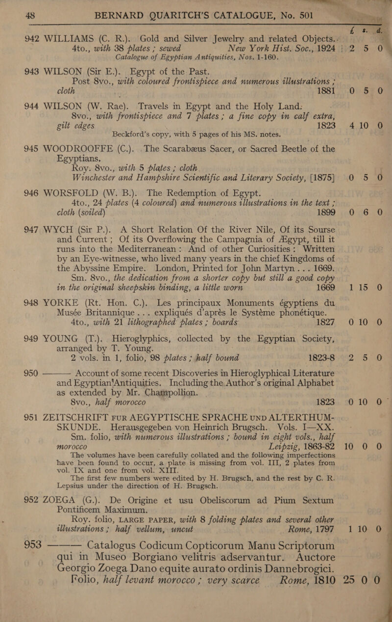   942 WILLIAMS (C. R.). Gold and Silver Jewelry and related Objects. ~ Ato., with 38 plates ; sewed New York Hist. Soc., 1924: 2 5 0 Catalogue of Egyptian Antiquities, Nos. 1-160. ) 943 WILSON (Sir E.). Egypt of the Past. Post 8vo., with coloured frontispiece and numerous illustrations ; cloth 1881 0 5 0 944 WILSON (W. Rae). Travels in Egypt and the Holy Land: 8vo., with frontispiece and 7 plates ; a fine copy in calf extra, gilt edges , 1823 410 0 Beckford’s copy, with 5 pages of his MS. notes. 945 WOODROOFFE (C.). . The Scarabzeus Sacer, or Sacred Beetle of the Egyptians. Roy. 8vo., with 5 plates ; cloth. Winchester and H ampshire Scientific and Literary Society, {1875} 0 5 O 946 WORSFOLD (W. B.). The Redemption of Egypt. Ato., 24 plates (4 coloured) and numerous tllustrations 1n the text ; ) cloth (soiled) 1899 0 6 0 947 WYCH (Sir P.). A Short Relation Of the River Nile, Of its Sourse and Current ; Of its Overflowing the Campagnia of Atgypt, till it runs into the Mediterranean: And of other Curiosities: Written by an Eye-witnesse, who lived many years in the chief Kingdoms of the Abyssine Empire. London, Printed for John Martyn... 1669. Sm. 8vo., the dedication from a shorter copy but still a good copy in the original sheepskin binding, a litile worn 1669 115 0 948 YORKE (Rt. Hon. C.). Les principaux Monuments égyptiens du Musée Britannique ... expliqués d’aprés le Systéme phonétique. Ato., with 21 lithographed plates ; boards 1827, 0 10° 949 YOUNG (T.).. Hieroglyphics, collected by the Egyptian Society, arranged by T. Young. “yh 2 vols. in 1, folio, 98 plates ; half bound 1823-8 2 5 0 Account of some recent Discoveries in Hieroglyphical Literature and Egyptian‘Antiquities. Including the Author’s original Alphabet as extended by Mr. Champollion. 8vo., half morocco — 1823:;, 90° 10° OF 951 ZEITSCHRIFT Fur AEGYPTISCHE SPRACHE unp ALTERTHUM- SKUNDE. Herausgegeben von Heinrich Brugsch.. Vols. I—XX. Sm. folio, with numerous illustrations ; bound in erght vols., half morocco Leipzig, 1863-82 10 0 0 The volumes have been carefully collated and the following imperfections have been found to occur, a plate is missing from vol. III, 2 plates from vol. IX and one from vol. XIIT. The first few numbers were edited by H. Brugsch, and the rest by C. R. Lepsius under the direction of H. Brugsch. 952 ZOEGA (G.). De Origine et usu Obeliscorum ad Pium Sextum Pontificem Maximum. Roy. folio, LARGE PAPER, with 8 folding plates and several other illustrations ; half vellum, uncut Rome, 1797 1 10 950  953 ——— Catalogus Codicum Copticorum Manu Scriptorum qui in Museo Borgiano velitris adservantur. Auctore Georgio Zoega Dano equite aurato ordinis Dannebrogici. Iolio, half levant morocco ; very scarce Rome, 1810 25 0 