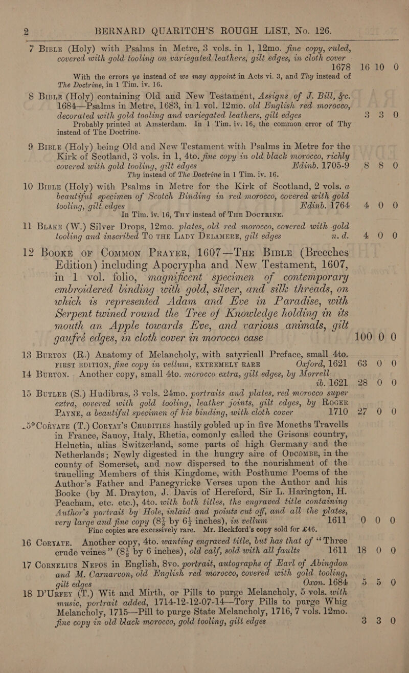 7 Brete (Holy) with Psalms in Metre, 3 vols. in 1, 12mo. fine copy, ruled, covered with gold tooling on variegated leathers, gilt edges, in cloth cover - 1678 With the errors ye instead of we may appoint in Acts vi. 3, and Thy instead of The Doctrine, in 1 Tim. iv. 16. 8 Bisue (Holy) containing Old and New Testament, Assigns of J. Bull, Sc. 1684—Psalms in Metre, 1683, in 1 vol. 12mo. old English red morocco, decorated with gold tooling and varregated leathers, gilt edges Probably printed at Amsterdam. In 1 Tim. iv. 16, the common error of Thy instead of The Doctrine. 9 Brste (Holy) being Old and New Testament with Psalms in Metre for the Kirk of Scotland, 3 vols. in 1, 4to. fine copy in old black morocco, richly covered with gold tooling, gilt edges Hdinb, 1705-9 Thy instead of The Doctrine in 1 Tim. iv. 16. 10 Brsuz (Holy) with Psalms in Metre for the Kirk of Scotland, 2 vols. a beautiful specimen of Scotch Binding in red morocco, covered with gold tooling, gilt edges 7 Edinb. 1764 In Tim. iv. 16, Tuy instead of Tur DoctTRINE. 11 Brake (W.) Silver Drops, 12mo. plates, old red morocco, covered with -gold tooling and inscribed To tHE LApy DrLamers, gilt edges ned. 12 Booxr or Common Prayer, 1607—Tue Brisie (Breeches Edition) including Apocrypha and New Testament, 1607, in 1 vol. folio, magnificent specumen of contemporary embroidered binding with gold, silver, and silk threads, on which ts represented Adam and Eve in Paradise, with Serpent twined round the Tree of Knowledge holding in tts mouth an Apple towards Eve, and various animals, gilt gaufré edges, in cloth cover in morocco case |  13 Burton (R.) Anatomy of Melancholy, with satyricall Preface, small 4to. FIRST EDITION, fine copy in vellum, EXTREMELY RARE Oxford, 1621 14 Burron. Another copy, small 4to. morocco eatra, gilt edges, by Morrell ab. 1621 15 Burter (S.) Hudibras, 3 vols. 24mo. portraits and plates, red morocco super eatra, covered with gold tooling, leather joints, gilt edges, by Roaur Payne, a beautiful specimen of his binding, with cloth cover 1710 O*Coryate (T.) Coryar’s Crupities hastily gobled up in five Moneths Travells in France, Sauoy, Italy, Rhetia, comonly called the Grisons country, Heluetia, alias Switzerland, some parts of high Germany and the Netherlands; Newly digested in the hungry aire of Opcombs, in the county of Somerset, and now dispersed to the nourishment of the trauelling Members of this Kingdome, with Posthume Poems of the Author’s Father and Panegyricke Verses upon the Author and his Booke (by M. Drayton, J. Davis of Hereford, Sir L. Harington, H. Peacham, etc. etc.), 4to. with both titles, the engraved title containing Author’s portrait by Hole, inlaid and points cut off, and all the plates, very large and fine copy (8% by 6% inches), a vellum 1611 Fine copies are excessively rare. Mr. Beckford’s copy sold for £46. 16 Coryatr. Another copy, 4to. wanting engraved title, but has that of ‘‘ Three erude veines” (8% by 6 inches), old calf, sold with all faults 1611 17 Cornetivs Nepos in English, 8vo. portrait, autographs of Harl of Abingdon and M. Carnarvon, old English red morocco, covered with gold tooling, gilt edges Oxon. 1684 18 D’Urrey (T.) Wit and Mirth, or Pills to purge Melancholy, 5 vols. with music, portrait added, 1714-12-12-07-14—Tory Pills to purge Whig Melancholy, 1715—Pill to purge State Melancholy, 1716, 7 vols. 12mo. fine copy in old black morocco, gold tooling, gilt edges 16 10 Se) 8 8 4 0 4 O 100 0 63 O 28 0 27 0 0 0 18 0 Dyno 3 3