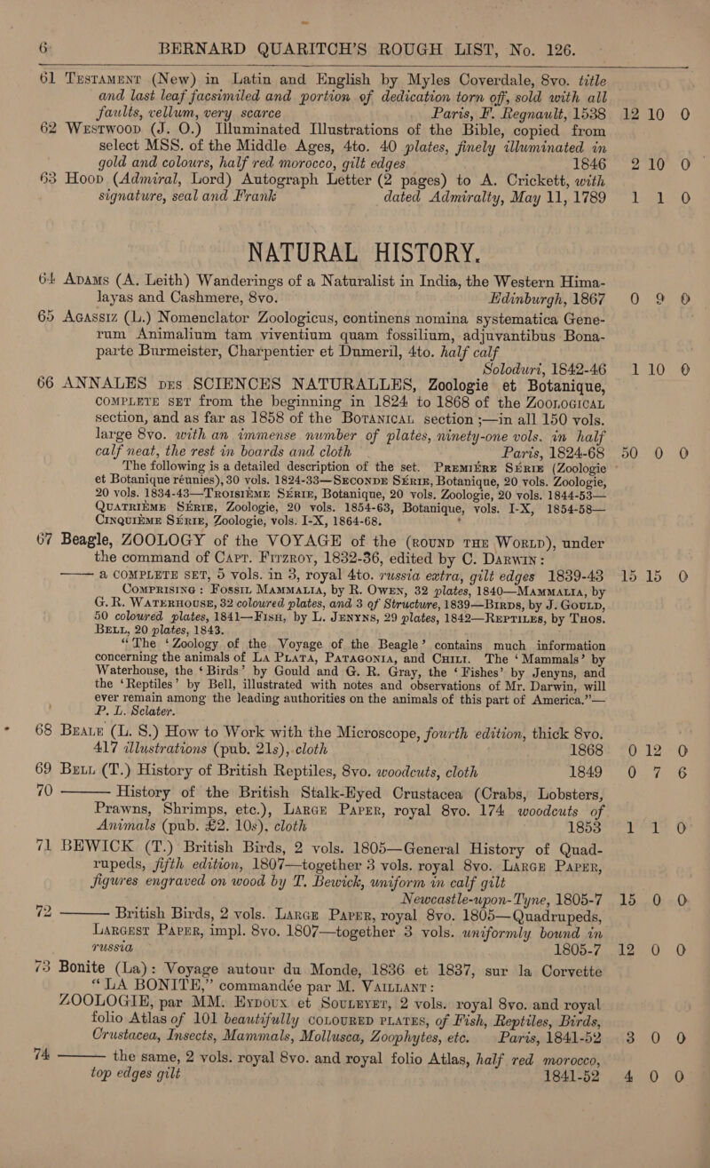   61 Trsramenr (New) in Latin and English by Myles Coverdale, 8vo. title and last leaf facsimiled and portion of dedication torn off, sold with all faults, vellum, very scarce Paris, F. Regnault, 1538 62 Westwoop (J. O.) Illuminated Illustrations of the Bible, copied from select MSS. of the Middle Ages, 4to. 40 plates, finely illuminated in gold and colours, half red morocco, gilt edges 1846 §3 Hoop (Admiral, Lord) Autograph Letter (2 pages) to A. Crickett, with signature, seal and Frank dated Admiralty, May 11, 1789 NATURAL HISTORY. 6+ Apams (A. Leith) Wanderings of a Naturalist in India, the Western Hima- layas and Cashmere, 8vo. Edinburgh, 1867 65 Agassiz (L.) Nomenclator Zoologicus, continens nomina systematica Gene- rum Animalium tam yiventium quam fossilium, adjuvantibus Bona- parte Burmeister, Charpentier et Dumeril, 4to. half calf Soloduri, 1842-46 66 ANNALES prs SCIENCES NATURALLES, Zoologie et Botanique, COMPLETE sET from the beginning in 1824 to 1868 of the ZoonoarcaL section, and as far as 1858 of the Boranicat section ;—in all 150 vols. large 8vo. with an immense number of plates, ninety-one vols. in half calf neat, the rest in boards and cloth Paris, 1824-68 et Botanique réunies), 30 vols. 1824-33—Sxconpr Skr1kx, Botanique, 20 vols. Zoologie, 20 vols. 1834-43—-TroIsIEME SERIE, Botanique, 20 vols. Zoologie, 20 vols. 1844-53— QuAaTRIEME SErrE, Zoologie, 20 vols. 1854-63, Botanique, vols. I-X, 1854-58— CinquiEME SErieE, Zoologie, vols. I-X, 1864-68. ‘ 67 Beagle, ZOOLOGY of the VOYAGE of the (rounp THE Wokrtp), under the command of Carr. Firzroy, 1832-36, edited by C. Darwin: ——— &amp; COMPLETE SET, 5 vols. in 3, royal 4to. russia extra, gilt edges 1839-43 Comprisine: Fossrr Mammatia, by R. Owen, 32 plates, 1840—MAMMALIA, by G.R. WATERHOUSE, 32 coloured plates, and 3 of Structure, 1839—Birps, by J. GouLp, 50 coloured plates, 1841—Fisn, by L. JENYNS, 29 plates, 1842—REPTILEs, by THos. BELL, 20 plates, 1843. “The ‘Zoology of the Voyage of the Beagle’ contains much information concerning the animals of La Puata, Patagonia, and Cuiz1. The ‘Mammals’ by Waterhouse, the ‘Birds’ by Gould and G. R. Gray, the ‘Fishes’ by Jenyns, and the ‘Reptiles’ by Bell, illustrated with notes and observations of Mr. Darwin, will ever remain among the leading authorities on the animals of this part of America.”— , P. L. Sclater. 68 Brats (L. 8.) How to Work with the Microscope, fourth edition, thick 8vo. Al? illustrations (pub. 21s), cloth 1868 69 Butr (T.) History of British Reptiles, 8vo. woodcuts, cloth 1849 70  History of the British Stalk-Eyed Crustacea (Crabs, Lobsters, Prawns, Shrimps, etc.), Larcy Paper, royal 8vo. 174 woodcuts of Animals (pub. £2. 10s), cloth 1853 71 BEWICK (T.) British Birds, 2 vols. 1805—General History of Quad- rupeds, jifth edition, 1807—together 3 vols. royal 8vo. Larce Paper, figures engraved on wood by T. Bewick, uniform in calf gilt Newcastle-upon-Tyne, 1805-7  72 British Birds, 2 vols. Lance Paver, royal 8vo. 1805—Quadrupeds, Largest Parer, impl. 8vo. 1807—together 3 vols. wniformly bound in TUSSIR 1805-7 (3 Bonite (La): Voyage autour du Monde, 1836 et 1837, sur la Corvette “LA BONITE,” commandée par M. Variant: ZOOLOGIE, par MM. Eypovux et Sounnyer, 2 vols. royal 8vo. and royal folio Atlas of 101 beautifully conouRED PLATES, of Fish, Reptiles, Birds, Crustacea, Insects, Mammals, Mollusca, ZLoophytes, ete. Paris, 1841-52 the same, 2 vols. royal 8vo. and royal folio Atlas, half red morocco, top edges gilt 1841-52 74  12 10 2 10 iyi 0-2 1 10 \0 0 15 15 0 12 0 7 df ag 15 0 a2 0 3 0 4 0