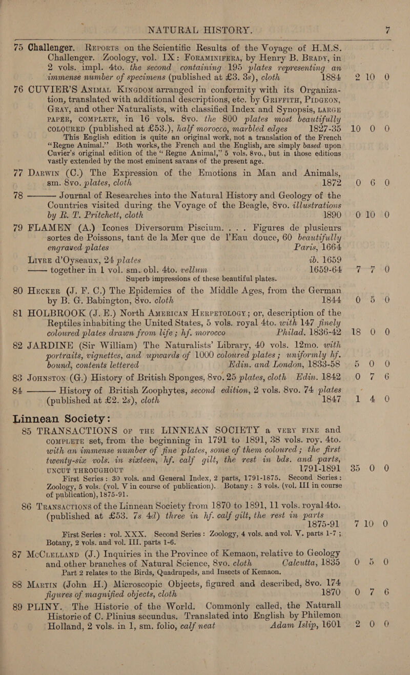    75 Challenger. Reports on the Scientific Results of the Voyage of H.M.S. Challenger. Zoology, vol. 1X: Foraminirera, by Henry B. Brapy, in 2 vols. impl. 4to. the second containing 195 plates representing an immense number of specimens (published at £3. 3s), cloth 1884 76 CUVIER’S Animat Kinepom arranged in conformity with its Organiza- tion, translated with additional descriptions, etc. by GrirritH, Pipauoy, Gray, and other Naturalists, with classified Index and Synopsis, LARGE PAPER, COMPLETE, in 16 vols. 8vo. the 800 plates most beautifully COLOURED (published at £53.), half morocco, marbled edges 1827-35 This English edition is quite an original work, not a translation of the French *Regne Animal.’’ Both works, the French and the English, are simply based upon Cuvier’s original edition of the “ Regne Animal,” 5 vols. 8vo., but in those editions vastly extended by the most eminent savans of the present age. 77 Darwin (C.) The Expression of the Emotions in Man and Animals, sm. 8vo. plates, cloth . 1872  78 Journal of Researches into the Natural History and Geology of the Countries visited during the Voyage of the Beagle, 8vo. illustrations by ft. T'. Pritchett, cloth 1890 79 FLAMEN (A.) Icones Diversorum Piscium.... Figures de plusieurs sortes de Poissons, tant de la Mer que de Hau douce, 60 beautifully engraved plates Paris, 1664 Livre d’Oyseaux, 24 plates ab. 1659 together in 1 vol. sm. obl. 4to. vellwin 1659-64  Superb impressions of these beautiful plates. 80 Hecker (J. F.C.) The Epidemics of the Middle Ages, from the German by B. G. Babington, 8vo. cloth 1844: 81 HOLBROOK (J. E.) North Amurican Herperouocy; or, description of the Reptiles inhabiting the United States, 5 vols. royal 4to. with 147 finely coloured plates drawn from life ; hf. morocco Philad. 1836-42 82 JARDINE (Sir William) The Naturalists’ Library, 40 vols. 12mo. with portraits, vignettes, and upwards of 1000 colowred plates ; wniformly hf. bound, contents lettered Edin. and London, 1833-58 83 Jonnston (G.) History of British Sponges, 8vo. 25 plates, cloth Edin. 1842 84: History of British Zoophytes, second edition, 2 vols. 8vo. 74 plates (published at £2. 2s), cloth 1847  Linnean Society: 85 TRANSACTIONS or toe LINNEAN SOCIETY a very FINE and ComPLETE set, from the beginning in 1791 to 1891, 38 vols. roy. 4to. with an immense number of fine plates, some of them coloured ; the first twenty-sia vols. in sixteen, hf. calf gilt, the rest in bds. and parts, UNCUT THROUGHOUT 1791-1891 First Series: 30 vols. and General Index, 2 parts, 1791-1875. Second Series : Zoology, 5 vols. (vol. V in course of publication). Botany: 3 vols. (vol, ILI in course of publication), 1875-91. 86 TRANSACTIONS of the Linnean Society from 1870 to 1891, 11 vols. royal 4to. (published at £53. 7s 4d) three in hf. calf gilt, the rest im parts 1875-91 First Series: vol. XXX. Second Series: Zoology, 4 vols. and vol. V. parts 1-7 ; Botany, 2 vols. and vol. III. parts 1-6. 87 McCretnanp (J.) Inquiries in the Province of Kemaon, relative to Geology and other branches of Natural Science, 8vo. cloth Calcutta, 1835 Part 2 relates to the Birds, Quadrupeds, and Insects of Kemaon. 88 Martin (John H.) Microscopic Objects, figured and described, 8vo. 174 figures of magnified objects, cloth 1870 89 PLINY. The Historie of the World. Commonly called, the Naturall Historie of C. Plinius secundus. Translated into English by Philemon ‘Holland, 2 vols. in 1, sm, folio, calf neat Adam Islip, 1601 10 18 10 10 NI Ox 10 Or Q 0