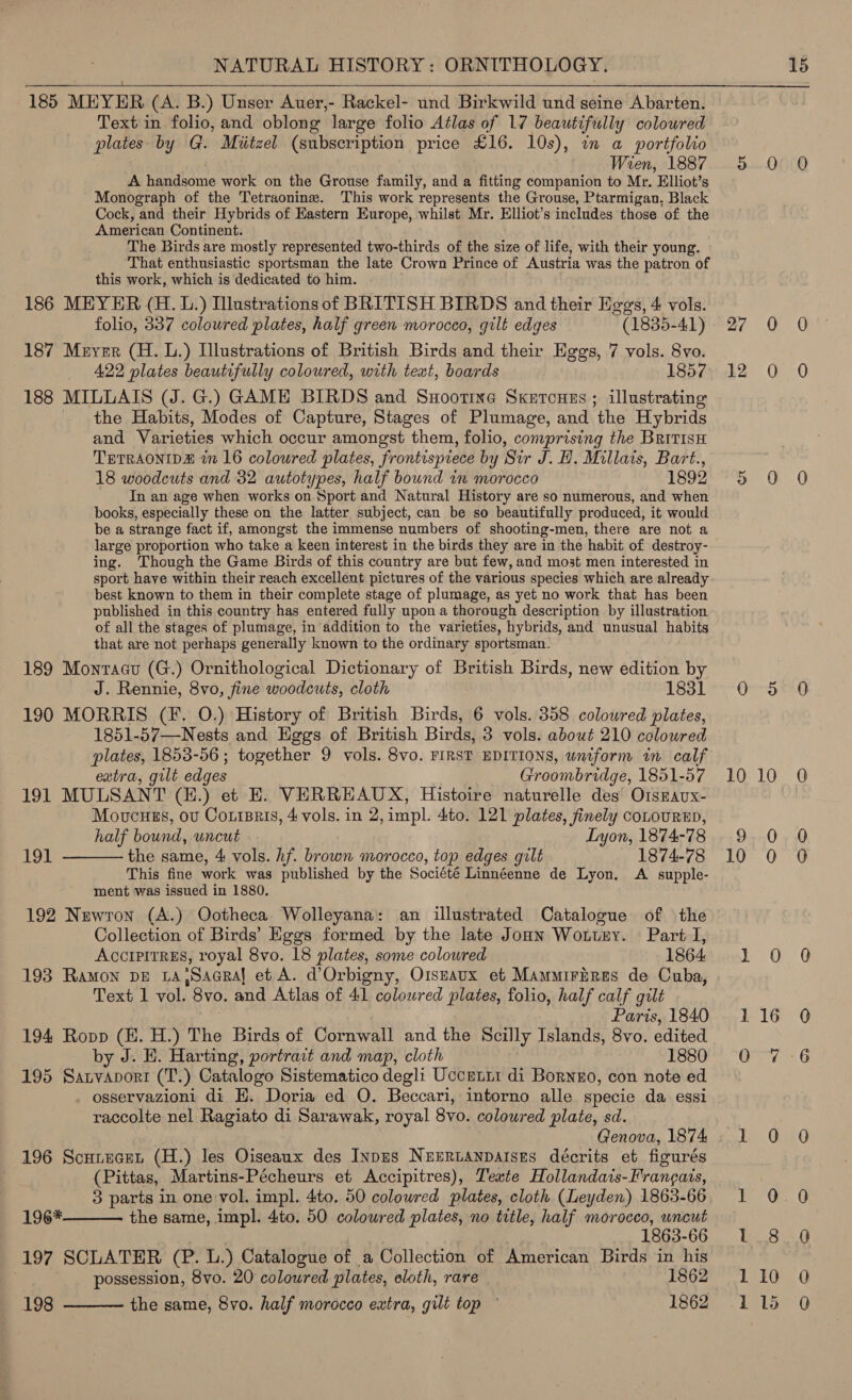  185 MEYER (A. B.) Unser Auer,- Rackel- und Birkwild und seine Abarten. Text in folio, and oblong large folio Atlas of 17 beautifully coloured plates by G. Miitzel (subscription price £16. 10s), in a portfolio Wien, 1887 A handsome work on the Grouse family, and a fitting companion to Mr. Elliot’s - Monograph of the Tetraonine. This work represents the Grouse, Ptarmigan, Black Cock, and their Hybrids of Eastern Europe, whilst Mr. Elliot’s includes those of the American Continent. The Birds are mostly represented two-thirds of the size of life, with their young. That enthusiastic sportsman the late Crown Prince of Austria was the patron of this work, which is dedicated to him. 186 MEYER (H. L.) Illustrations of BRITISH BIRDS and their Kegs, 4 vols. folio, 337 coloured plates, half green morocco, gilt edges (1835-41) 187 Meyer (H. L.) Llustrations of British Birds and their Eggs, 7 vols. 8vo. 422 plates beautifully coloured, with teat, boards 1857 188 MILLAIS (J. G.) GAME BIRDS and Suxootine Skercues ; illustrating the Habits, Modes of Capture, Stages of Plumage, and ‘the Hybrids and Varieties which occur amongst them, folio, comprising the BritisH TETRAONIDE 7 16 coloured plates, frontispiece by ‘Sir J. H. Millais, Bart., 18 woodcuts and 32 autotypes, half bound in morocco 1892 In an age when works on Sport and Natural History are so numerous, and when books, especially these on the latter subject, can be so beautifully produced, it would be a strange fact if, amongst the immense numbers of shooting-men, there are not a large proportion who take a keen interest in the birds they are in the habit of destroy- ing. Though the Game Birds of this country are but few, and most men interested in sport have within their reach excellent pictures of the various species which are already best known to them in their complete stage of plumage, as yet no work that has been published in this country has entered fully upon a thorough description by illustration of all the stages of plumage, in addition to the varieties, hybrids, and unusual habits that are not perhaps generally known to the ordinary sportsman. 189 Montaau (G.) Ornithological Dictionary of British Birds, new edition by J. Rennie, 8vo, fine woodcuts, cloth 1831 190 MORRIS (Ff. O.) History of British Birds, 6 vols. 358 coloured plates, 1851-57—Nests and Eggs of British Birds, 3 vols. about 210 cclowred plates, 1853-56; together 9 vols. 8vo. FIRST EDITIONS, uniform in calf eatra, gilt edg es Groombridge, 1851-57 191 MULSANT (E) et E. VERREAUX, Histoire naturelle des Orsravx- Moucuss, ov Corsets, 4 vols. in 2, impl. 4to. 121 plates, finely coLouRED, half bound, uncut Lyon, 1874-78 the same, 4 vols. hf. brown morocco, top edges gilt 1874-78 This fine work was published by the Société Linnéenne de Lyon. A supple- ment was issued in 1880. 192 Newton (A.) Ootheca Wolleyana: an illustrated Catalogue of the Collection of Birds’ Eggs formed by the late Jonn Wottny. Part I, ACCIPITRES, royal 8vo. 18 plates, some colowred 1864 193 Ramon DE LA ‘Sadgral et A. @Orbigny, Orseaux et Mamuirires de Cuba, Text 1 vol. 8v0. and Atlas of 41 coloured plates, folio, half calf gilt Paris, 1840 194 Ropp (EH. H.) The Birds of Cornwall and the Scilly Islands, 8vo. edited by J. E. Harting, portrait and map, cloth 1880 195 Satvavori (T.) Catalogo Sistematico degli Uccrnir di Bornzo, con note ed osservazioni di EH. Doria ed O. Beccari, intorno alle specie da essi raccolte nel Ragiato di Sarawak, royal 8vo. colowred plate, sd. TOE  196 Scuiscen (H.) les Oiseaux des InpEs NexEruanpatses décrits et figurés (Pittas, Martins-Pécheurs et Accipitres), Teate Hollandats-Frangais, 3 parts in one vol. impl. 4to. 50 coloured plates, cloth (Leyden) 1863-66 the same, impl. 4to. 50 coloured plates, no title, half morocco, uncut 1863-66 197 SCLATER (P. L.) Catalogue of a Collection of American Birds in his possession, 8vo. 20 colowred plates, cloth, rare 1862 the same, 8vo. half morocco extra, gilt top © 1862 196*  198  a Qo COO 7m ©