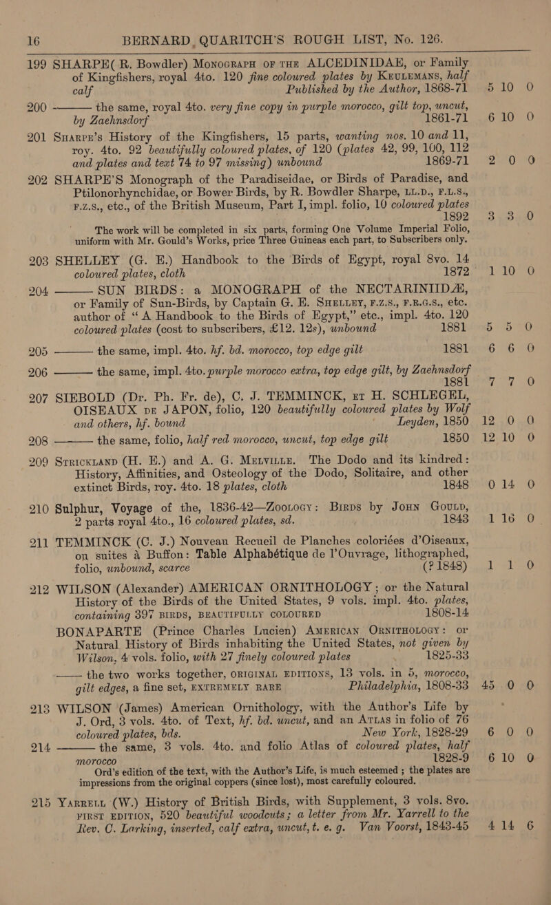 199 SHARPE( R. Bowdler) Monocrara or tas ALCEDINIDAH, or Family 3 of Kingfishers, royal 4to. 120 fine coloured plates by Krutumans, half  calf Published by the Author, 1868-71 200 - the same, royal 4to. very fine copy in purple morocco, gilt top, wncut, by Zaehnsdorf 1861-71 201 Snarrn’s History of the Kingfishers, 15 parts, wanting nos. 10 and 11, roy. 4to, 92 beautifully coloured plates, of 120 (plates 42, 99, 100, 112 and plates and text 74 to 97 missing) unbound 1869-71 202 SHARPE’S Monograph of the Paradiseidae, or Birds of Paradise, and Ptilonorhynchidae, or Bower Birds, by R. Bowdler Sharpe, Lu.D., F.L.S., F.z.8., etc., of the British Museum, Part I, impl. folio, 10 coloured plates 1892 The work will be completed in six parts, forming One Volume Imperial Folio, uniform with Mr. Gould’s Works, price Three Guineas each part, to Subscribers only. 203 SHELLEY (G. E.) Handbook to the Birds of Egypt, royal 8vo. 14 coloured plates, cloth SUN BIRDS: a MONOGRAPH of the NECTARINIIDA,    204 or Family of Sun-Birds, by Captain G. E. SHELLEY, F.z.S., F.R.G.S., etc. author of “ A Handbook to the Birds of Egypt,” etc., impl. 4to. 120 coloured plates (cost to subscribers, £12. 12s), wnbound 1881 205 the same, impl. 4to. hf. bd. morocco, top edge gilt 1881 206 the same, impl. 4to. purple morocco extra, top edge gilt, by Zaehnsdorf 1881 207 SIEBOLD (Dr. Ph. Fr. de), C. J. TEMMINCK, nt H. SCHLEGEL, OISEAUX pve JAPON, folio, 120 beautifully coloured plates by Wolf and others, hf. bound Leyden, 1850 208 the same, folio, half red morocco, uncut, top edge gilt 1850 209 Srricktanp (H. EH.) and A. G. Metvinte. The Dodo and its kindred: History, Affinities, and Osteology of the Dodo, Solitaire, and other  extinct Birds, roy. 4to. 18 plates, cloth 1848 210 Sulphur, Voyage of the, 1836-42—Zoorocy: Birvs by Jonny Gourp, 2 parts royal 4to., 16 coloured plates, sd. 1843 211 TEMMINCK (C. J.) Nouveau Recueil de Planches coloriées d’Oiseaux, ou suites 4 Buffon: Table Alphabétique de lOuvrage, lithographed, folio, unbound, scarce (? 1848) 212 WILSON (Alexander) AMERICAN ORNITHOLOGY ; or the Natural History of the Birds of the United States, 9 vols. impl. 4to. plates, containing 397 BIRDS, BEAUTIFULLY COLOURED 1808-14 BONAPARTE (Prince Charles Lucien) AMERICAN ORNITHOLOGY: or Natural History of Birds inhabiting the United States, not given by Wilson, 4 vols. folio, with 27 finely coloured plates ss 1825-33 ——— the two works together, ORIGINAL EDITIONS, 13 vols. in 5, morocco, gilt edges, a fine set, EXTREMELY RARE Philadelphia, 1808-33 213 WILSON (James) American Ornithology, with the Author’s Life by J. Ord, 3 vols. 4to. of Text, hf. bd. uncut, and an Arias in folio of 76  coloured plates, bds. New York, 1828-29 214 the same, 3 vols. 4to. and folio Atlas of coloured plates, half Morocco 1828-9 Ord’s edition of the text, with the Author’s Life, is much esteemed ; the plates are impressions from the original coppers (since lost), most carefully coloured. 215 Yarrett (W.) History of British Birds, with Supplement, 3 vols. 8vo. FIRST EDITION, 520 beautiful woodcuts; a letter from Mr. Yarrell to the Rev. CO. Larking, inserted, calf eatra, uncut,t. e.g. Van Voorst, 1843-45 12. &gt;, 12.10