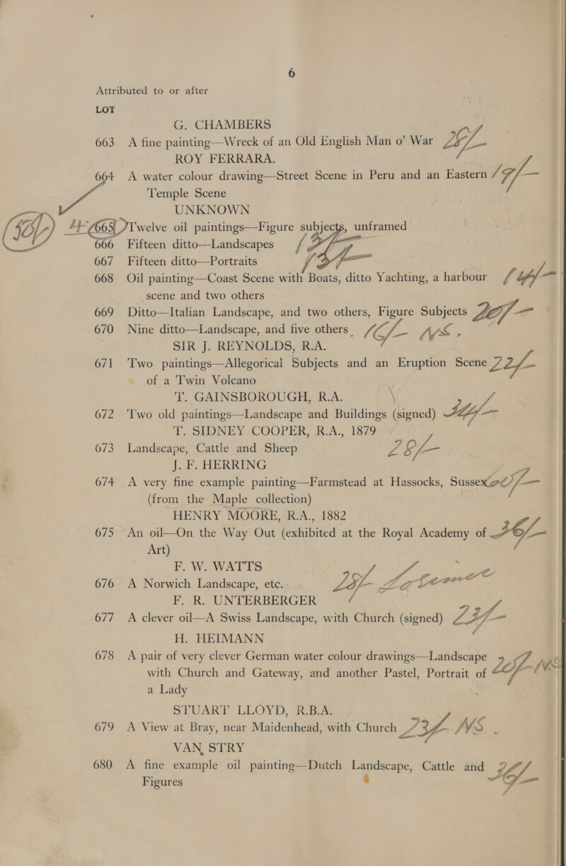 By LOT G. CHAMBERS 663 A fine painting—Wreck of an Old English Man o’ War IL- ROY FERRARA. a Temple Scene EGOS I welve oil paintings—Figure subjec 666 Fifteen ditto—Landscapes 667 Fifteen ditto—Portraits os 668 Oil painting—Coast Scene with Boats, ditto Yachting, a harbour f ‘iy scene and two others _ 669 Ditto—Italian Landscape, and two others, Figure Subjects Le — 670 Nine ditto—Landscape, and five others _ CE LVS - SIR J. REYNOLDS, R.A. 671 Two paintings—Allegorical Subjects and an Eruption Scene 7 of a Twin Volcano T. GAINSBOROUGH, R.A. \ YY //. 672 ‘Two old paintings—Landscape and Buildings (signed) 44 7 ets 3 T. SUDNEY COOPER, 1A... 1879 673 Landscape, Cattle and Sheep Pe L Ve J. F. HERRING 674 A very fine example painting—Tarmstead at Hassocks, Susexd//—  unframed (from the Maple collection) HENRY MOORE, R.A., 1882. 675 An oil—On the Way Out (exhibited at the Royal Academy of “7 Art) F. W. WATTS 676 A Norwich Landscape, etc... Ly. Le a L aaa F. R. UNTERBERGER ws 677 A clever oil—A Swiss Landscape, with Church (signed) ZA p— H. HEIMANN 678 <A pair of very clever German water colour drawings—Landscape + , with Church and Gateway, and another Pastel, Portrait of ae a Lady STUART LLOYD, R.B.A.  679 <A View at Bray, near Maidenhead, with Church 7 7? CWS VAN, STRY 680 A fine example oil painting—Dutch Landscape, Cattle and KY Figures c Of.