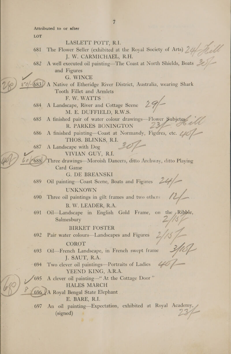 LOT PASLETT POTT, ae. 681 The Flower Seller (exhibited at the Royal Society of Arts) 7 J. W. CARMICHAEL, R-H: ? 682 <A well executed oil painting—The Coast at North Shields, Boats HK and Figures 1% G. WINCE Vp be 633) A Native of Etheridge River District, Australia, wearing Shark Tooth Fillet and Armlets F. W. WATTS / x 684 A Landscape, River and Cottage Scene Va G/— M. E. DUFFIELD, R.W.S. f 685 A finished pair of water colour drawings—Flower Prviciag Vite R. PARKES BONINGTON Z3AA FO 0 686 A finished painting—Coast at Normandy, Fioihes etc. “ip THOS. BLINKS, RI. - 687 A Landscape with Dog LO fo Ay i VIVIAN GUY, RI. : if) f 60 (638), /Three drawings-—Moroish Dancers, ditto Archway, ditto Playing — — Card Game G. DE BREANSKI : J 689 Oil painting—Coast Scene, Boats and Figures COof— UNKNOWN ; / 690 Three oil paintings in gilt frames and two others begs B. W. LEADER, R.A. ; 691 Oil—Landscape in English Gold Frame, on the J Ribble, Salmesbury Zi I A BIRKET FOSTER 692 Pair water colours—Landscapes and Figures COROT f  693 Oil—French Landscape, in French swept frame / J. DAUT, KA. . -694 Two clever oil paintings—Portraits of Ladies SFO fm YEEND. KING, A‘R.A. : eae 695 A clever oil painting—“ At the Cottage Door ” Me HALES MARCH ay, ) Gad Royal Bengal State Elephant BE. BARE, R.I. 697 An oil painting—Expectation, exhibited at Royal Academy, / (signed) D4