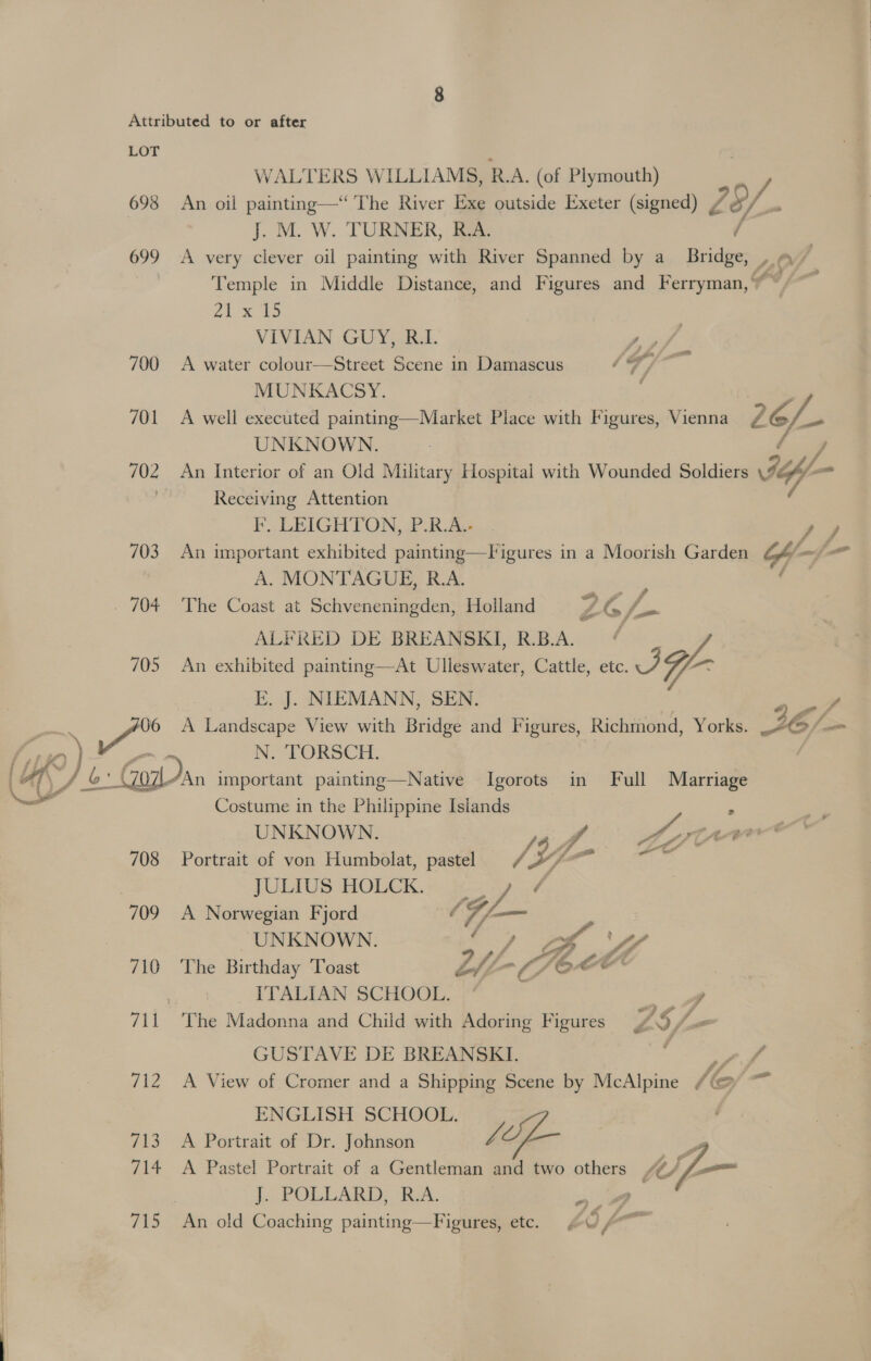 LOT ; WALTERS WILLIAMS, R.A. (of Plymouth) 698 An oil painting—‘‘ The River Exe outside Exeter (signed) 23/. : J. M. W. TURNER, R.A. / 699 A very clever oil painting with River Spanned by a_ Bridge, uO 7 Temple in Middle Distance, and Figures and Ferryman,* “ 21% 45 VIVIAN GUY, RI. Pa 700 A water colour—Street Scene in Damascus 1H, at MUNKACSY. 701 A well executed painting—Market Piace with Figures, Vienna 2 A f- UNKNOWN. 702 An Interior of an Old Military Hospital with Wounded Soldiers Z f- - : Receiving Attention FF, LEIGHTON, PRA. a 703 An important exhibited painting—Figures in a Moorish Garden Y- sae A. MONTAGUE, R.A. . 704 The Coast at Schveneningden, Holland Z ZG, (L$ ALFRED DE BREANSKI, RBA. 705 An exhibited painting—At Ulleswater, Cattle, etc. ee p- E. J. NIEMANN, SEN. 4 ae A Landscape View with Bridge and Figures, Richmond, Yorks. JE/— i N. TORSCH. 7\ o) G: + GoW an important painting—Native Igorots in Full Marriage | Costume in the Philippine Islands UNKNOWN. / 4 A 708 Portrait of von Humbolat, pastel / t7 ai OER JULIUS HOLCK. «. &amp;.4 J 7 709 A Norwegian Fjord CG [—  {J UNKNOWN. C > pe ee ° 4 pf PS / 4 # f 710 ‘The Birthday ‘Toast Abe (/ OC , ITALIAN SCHOOL. °° ae 711 ‘The Madonna and Child with Adoring Figures aS, \ GUSTAVE DE BREANSKI. : SO 712 A View of Cromer and a Shipping Scene by McAlpine (@ ENGLISH SCHOOL. 713. A Portrait of Dr. Johnson - $ 714 A Pastel Portrait of a Gentleman and two others /, | J.. POLLARD, ‘R.A. . 715 An old Coaching painting—Figures, etc.  ¢ New! é
