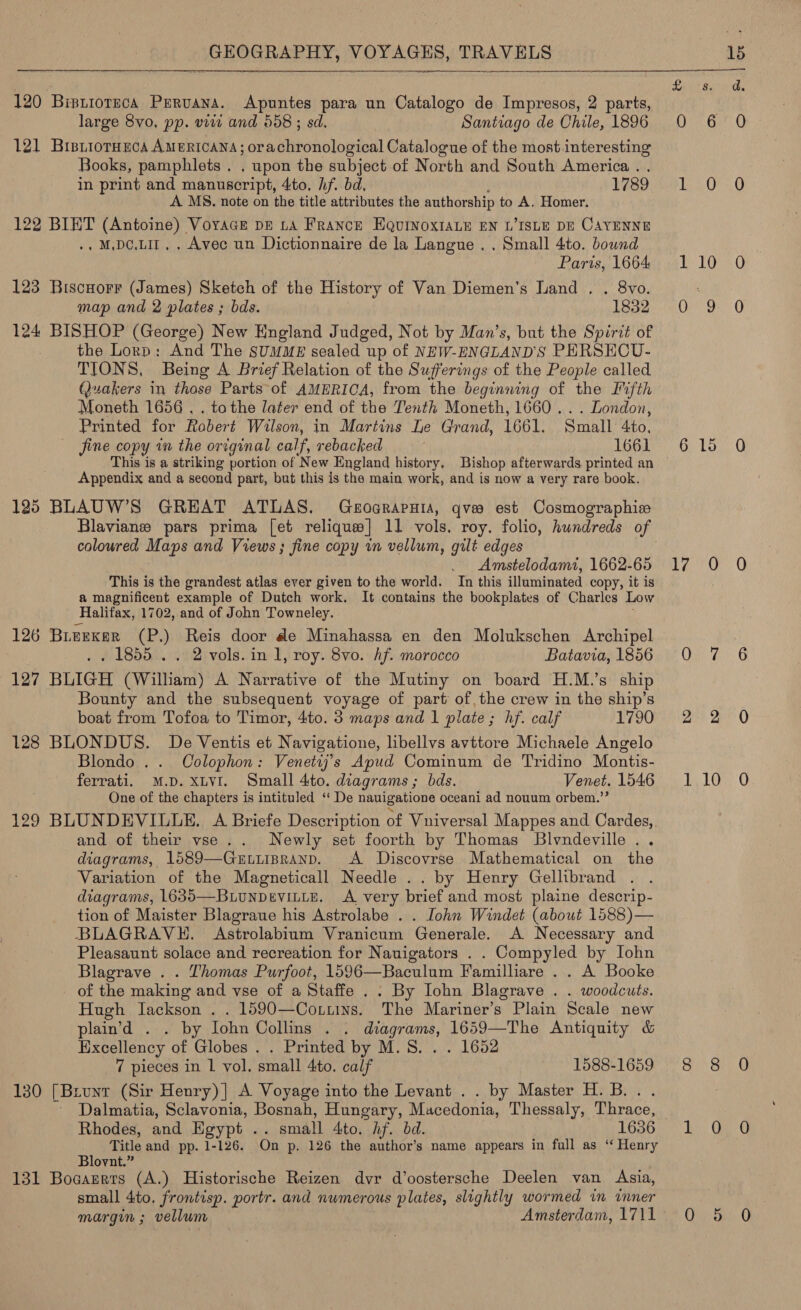 ——  120 Bipttoreca Peruana. Apuntes para un Catalogo de Impresos, 2 parts, large 8vo, pp. viii and 558 ; sd. Santiago de Chile, 1896 121 BisiioruEeca AMERICANA; orachronological Catalogue of the most interesting Books, pamphlets . , upon the subject of North and South America . . in print and manuscript, 4to, hf. bd, 1789. A MS. note on the title attributes the authorship to A, Homer. 122 BIET (Antoine) Voyace dE LA France EQUINOXIALE EN LISLE DE CAYENNE .M,Dc.LIT. . Avec un Dictionnaire de la Langue .. Small 4to. bound Paris, 1664 123 Biscuorr (James) Sketch of the History of Van Diemen’s Land . . 8vo. map and 2 plates ; bds. 1832 124 BISHOP (George) New England Judged, Not by Man’s, but the Spirit of the Lorp: And The SUMME sealed up of NEW-ENGLAND'S PERSECU- TIONS, Being A Brief Relation of the Sufferings of the People called Quakers in those Parts of AMERICA, from the beginning of the Fifth Moneth 1656 . . tothe later end of the Tenth Moneth, 1660... London, Printed for Ravers Wilson, in Martins Le Grand, 1661. Small 4to, fine copy in the original calf, rebacked . 1661 Appendix and a second part, but this is the main work, and is now a very rare book. 125 BLAUW’S GREAT ATLAS. Geoarapnia, qva est Cosmographie Blaviane pars prima [et relique] 11 vols. roy. folio, hundreds of coloured Maps and Views; fine copy in vellum, gilt edges Amstelodamt, 1662-65 This is the grandest atlas ever given to the world. In this illuminated copy, it is a magnificent example of Dutch work. It contains the bookplates of Charles Low ‘Halifax, 1702, and of John Towneley. 126 Breexer (P.) Reis door de Minahassa en den Molukschen Archipel . . 1855 . . 2 vols. in 1, roy. 8vo. hf. morocco Batavia, 1856 127 BLIGH (William) A Narrative of the Mutiny on board H.M.’s ship Bounty and the subsequent voyage of parti of, the crew in the ship’s boat from Tofoa to Timor, 4to. 3 maps and 1 plate; hf. calf 1790 128 BLONDUS. De Ventis et Navigatione, libellvs avttore Michaele Angelo Blondo .. Colophon: Venetrj’s Apud Cominum de Tridino Montis- ferrati. M.D. XLVI. Small 4to. diagrams ; bds. Venet. 1546 One of the chapters is intituled “‘ De nauigatione oceani ad nouum orbem.”’ 129 BLUNDEVIULLE. A Briefe Description of Vniversal Mappes and Cardes,, and of their vse... Newly set foorth by Thomas Blvndeville . . diagrams, 1589—Grtuipranp. A Discovrse Mathematical on the Variation of the Magneticall Needle .. by Henry Gellibrand . diagrams, 1635—BuunDeviLLE. &lt;A very brief and most plaine descrip- tion of Maister Blagraue his Astrolabe . . [ohn Windet (about 1588)— BLAGRAVE. Astrolabium Vranicum Generale. A Necessary and Pleasaunt solace and recreation for Nauigators . . Compyled by John Blagrave . . Thomas Purfoot, 1596—Baculum Familliare . . A Booke of the making and vse of a Staffe . . By Iohn Blagrave . . woodcuts. Hugh Iackson . . 1590—Cotuins. The Mariner’s Plain Scale new plain’d . . by Iohn Collins . . diagrams, 1659—The Antiquity &amp; Excellency of Globes . . Printed by M.S. . . 1652 7 pieces in 1 vol. small 4to. calf 1588-1659 130 [Brunt (Sir Henry)] A Voyage into the Levant . . by Master H. B. Dalmatia, Sclavonia, Bosnah, Hungary, Macedonia, Thessaly, Thrace, Title and pp. 1-126. On p. 126 the author’s name appears in full as “Henry Blovnt.” 131 Bocazers (A.) Historische Reizen dvr d’oostersche Deelen van Asia, small 4to. frontisp. portr. and numerous plates, slightly wormed in inner margin ; vellum Amsterdam, 1711 17 8 0 8 o 0