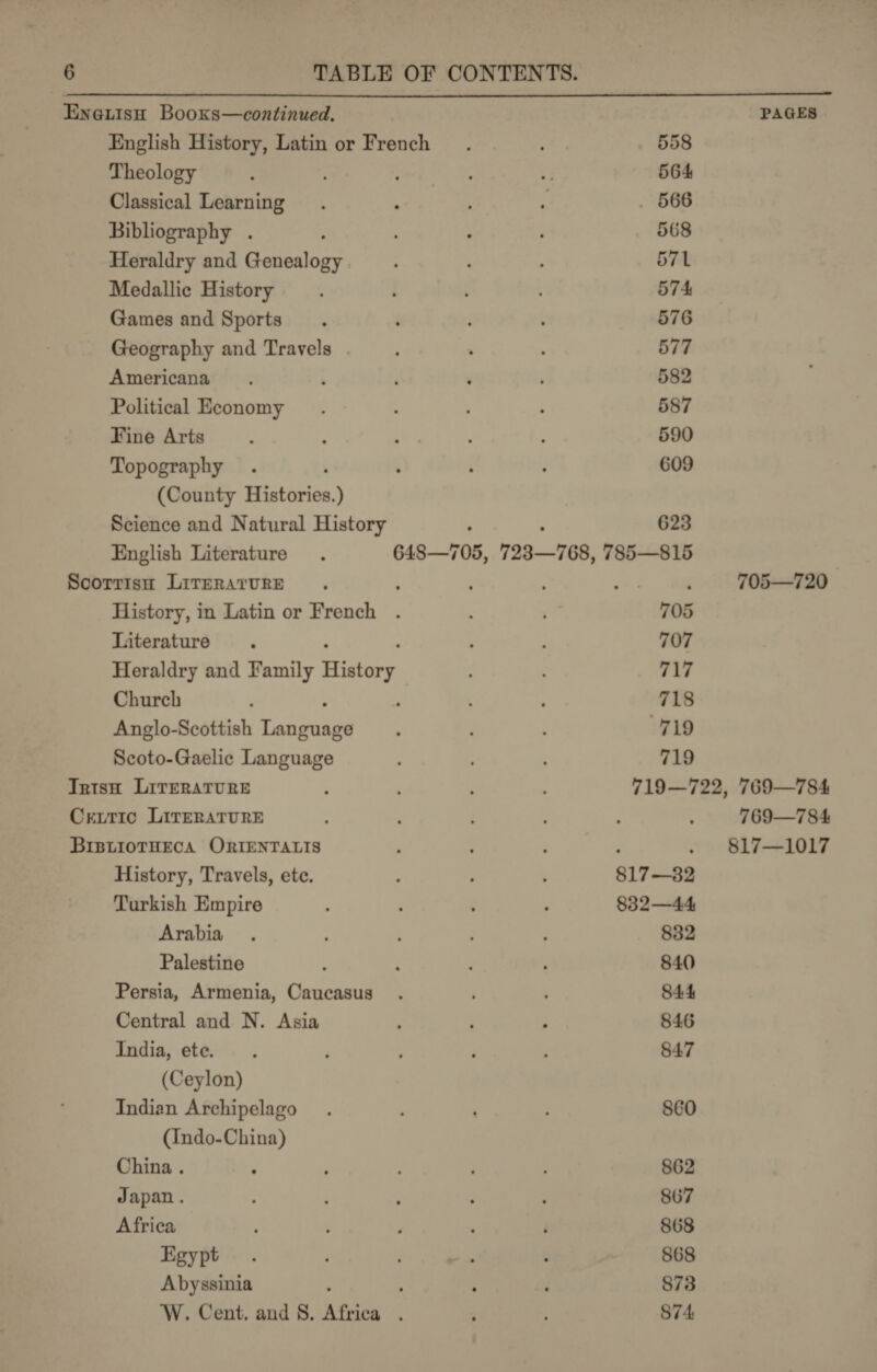  Engrish Booxs—continued. PAGES English History, Latin or French ; 558 Theology : ; rf 564 Classical Learning . : ; . 566 Bibliography . ‘ : : ; 568 Heraldry and Genealogy ; 571 Medallic History ; 574 Games and Sports. . . 576 Geography and Travels . 577 Americana. ; . 582 Political Economy : ; 587 Fine Arts : : sh :; 590 Topography . 3 : é ; 609 (County Histories.) Science and Natural History : : 623 English Literature. 648—705, 723—768, 785—815 Scorrisn LirERATURE . : ' ; ‘ 705—720 History, in Latin or French . 705 Literature. : 707 Heraldry and Family pistes) : 717 Church ; ; ' 718 Anglo-Scottish Laconia ; ; 719 Scoto-Gaelic Language : ; 719 Trish LITERATURE ; : : 719—722, 769—784 Critic LireRaTURE : ; 769—784 BrBLi0oTHECA ORIENTALIS ‘ : ‘ . 817—1017 History, Travels, ete. ; ; ; 817—32 Turkish Empire : ‘ : : 832—44 Arabia. : ,; ; 832 Palestine : ‘ ‘ 840 Persia, Armenia, Caucasus . 844 Central and N. Asia : ; ‘ 846 India, ete. . ; P ‘ 847 (Ceylon) Indian Archipelago. ; ‘ 860 (Indo-China) China. ° : : : 862 Japan. ; : : ; 867 Africa ; , ‘ ‘ 868 Egypt. , Fie : 868 Abyssinia : ; d 873 W. Cent. and S. Africa ; . ; S74