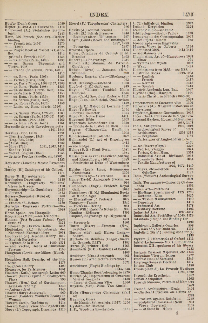  Hopfer (Dan.) Opera 1080 | Howel (F.) Theophrastus’ Characters | 1. (T.) initials on binding 1342 Hopfer (D. and J.) L’'@uvrede 1413 976 | Iceland—Kerguelen 1324 Hoppenrod (A.) Sachsisches Stamm-~ | Howitt (J.) Animal Studies 1011 | Icelandic Bible—see Bible buch 1143 | Howitt (S.) British Preserve 1446 | Ichthyology—Giovio (Paolo) 1378 Hore, MS. French (Sec. xv)—Grolier | — Etchings after—Williamson 997 | Iconographie des Contemporains 1097 binding 1396 | Hoym ‘Count) Books and Bindings of | — des Sujets Galants 958 — — French (cir. 1450) 1270 1287, 1288 | Iconography—see Engraving — — (1520) 1028 | — Petrarcha 1397 | Idumea, Views in—Roberts 1124 — — Prayer Book of Ysabel la Catho- | Hrosvita, Opera 1133 | I]uminated MSS. 1413-1416 lica 1414 | Huber, Catalogue du Cabinet de M. | — see Manuscripts — printed: French (1498) 1155 Brandes 1402 | Illumination, Art ofi—Humphreys 1028 ~—— — us. Rome (Paris, 1498) 1833 | Hubert (—) Engravings 1034 | — Shaw . 991 —— us. Sarum (Pigouchet and | Hubsch (H.) Monum. de J’Archit. | — Tymms and Wyatt 1030 Vostre, 1498) 1155 Chrétienne 1413 | — Wyat 1445 -~— French (on vellum, Paris, 1500) | Hudson (River) — Jameson (Mrs.) | Illuminations from MSS.—see MSS. - 412 Sketches 960 | Illustrated Books 1049-1063 — — us. Rom. (Paris, 1503) 1156 | Huebner, Engray. after—Nibelungen- | — — English 1416. — — French (Paris, 1508) 21157 | lied 963 | — — French 1417 — — us. Paris (Vostre, 1508) 1157, 1269 | Huet, Drawings—Gnuichard 1080 | — — German 1418 — — us. Rom. (Paris, 1508) 1323 | Hugford (J. E.) Gabbiana 949 | — — Spanish 1418 — — us. de Rouen (Paris, 1508) 1157 | Hughe (William) Troubled Man’s | Illustris Academia Lug. Bat. 1097 — — us. de Paris (1509) 1158 Medicine 1343 | Illyrians (the)—Hacquet 1404 — — us. Rom. (Paris, 1510) 4158 | Hugo (Card.) Speculum Ecclesiz 1317 | Imitatio Christi, in French (1856-58) —— us. Sarum (Paris, 1520) 1159 | Hugo (Joan.) de Sletstat, Quadruvium 1029 — — us. Rome (Paris, 1523) 1159 1132.] Imperatorum et Ceesarum vite 13806 — — Latin, us, Rom. (Paris, 1526) Hugo ‘L. C.) Maison de Lorraine 1327 | Imperialis (J.) Museum historicum et 1416 | Hugo (T.) Bewick 1054 physicum 1428 — — us. Sarum (Paris, 1527-26) 1160 | — Bewick Collector 1054 | Imperiumj;Romano-Germanicum 1097 — — us. Sarum (Paris, 1535-36) 1160 | Hugo (V.) Notre Dame 1417 | Incas (the) Garcilasso de la Vega 1275 — — us. Rom. (Par. 1542) 1262 | Huguenot Bible 1303 | Inceand Mayhew, Household Furniture — — us. Rom. (Paris, 1545) 1161 | Huguenots, Desconfiture des 1330 1067, 1408 Horapollo de sacris Egyptiorum notis | — Traicte dela Justice de Dieu 1384 | India, Antiquities 1209, 1210 1161, 1346 | Hugues d’Hancarville, Hamilton’s | — Archeological Survey of 1209 Horatius (Flor. 1519) 1291 Vases 1005 } — Architecture 1209-1212 — (Par. Stephanus, 1544) 1274 | Huldricus—Sefer Toledoth 1327 | — — Fergusson 1182 — (Lug. Bat. 1629) 1368 | Hullmandel (C.) Art of Drawing on | — Caricatures of Anglo-Indian Life — (Amst. 1676) 1282 Stone 1413 1401 — Pine (1733) 1051, 1362, 1416 | — see Fudge 1116 | — see Covert (Capt.) 1377 — Sandby (1749) 1051 | Hulme (B. E.) Plant Form 1081 | — Fedrici, Viaggio 1374 — Works, English (1849) 1054 | — Plants 1081 | — Forbes, Orien. Mem. 1374 — de Arte Poetica (Zwolle, cir. 1490) Hulsen (Esaias van) Fiirstliche Aufzug | — Industrial Arts of—Birdwood 1063 1353 und Riterspil, etc. (1616) 1889 | — Joannis de Hese 1353 Horkstow (Lincoln) Mosaic Pavement | — Festivities of Duke of Wurtemberg | — Textile Manufactures of at 968 1089 1076, 1077, 1440 Hornby (H.) Catalogue of his Collect. | Hulsius (Lev.) Impp. Romanorum | — Views, etc.—Forbes 1128 1171 Numismata 1306 | — — Grindlay 1123 Horne (BR. H.) Autegraph 960 | — Portraits by—Arlanibeeus 1094 1128 Williams’ 1118 1413 1413 Horologium Devotionis Horsburgh (Engraver) Views in Greece Horsemanship—La Gueriniere — Pluvinel Horses—Neweastle (Duke of) — Smith 1011 — Studies of—Beham 1139 Hortochs (Engraver) Portraits—Cla- rendon 1098 Horus Apollo—see Horapollo Hospitalius (Mich.)—see L’ Hopital flotman (Fr.) Brutum Fulmen Pape Sixto VI 1324 Hottoman (F.) Franco. Gallia 1363 Houbraken (A.) Schouburgh der Nederland. Konstschilders 1094 Houbraken (J.) Dresden Gallery 1042 — English Portraits 1102 — Figures de la Bible 1050, 13821 — and Vertue, Heads of Illustrious Persons 1100 rom (Lord)—see Milnes (Monck- on) Houghton Hall, Descrip. of the mes tures 117 Houghton Gallery ee Houssaye, les Parisiennes Houston (Kath.) Antograph Letter 960 Howard (Frank) Spirit of Shakspere’s Plays 990 Hitard (Hen.) Earl of Northampton, Arms on binding 1340 — Autograph of 1340 Howitt (Mary) Autograph 960 Howard (Painter) Walker’s Beauty in Woman Howard Castle, Gardens at 1214 Howard Castle, View of—Boysdell 1109 Howe (J.) Topograph. Drawings 1110  Hume (David) Autograph (facsim.)— Smith 996 Humphries (Engr.) Finden’s Royai Gall. 1041 Humphreys (H. N.) Illuminated Books of Middle Ages 1028 — illustrations of Froissart 1928 Hungary—Fumée 1340 — Views in—Hering 954 Hunt (Wili.) Ruskin’s Notes on 988 Hunting —Ridinger 1393 Huquier, Engravings by—Oppenord 1424 — Serrurerie 1201 Huron (River) — Jameson (Mrs.) Sketches 960 Hurons (thé) and Huron eae Sagard 1387 Hurtado de Mendoza (Diego) Guerra de Granada (1627) 1282 Hurus (P.) printer—Deli 1163 Husenbeth (F. C.) Emblems of Saints 1406 Huskisson (Mrs.) Autograph 961 Husson (F.) Architecture Ferroniére 1071 Hutchinson (Hugh) Bindings by 1344-1346 Hutet (Claude) Beok belonging to 1270 Huttich (J.) Imperatorum et Czsarum Vite et Imagines 1138 — Impp. et Cesarum Vite 1306 Huysum (Van)—Ploos Van Amstel 978 Hyde (Henry)—see Clarendon (Earl of) Hyginius, Opera 1324 — de Mundo, Sphera, etc. (1517) 1256 Hystore—see Histoire I. F., Woodcuts by—Ariosto 1151 og (Western) Archeological Sur Ze 1209 India (Portuguese)—Lopez de Castan- heda 1353 Indian Art—Portfolios 1068 — Bindings, Specimens of 1227, 1228 — Costume—Eden 1025 — — Textile Manufactures 1440 — Drawings 1418 — Industrial Art 1178 — Military Costume 1403 Industrial Arts 1063-1077 industrial Art, Portfolios of 1065, 1178 Infantado (Duque de) Binding for 1392 Inghirami, Galleria Omerica 958 — Views of Vall’ @mbrosa 1119 Inglefield (Sir F.) Binding done for (?) 1339 Ingram (J.) Memorials of Oxford 1113 Initial Letters—see MS. Illuminations Innocent XII, specimen of his eee 233 Insignia Cesarez Majestatis, etc. 1148 Insignium Virorum Icones 1277 Interest (the) of Scotland 1346 Interrogationes et Doctrine 1317 Intime-Club 1198 Intras (Jean ad’) Le Pressoir Mystique 1324, 1329 Inwood, the Erectheion 1202 Ionian Antiquities 1202 Ipswich Museum, Portraits of Members 1429 Ireland, Architecture—Neale 1424 — Charles II Proclam. on claims of . 1249 — Proclam. against Rebels in 1249 — Sculptured Crosses—O Neill 964 — Views—Beeverell 1109 — — of Seats in—Milton 1116