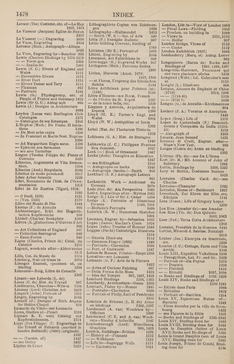 Levant (The) Costume, etc. of—Le Hay 4 1025, 1404 -Le Vasseur (Jacques) Eglise de Noyon 1353 Le Vasseur (—) Engraving 1034 -Le Veau, Engraving 1034 Leveson (Rich.) Autograph—Album 1026 Le Vien, Engraving by—Boucher 938 Lewis (Charles) Bindings by 1876-1379 — — Verstrgan 1365 — — Zuallardo 1365 Lewis (F. C.) Rivers of England and Wales Vili — Devonshire Rivers 1111 — River Dart 111 — Rivers Tamar and Tavy 1111 — Flaxman 947 — Portraits 1101 Lewis (G.) Physiognomy, etc. of People of France and Germany 1422 Lewis (Sir G. C.) Autog: aph 960 Lewis (J.) Designs in Architecture 1084 ‘Leyden (Lucas van) Burlington Club Catalogue 1171 — Catalogue de ses Estampes 1895 L'Hopital (Mich.) De Frane. I] initia- tione 1296 — De Meti urbe capta 1296 — In Francisci et Maric Scot. Nuptias 1296 1296 1338 i — Ad Margaritam Regis soror. — Epistolz seu Sermones — see also Turnebus Liagno (Teodor Filippo de) Plates of Costume 1020 Libanius, Argumenta et Vita Demos- then. 1254 Libavius (And.) Singularia 1346 Libellus de modo penetendi 1317 Liber Arbor Scientie 1229 ‘Libri, Monumens de hist. de l’Orne- mentation 1223 Libri de Re Rustica (Tiguri, 1528) 1245 — (? Basil, 1528) 1231 — (Ven. 1533) 1270 . Libro del Monte di Dio 1444 Licetus (F.) de Annulis 966 Lichtenberger, Erkl. der Hogarth- ischen Kupferstiche 956 Liddell (Charles) Bookplate 1362 Liévre (E.),Collections d’Giuvres d’Art 966 — Art Collections of England 967 — Collection Sauvageot $89 — Eaux-Fortes 946 Ligne (Charles, Prince de) Catal. du Cabinet 1173 Ligozzi, woodcuts after—Aldrovandus W151 ‘Lille, Cat. du Musée de 1174 ‘Limburg, Stained Glass in 1070 Limoges Enamel, specimen of, on binding 1224 Limousin— Roig, Libre de Consells 1383 Linant—see Laborde (L. de) ‘Linas (C. de) Hist. du Travail 967 Lindisfarne, Churches—Wilson 1196 Lindsay (Lord) Christian Art 1019 Lingard (John) Portrait of 4101 Lingée, Engraving by 1034 Linnell (J.) Designs of Mich. Angeio for Sistine Chapel 970 -Lionardo da Vinci—see Leonardo Lions, Studies of—Picart 1393 Liphart K. E. von) Catalog der Kupferstichsamm. 1174 Lippi (Fra Filippo) (?) Engravings to the Trionfi. of Petrarch (ascribed to Sandro Botticelli) (1488) (originals) 1167 .— — (Facsim. of) 1447 -— see Ottley 1037 Lipsius de Cruce 1019 Lithographirte Copien von Zeichnun- gen 1086 Lithography—Hullmandel 1413 — Smith (W. S.\—Soe. of Arts 930 Litta (P.) Famiglie Italiane 967 Little Gidding Convent, binding of 1343 Littleton (Sir E.) Portrait of 1089 Littret, Engraving by 1034 Liverpool, Art Exhibitions in 969 Liversegge (H.) Engraved Works 967 Livingston (Mich.) Patronus Redux 1360 Livius, Historie (Amst. 1678) 1325, 1368 — et Florns, Ursprung des Rémischen Reichs 1144 Livre Artificienx pour Pointres (sic) (1540) 1138 Livre d' Heures—sve Hore, French — de l’Ordre du St. Esprit 1237 — de la toute belle, ete. 1329 Liaguno y Amirola, Arquitectura de Espana 1206 Lloyd (H. E.) Turner's Engl. and Wales 1002 Lloyd (W. W.) Antiquities of Ionia 1202 Lobel (Mat. de) Plantarum Historia 1253 Lobineau (G. A.) Hist. de Bretagne 1240 Lobkowitz (J. C.) Philippus Prudens Rex demonst. Lock (—) Book of Ornament’ 1067 Locke (John) Thoughts on Education 1347 — see Stillingfleet 1846 — Autographs on books 1346 — Autograph (facsim.)—Smith 996 Lockhart (J. F.) Autograph Letters 961 Locksmith Work — Androuet du Cerceau 10738 Lode (Ger. de) Ars Perspectiva 1081 Loder, Engravings after—Mythos 1062 Lodge (E.) Life of Sir J. Cesar 1098 Lodge (E.) Portraits of Illustrious Persons 1100, 1101 — Holbein’s Portraits 1099 Lodwick (R. W.) Humorous Sketches: 1401 Loemans, Engrav. by—Sebastian 1033 Logan (James) Maclan’s Clans 1024 Logan (John) Treatise of Honour 1344 Loggan (David) Cantabrigia lllustrata 1114 — Oxonia Ilustrata 1113 — Common Prayer (1662) 1249 — Portraits—Clarendon 1098 — Port. of Cudworth 13847 Loisus de Masson, Printer—Esopo 1266 Lomatins—see Lomazzo Lomazzo (G. P.) Arte de la Pintura 1422 — Artes of Curious Painting 967 — Della Forma delle Muse 1422 — Idea del Tempio 967, 13807, 1422 Lombard Bindings 1256, 1263 Lombardy, Architecture—Osten 1203 Lombvart, Plates by—Homer 1345 — Portraits—Clarendon 1098 — Portrait of Philip, Earl of Pembroke Loménie de Brienne (L. H. de) on bindings 1282, 1287 Londerseel (A. van) Woodcuts by— Officium 1390 Londerseel (C. E. and A. van) Wood- cuts—Nicolay d’Arfeville 1147 Londesborough (Lord) Miscellanea Graphica 968, 1423 London, Buildings—Britton 1192 — History of—Pennant 1112 — — Wilkinson 1112 — Life in~—Bagnigge Wells 1111 — — Caricatures 1014  London, Life in—View of London 1053 — Penal Laws—Fielding 1363 — Proclam. on building in 1249 — Views in 1111, 1112 -—— — Hollar 957 London Bridge, Views of 1112 — — Cooke 1112 London Exhibition (1851) 1063 Londonderry (Marq. of) Autog. od 62 Longepierre (Baron de) Books and Bindings of 1285, 1286, 1397 Longeville-Harcouet, Personnes qui ont vecu plusieurs siécles 1332 Longtord ( Wilts.) Ld. Coleraine’s seat at 1115 Longhi (L.) Ilustrato 968 Longus, Amours de Daphnis et Chloe (1718) 1314, 13868 — — (1718-45) 329 === 788 By 1058 Longus (G.) de Annulis—Kirchmannus 964 Lonicer (J. A.) Venatus et Aucupium 1443 Lopez (Greg.) Life of 1370 Lopez de Castanheda (F.) Descobri- mento y Conquista da India (1552- 61) 1853 — Autograph of 1353 Loraux, Jean Second 1331 Lorenzo di Credi, Engray. after— Shaw’s New Test. 995 Lorges (Comte de) Arms on binding 1291 L’Orme (Ph. de)—see De L’Orme Lort (Dr. M.) MS. Account of John of Salisbury 1244 Lortic, Bindings by 1336, 1837 Lory et Moritz, Costumes Suisses 1025 Lorraine (Charles Card. de)—see Charles Lorraine—Champier 1835 Lorraine, House of—Baleicourt 1327 Looszbuch, Zur Ehren der Roém. ete, Kiinigin Li4i Losa (Franc.) Life of Gregory Lopez 1370 Los Rios (Amador de)—see Amador Los Rios (Vic. de) Don Quixote 1062, 1063 Lose (Fed.) Terra Cotta Architecture 1203 Lostalot, Procédés de la Gravure 1445 Lottini, Miracoli d. Santiss. Nunziati 1019 Louber (Jac.) Excerpta ex tractatulo, ete. 1230 Loudon (J. C.) Cottage, Farm and Viila Archit. 1185 Louis XIII, Expeditio Valtelinea 1239 — Panegyricus, Lat. Fr. and Gr. 1239 — Portrait of—Du Peyrat 1275 — — Dupleix 1238 — — Pluvinel 1413 — — Ritratti 1097, 1098 — Books and Bindings of 12388, 1239 Louis XIV, Books and Bindings of 1239-1241 — Entrée dans Paris 1088 — Médailles 14992 — Portrait of—Barritre 1214 Louis XV, Equestrian Statue of— Mariette 1243 — Fétes données par la ville de Stras- bourg 1422 — see Figures de la Bible SS | — Books and Bindings of 1241-1242 Louis XIV, Binding done for 1243 Louis XVIII, Binding done for 1244 Louis le Dauphin (father of Louis AVI) Books and Bindings of | 1242 Louis le Grand Dauphin (son of Louis XVI) Binding done for 1241 Louis Joseph, Prince de Condé, Bind- ing done for 1248