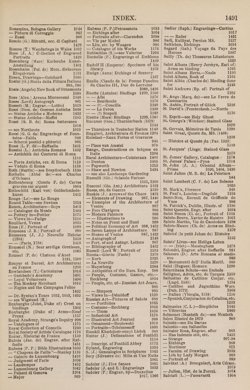  Rosaspina, Bologna Gallery 1044 — Pitture di Correggio 942 — Rossi 986 Roscio (G.) Ritratti, ecc. di Capitani 1429 Roscoe (T.) Wanderings in Wales 1052 Rose (J. A.) Collection of: Engraved Portraits 1429 Rosenberg (Mare) Karlsruhe Kunst- Austellung 1401 Rosenhaim (Pet. de) Mem. divinorum Eloquiorum 1131 Rosex,. Drawings—Guichard 1080 Rosini (G.) Storia della Pittura Italiane 985, 286 Rosis (Angelo) New Book of Ornaments 1085 Ross (Alex.) Arcana Microcosmi 1348 Rosse (Lord) Autograph 961 Rossett (M.) Engrav.—Lottini 1019 Rossi (Dom. de) Gemme Antiche 1048 — Statue Antiche e Moderne 1432 — Statue Antiche—Maffei 1105 Rossi (G. B. de) Roma Sotteranea 1018 — see Northcote 1018 Rossi (G. G. de) Engravings of Foun- tains—Falda 948 — Scherzi poetici e pittorici 986 Rossi (L. P. dé)—Raffaelle 1431 Rossini (L.) Antichita Romane 1432 — Antichita dei Contorni di Roma 1118 — Porte Antiche, ecc. di Roma 1119 =— Vedute di Roma 1118 Roth (Martin)—see Breydenbach 1130 Rothelin (Abbé de)—see Charles a’Orleans Rothenbourg (Comte F. de) Cartes gravées sur argent 1064 Rothschild (Karl von) Goldschmiede- kunst 1411 Rouge (Le)—see Le Rouge Round Table—see Devises 1312 Rouen, Architecture—Boys 1403 — Catalogue du Musée 1402 -- Pottery in—Pottier 1075 — Views in—Fudge 1116 Rouillard, Venus 1035 Rous (F.) Portrait of 1099 | Rousseau (J. B.) Portrait of 990 Rousseau (J. J.) Nouvelle Heloise (1764) 1059 — — (Paris, 1788) 1418 Rousseel (N.) Seer aerdige Grotissen, etc. 1085 Roussel (P. de) Chateau d’Anet 1181, 1200 Rouyer et Darcel, Art Architectural en France 1200 Rowlandson (T.) Caricatures 1014 — Gambado’s Academy 1401 — Loyal Volunteers 1404 — The Monkey Merchant 1014 — Naples and the Campagna Felice 1432 — Dr, Syntax’s Tours 1052, 1053, 1482 — see Wigstead (H.) Roxburghe (John, Duke of) Crest on bindings 1364 Roxburghe (Duke of) Arms—Neuf Preux 1157 Royal Academy, Strange’s pas 998 — Catalogues of 1175 Royal Collection of Councils 1240 Royal Society of Artists’ Catalogue 1176 Rozier, Historial de France 1159 Rubeis (Jac. de) Engray, after Raf- faelle 1431 Rubens (P. P.) Bible Illustrations 1050 — ‘Chapeau de Paille’”’—Stanley 1176 — Galerie de Luxembourg 1410 -— Judgment of Paris 1036 — Landscapes 1432 = Luxembourg Gallery 1042 — Palazzi di Genova a - Major     INDEX. Rubens (P. P.)Petrasancta 1033 — Etchings after 1034 — Portraits after—Clarendon 1098 — Vie par Michel 986 — Life, etc. by Waagen 986 — Catalogue of his Works 1176 Rubischius (S.)—see Valerius 1294 Ruchelle (P.) Engravings of Emblems 1439 Rudolf II (Emperor) Specimen of his library 1233 Rudge (Anne) Etchings of Scenery 1167 Ruelle (Claude de Ja) Pompe Funebre du Charles IIf, Due de Lorraine 1089, 1426 Ruette (Antoine) Bindings 1299, 1500 — — Albi 1276 — -— Bonifaccio 1276 — ~— (?)—Concilia 1240 — — Le Feron 1239 — — (?) Scupoli 1240 Ruette (Mace) Bindings 1299, 1309 Ruexner (Geo.) Thurnierbuch (1579) 1144 — Thurniers in Teutscher Nation 1140 Ruggieri, Architettura di Firenze 1204 Ruisdael—Eaux Fortes et Gravures . 9 — Ploos van Amstel 978  Italie 1204 Rural Architecture—Cointeraux 1403 — Denton 1405 — Papworth 1215 — Shaw and Newton 1434 — see also Landscape Gardening Ruscelli (Gir.) Orlando Furioso 1151, 1260 Rusconi (Gio. Ant.) Architettura 14382 Ruses, etc. de Guerre 1310 Ruskin (J.) Arrowsof the Chace 1432 — Elements of Drawing 987, 1446 — Examples of the Architecture of Venice 987 — Fors Clavigera 988 — Modern Painters 986 — — Illustrations to 986 — Notes on Prout and Hunt 988 — Political Economy of Art 988, 1432 — Seven Lamps of Architecture 987 — Stones of Venice 987, 1432 — Autograph of 1148 — Port. ofand Autogr. Letters 987 — Bibliography of 1432 Russell (Lord W.) Portrait of 1102 Russia—Giovio (Paolo) 1378 — Korb 1325 — La Neuville 1870 — Mayerberg 1284 — Antiquities of the Russ. Emp. 988 — People, Costume, Games, etc.— Rechberg 1024 — People, etc. of—Russian Art Journ. 988 — — Simpson 995 — Views in—Démidoff 1120 Russian Art—Pictures of Saints 988 — — Portfolios 1065 — Costume—Rechberg 1024 — — Timm 1024 — Industrial Art 1178 — Jllustrated Art Journal 988 — Ornament—Boutowski 1079 — Portraits—Tchémessoff 1098 Russkii Khudojestvennyi Listok 985 Rutter (J.) Delineations of ro } — Descript. of Fonthill Abbey 1172 Ryland, Engraving 1034 S. (J.) Genealogies in Scriptures 1543 Sacy (Silvestre de) Mille et Une Nuits 1061 Sadeler (J.) Five Senses 1081 Sadeler (J. and E.) Engravings 1033 Sadeler (P.) Engray. by—Drexelius 1017, 1366  1491 —~ — Rader 1431 Sadi, Kulliyat, Persian MS. 1227 Saftleben, Etchings 1034 Sagard (Gab.) Voyage du Pays des Hurons 1387 Sailly (Th. de) Thesaurus Litaniarum 1333 Saint Albans (Henry Jermyn, Earl.of) Arms on binding 1348 Saint Albans, Herts,—Neale 1193 Saint Albans, Book of 1162 Saint Albin (Charles de) Binding done for 1245 St. Ange (Marq. de)—-see Le Fevre de Caumartin St. Aubin, Portrait of Gliick 1826 St. David’s (Pembrokesh.)—Norris 1116 St. Esprit—see Holy Ghost St. George’s (Windsor) Stained Glass 1070 St. Gervais, Mémoires de Tunis 1290 Saint Graal, Queste du, MS. (1468) 1258 St. Jacques’ (Liege) Stained Glass 1 070 St. James’ Gallery, Catalogue 1178 St. James’ Palace — Pyne 1114 St. John (J, A.) Oriental Album— Prisse 1026, 1404, 1430 Saint Julien (M. B. de) La Peinture S 8 Saint Lambert (C. F. de) Les Saisons 1059 St. Mark’s, Florence 948 St. Paul's, London—Dugdale 1193 Saint-Non, Recueil de Griffonis de Vues 988 St. Patrick’s, Dublin, Illustr. of 1196 Saint Quentin, Engr. ‘after 1034 Saint Simon (Cl. de), Portrait of 1103 Sainte-Beuve, Xavierde Maistre 1061 Sainte Marthe, Vie de Cassiodore 1288 eye Sa (Ch. de) Arms on Bind- 1279 Saintré de petit Jehan de) Histoire 1332 Saints’ Lives—see Heilige Leben — — (Ivish)—Messingham 1375 Salandri, Engrayv. after Raffaelle 981 Salazaro (D.) Arte Romana al medio eyo 989 — Monumenti dell’ Italia Merid. 988 Salel (Hugues) Homere 1299 Salernitana Schola—see Eschole Sallignac, Advis, etc. de Turquie 1310 Sallustius de Catilinee Conjur. etc. (Lugd. 1545) 12384 | — Catiline and Jugurthine Wars (Dub. 1772) 1363 — Italian (Vinegia, 1518) 1256 — Spanish,Conjuracion de Catalina, etc, 1233 Salmasius (C. L.)—Simplicius 1345 — Vitruvius 1440 Salmonet (Menteth de)—see Menteth Salon Ilustré de 1879 989 Saluste—see Du Bartas Salustio—see Sallustius Salvator Rosa, Engray. after 983 — Has ludentis otii, etc. 1432 — Strange 997-98 — Etchings 989 — Mortimer 971 — Facsim. of Drawing 1038 — Life by Lady Morgan 989 — Portrait of 989 Salvétat (A.) Brongniart, Arts Céram. 10738 — Julien, Hist. de la Porcel. 1074 Salviati (L.)—Passavanti 1354