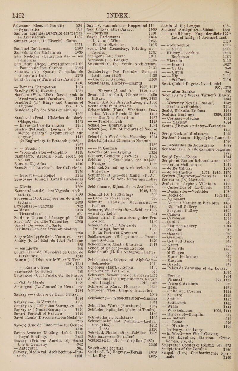 Salzmann, Elem. of Morality — Gymnastics Sambin (Hugues) Diversite des termes en Architecture 1432 Sambix (Jean) (D. Elzevir)—Coras  1311 Sambuci Emblemata 1263 Sammlung der Miniaturen 1030 San Nicholas (Laurencio de) — see Laurencio San Pedro (Diego) Carcel de Amor 1164 — Passion de Jesu Christo 1164 Sanchez (A) Quatro Comedias de Gongora y Lope 1278 Sand (Georges) Paris et les Parisiens 1216 — Romans Champétres 1061 Sandby (Wil.) Horatius 1051 Sanders (Wm. Bliss) Carved Oak in Woodwork and Furniture 1448 Sandford (F.) Kings and Queens of England 1251, 1368 Sandoval (Fr. de) Arms on binding - 1392 Sandoval (Prud.) Historias de Idacio Obispo, etc. 1392 — Reyes de Castilla y Leon 1251 Sandro Botticelli, Designs for ‘11 Monte Sancto” (facsimiles of the engray.) 1447 — (?) Engravings to Petrarch (1488) 1167 =— — (facsim. ) 1447 — Woodeuts after—Poliphilo 1148 Sannazaro, Arcadia (Nap. 1504), on vellum 1354 Sanson (N.) Atlas 1346 Sans-Souci, Beschreib. der Gallerie in 1176 — Gardens—Le Rouge 1215 Sansovino (Frane.) Annali Tnrcheschi 1236 — Niceta 1262 Santen (Joan de)—see Vignola, Archi- tettura Saracenus (Jo.Card,) Serlius de Archi- tectura 1433 Sarcophagi—Guattani 952 — Moses 137 — Piranesi (xx) 977 Sardiere (Guyon de) Autograph 1109 Sarpi (P.) Concilio Tridentino 1302 Sartel (Du)—see Du Sartel Sartines (Gab. de) Arms on binding 1293 Satyre Menippée de la Vertu, etc. 1244 Saulcy (F. de) Hist, de Art Judaique 989 — see Litvre 966 Saulx (Guil. de) Memoires de cane de Travannes 1243 Saurin (—) Disc. sur le V. et N. Test. 1821, 1354 — — Engyrav. from 1050 Sauvageot Collection 929 Sauvageot (Col.) Palais, etc. de France 1200 — Cat, du Musée 1172 Sauvageot (L.) Journal de Menuiserie 1184 Sauzay (—) Giuvre de Bern. Palissy 1074 Sauzay (—) la Verrerie 1295 Sauzay (A.) Collection Sauvageot 989 Sauzay (S.) ‘Musée Sauvageot 1172 Savart, Bae trait of Fenelon 1312 Savot (Louis) Discours sur les Medailles 1275 Savoye (Duc de) Enterprise sur Geneve 1310 Saxon Arms on Binding—Lobel 1253 — Royal Bindings 1253 Saxony (Princess Amelia of) Social Life in Germany 962 — Autograph 961 Foe Medieval Architecture--—Put- trich 1201  Saxony, St gmbh ae ieanod 114 036 Say, Engray. after Caracci 10 — Portraits = 1101 Sayer, Caricatures 1014 — Love and Wine 1035 — Political Sketches 1016 Scala Dei Monastery, Printing at— Capella 1232 Sealiger (Jos.) Caesar 1311 Scamozzi (—) Langley 1185 Scamozzi (G. D:)—Serlio, Architettura 1433 Scanderbeg— Des Fuersten Georgen Castrioten (1533) 1136 — Giovio et Gambini 1260 Scandinavia, History —Magnus 1287, 1317 —— Magnus (J. and QO.) 1150, 115i Scannelli da Forli, Microcosmo della Pittura 990, 1433 Scappi (Ant. )de Birreto Rubeo, etc.1360 Scelte Pitture di Brescia 938 Schaeufelein (Hans) Woodeuts—Doc- trina, Vita et Passio Christi 1137 — — Das New Plenarium 1137 — — Tewrdannckh 1443 Schale (—) Engrav. after 1034 Scharf (—) Cat. of Pictures of Soe. of Antiq. 1176 Scharf (—) Woodcuts—Macaulay 1054 Schedel (Hart.) Chronicon Nuremb. 1130 —— in German 1130 Scheffer (Jo.)—Hyginus 1324 Schiller, Gedichte (1859-62) 1062 Schiller (—) Geschichte des 80-jahr. Krieges 1062 Schinkel, Sammlung Architectonischer Entwiirfe 1201 Schirmer (H. E.)—see Munch (P. A.) Schlegel (A. W. von) Autograph Letter 660 Schlodhauer, Bijouterie et Joaillerie 1049, 1066 Schmidt (G. F.) Etchings 990 — Catal. de son Cuyre 990 Schmitz, Theatrum Machinarum — Bockler 1400 Schnorr, Woodcuts after—Schiller 1062 — Autog. Letter 961 Schon (Erh.) Under Wweissung der Pro- portion 1139 Schéngauer (M.) Guvre de 990 — Drawings, facsim. 1036 — Eaux-Fortes et Gravures 946 Schonsperger (H.) printer — Pontus and Sydonia 1129 Schoepflinus, Alsatia Illustrata 1317 School of Salerne—see Eschole Schoolcraft (H. R.) Autograph Letter 960 Schoonebeck, Engray. of Alphabets— Schroeder 1010 Schopper (Hart.) Asopus 1142 Schouvaloff, Portrait of 990 Schramm, Schauplatz der Briicken 1400 Schrenkius (Jac.) lmperatorum, Regum etc. Imagines 1013, 1394 Schrevelius (Corn.) Homerus 1306 Schroder, Thes, Lingue Armenicz 1010 Schréder (—) Woodcuts after—Muszeus 1061 Schuebler, Works (Furniture) 1067 Schiubler, Epitaphes (plates of Tombs) 1180 Schwanthaler, Sculptures 1105 Schweinheim and Pannartz—Lactan- tius (1465) - 1265 — — (1468) 13836 Schwind, Photos. after—Schiller 1062 Schylhans—see Gerszdorf Seinzenzeler (Uld.)—Virgilius So Scotch—see Scottish Scotin (J. B.) Engray.—Berain -— Le Hay ~ 1078 1026       Scotin (J. B.) Longus 1058 © Scotland, Antiquities—Sibbaid 1355 — — and History—Nuge derelictz1379 — — Cat. of Antiq. of Archeol. Inst. 1170 — Architecture 1196 ° — — Neale 1424 — History —Boethius 1245 — — Buchanan 1363 — Views in 1015 — — Bossoli 1027 — — Geikie 950 — — Gilpin 951 — — Kip 11 — — Stafford 5 1116 Scott (John) Engray. by—Daniel 997, 13875 — — after Smirke 996 Scott (Sir W.) Works, Turner's Ilustr, to 1004 — Waverley Novels (1842-47) 1052 — Border Antiquities 1145 Scotti, Helvetia Profana 1264 Scottish Bindings 1360, 1363 — Costume—Maclan 1024 —-— Macleay 1024 Scotus (Hieron.) printer—Terentius - 1150 Serap Book of Miniatures 1030 Scribes’ Names—Hippolytus Lunensis 1030 — Leonardus de Aquisgrano 1028 Scribonius (G, A.) de examine Sagarum 1272 Script Type—Esope 1334 Scriptores Rerum Britannicarum 1300 -—~ Rerum Gallicarum 1242 — de Re Militari 1298 — de Re Rustica 1231, 1245, 1270 Scriven (Engraver)—Portraits 1101 Scriverius (P.) Martialis 1300 Sculpture—Arphe y Villafane 1106 — Curiosities of—-Le Comte 1370 — Designs for—Vorbilder 1086 — Books of 1103-1105 — Agincourt 929 — Ancient Marbles in Brit. Mus. 1403 — Blundell Gallery 1401 — Borghese Gallery 1433 — Canova 1244 — Caveleriis 1446 — Cellini 940 — Florence Gallery 1044 — Franzini 949 — Gaussen 950 — Guattani 952 — Gell and Gandy 979 — Krafft 965 — Michaelis 1423 — Millingen 970 — Museo Borbonico 972 — Museum 972 — Orvieto 974 — Palais de Versailles et du Louvre 1395 — Perrier 1264 — Piranesi 977, 1427 — Prisse d’Avennes 979 — Rossi 1432 — Smith and Poreher 1124 — Spalatro 1109 — Status 1435 — Statuarum 1433 — Wilde 1441 — Winckelmann 1009, 1441 — History of—Borghini 937 — — Bottari 937 — — Lamo 966 — — Martinez 1106 — in Ivory—see Ivory — in Wood—see Wood-Carving —_see Egyptian, Etruscan, Greek, Roman, ete. ete. Sculptured Crosses of Ireland 964, 973 Sculptures of the Batalha 1190 Scupoli (Lor.) Combattimento Spiri- tuale 1240