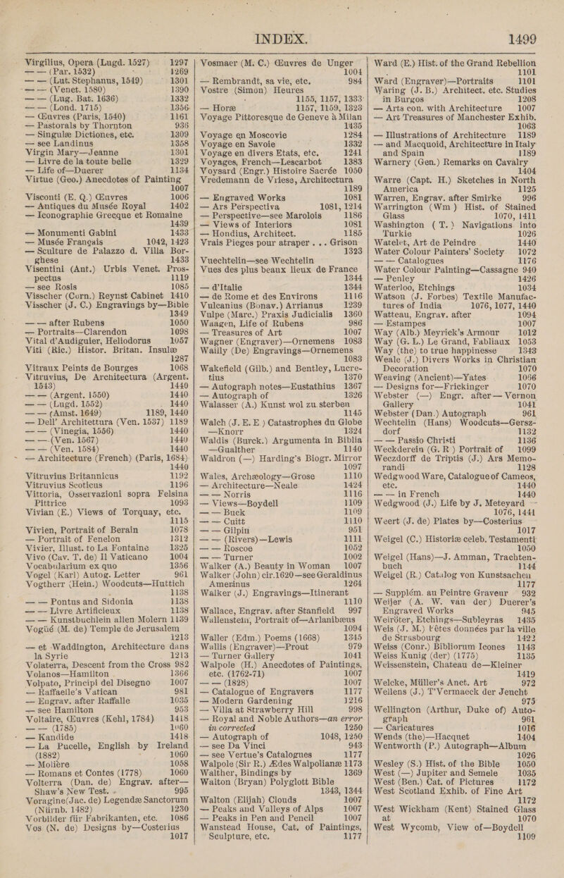  _ Virgilius, Opera (Lugd. 1527) 1297 | Vosmaer (M. C.) Guvres de Unger | Ward (E.) Hist. of the Grand Rebellion — — (Par. 1532 1269 1004 + a0 — — (Lut. Stephanus, 1549) ‘1301 | — Rembrandt, sa vie, etc. 984 | Ward (Engraver)—Portraits 1101 *=--— (Venet. 1580) - 1390 | Vostre (Simon) Heures Waring (J. B.) Architect. etc. Studies — — (Lug. Bat. 1636) 1332 — — (Lond. 1715) 1356- — Guvres (Paris, 1540) 1161 — Pastorals by Thornton 936 — Singule Dictiones, ete. 1309 — see Landinus 1358 Virgin Mary—Jeanne 1301 — Livre de la toute belle 1329 — Life of—Duerer 1134 Virtue (Geo.) Anecdotes of Painting 1007 Visconti (E. Q.) @uvres 1006 — Antiques du Musée Royal 1402 — Iconographie Grecque et Romaine 1439 — Monumenti Gabini 1433 — Musée Frangais 1042, 1423 — Sculture de Palazzo d. Villa Bor- ghese 1433 Visentini (Ant.) Urbis Venet. Pros- pectus 1119 — see Rosis 1085 Visscher (Corn.) Reynst Cabinet 1410 Visscher (J. C.) Engravings by—Bible 1349 — — after Rubens 1050 — Portraits—Clarendon 1098 Vital d’Audiguier, Heliodorus 1057 Viti (Ric.) Histor. Britan. Insule 1287 Vitraux Peints de Bourges 1068 Vitruvius, De Architectura (Argent. 1543) 1440 — — (Argent. 1550) 1440 — — (Lugd. 1552) _ 1440 — — (Amst. 1649) 1189, 1440 — Dell’ Architettura (Ven. 1537) 1189 — — (Vinegia, 1556) 1440 — —-(Ven. 1567) 1440 — — (Ven. 1584) 1440 — Architecture (French) (Paris, 1684) 1440 Vitruvius Britannicus 1192 Vitruvius Scoticus 1196 Vittoria, Osseryazioni sopra Felsina Pittrice 1093 Vivian (E.) Views of Torquay, a 115 Vivien, Portrait of Berain 1078 — Portrait of Fenelon 1812 Vivier, Illust. to La Fontaine 1325 Vivo (Cav. T. de) Il Vaticano 1004 Vocabularium ex quo 1356 Vogel (Karl) Autog. Letter 961 Vogtherr (Hein.) Woodcuts—Huttich , 1138 — — Pontus and Sidonia 1138 — — Livre Artificieux 1138 — — Kunstbuchlein allen Molern 1139 Vogiié (M. de) Temple de Jerusalem 1213 — ef -Waddington, Architecture dans la Syrie 1213 Volaterra, Descent from the Cross 982 Volanos—Hamilton 1366 Volpato, Principi del Disegno 1007 — Raffaelle’s Vatican 981 — Engrav. after Raffalle 1035 — see Hamilton 953, Voltaire, Guvres (Kehl, 1784) 1418 — — (1785) 1060 — Kandide 1418 —lLa Pucelle, English by Ireland (1882) 1060 — Moliere 1058 — Romans et Contes (1778) 1060 Volterra (Dan. de) Engray. after— Shaw’s New Test. 995 Voragine(Jac. de) Legends Sanctorum (Niirnb. 1482) 1230 Vorbilder fiir Fabrikanten, etc. 1086 Vos (N. de) Designs by—Costerius 0 — Hore N57, 1159, 1323 Voyage Pittoresque de Geneve ? a eS 435 Voyage en Moscovie 1284 Voyage en Savoie 1332 Voyage en divers Etats, etc.- 1241 | Voyages, French—Lescarbot 1383 Voysard (Engr.) Histoire Sacrée 1050 Vredemann de Vriese, Architectura 1189 — Engraved Works 1081 — Ars Perspectiva 1081, 1214 — Perspective—see Marolois 1186 — Views of Interiors 1081 — Hondius, Architect. 1185 Vrais Pieges pour atraper... Grison 1323 Vuechtelin—see Wechtelin Vues des plus beaux lieux de France 1344 — d'Italie 1344 — de Rome et des Environs 1116 Vulcanius (Bonav.) Arrianus 1239 Vulpe (Mare.) Praxis Judicialis 1360 Waagen, Life of Rubens 986 — Treasures of Art 1007 Wagner (Engraver)—Ornemens 1083 Wailly (De) Engravings—Ornemens 1083 Wakefield (Gilb.) and Bentley, Lucre- tius 1370 — Autograph notes—Eustathius 1367 — Autograph of 1326 Walasser (A.) Kunst wol zu.sterben 1 145 Walch (J. E. E_) Catastrophes du a —kKnorr 324 Waldis (Burck.) Argumenta in Biblia —Gualther 1140 Waldron (—) Harding’s Biogr. Mirror 1097 Wales, Archeology—Grose 1110 — Architecture—Neale 1424 — — Norris 1116 — Views—Boydell 1109 — — Buck 1108 — — Cuitt 1110 — — Gilpin 951 _-— (Rivers) —Lewis 111 — — Roscoe 1052 — — Turner 1002 Walker (A.) Beauty in Woman 1007 Walker (John) cir.1620—see gern Amerinus 1264 Walker (J.) Engravings—Itinerant, Wallace, Engrav. after Stanfield 907 Wallenstein, Portrait of—Arlanibzeus 1094 Waller (Edm.) Poems (1668) 1345 Wallis (Engraver)—Prout 979 — Turner Gallery 1041 Walpole (H.) Anecdotes of Paintings, etc. (1762-71) 1007 — — (1828) 1007 — Catalogue of Engravers 1177 — Modern Gardening j216 — Villa at Strawberry Hill 998 — Royal and Noble Authors—an error in corrected 1250 — Autograph of 1048, 1250 -— see Da Vinci 943 — see Vertue’s Catalogues 1177 Walpole (Sir R.) Ades Walpolianz 1173 Walther, Bindings by 1369 Walton (Bryan) Polyglott Bible 1843, 1344 Walton (Elijah) Clouds 1007 — Peaks and Valleys of Alps 1007 — Peaks in Pen and Pencil 1007 Wanstead House, Cat. of Paintings, Sculpture, ete. 1177  in Burgos 1208 — Arts con. with Architecture 1007 — Art Treasures of Manchester Exhib. 1063 — Illustrations of Architecture 1189 — and Macquoid, Architecture in Italy and Spain 1189 Warnery (Gen.) Remarks on Cavalry 140. Warre (Capt. H.) Sketches in North America 1125 Warren, Engrav. after Smirke 996 Warrington (Wm.) Hist. of Stained Glass 1070, 1411 Washington (T.) Navigations into Turkie 1026 Watelet, Art de Peindre 1440 Water Colour Painters’ Society. 1072 — — Catalogues 1176 Water Colour Painting—Cassagne 940 — Penley 1426 Waterloo, Etchings 1034 Watson (J. Forbes) Textile Manufac- tures of India 1076, 1077, 1440 Watteau, Engray. after 1094 — Estampes 1007 Way (Alb.) Meyrick’s Armour 1012 Way (G..L.) Le Grand, Fabliaux 1053 1343 Weale (J.) Divers Works in Christian Decoration 1070 Weaving (Ancient)—Yates 1066 — Designs for—Frickinger 1070 Webster (—) Engr. after — Vernon Gallery 1041 Webster (Dan.) Autograph 961 Wechtelin (Hans) Woodcuts—Gersz- dorf 1132 — — Passio Christi 1136 Weckderein (G. R ) Portrait of 1099 Wecezdorff de Triptis (J.) Ars Memo- randi 1128 Wedgwood Ware, Catalogue of Cameos, ete. 1440 — — in French 1440 Wedgwood (J.) Life by J. Meteyard -- 1076, 1441 Weert (J. de) Plates by—Costerius 1017 Weigel (C.) Historie celeb. Testamenti 1050 Weigel (Hans)—J. Amman, Trachten- buch - - 2144 Weigel (R.) Catalog von Kunstsachen 1177 — Supplém. au Peintre Graveur 932 Weijer (A. W. van der) Duerer’s Engraved Works 945 Weiréter, Etchings—Subleyras 1435 Weis (J. M.) Fétes données par la ville de Strasbourg 1422 Weiss (Conr.) Bibliorum Icones 1143 Weiss Kunig (der) (1775) 1135 Weissenstein, Chateau de—Kleiner 1419 Welcke, Miiller’s Anct. Art 972 Wellens (J.) T’Vermaeck der Jeucht 975° Wellington (Arthur, Duke of) Auto- graph 961 — Caricatures 1016 Wends (the)—Hacquet 1404 Wentworth (P.) Autograph—Album 1026 Wesley (S.) Hist. of the Bible 1050 West (—) Jupiter and Semele 1035 West (Ben.) Cat. of Pictures 1172 West Scotland Exhib. of Fine Art 1172 wee Wickham (Kent) Stained Glass 1070 West Wycomb, View of—Boydell 1109