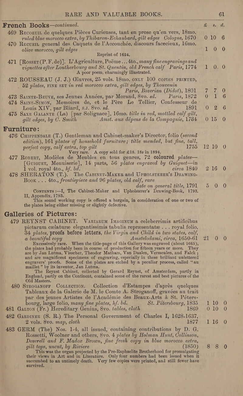   French Books—continued. 469 Recoruih de quelques Piéces Curieuses, tant en prose qu’en vers, 18mo. ruled blue morocco extra, by Thibaron-Hchaubard, gilt edges Cologne, 1670 470 Recuztt general des Caquets de l’Accouchée, discours facecieux, 16mo. olive morocco, gilt edges | Reprint of 1624. 471 [Rossrr(P.F.de)]. L’ Agriculture, Poéme...4to., many fine engravings and vignettes after Loutherbourg and St. Quentin, old French calf Paris, 1774 A poor poem, charmingly illustrated. 472 ROUSSEAU (J. J.) Giuvres, 25 vols. L8mo. onty 100 Copies PRINTED, 52 plates, FINE SET in red morocco extra, gilt edges, by Thouvenin Paris, Bozerian (Didot), 1801 4.73 Sainte-Beuve, ses Jeunes Années, par Morand, 8vo. sd. Paris, 1872 474, Saint-Srmon, Memoires de, et le Pére Le Tellier, Confesseur de Louis XIV, par Bliard, s.s. 8vo. sd. 1891 475 Saxe Gavante (La) [par Solignace], 16mo. title in red, mottled calf gilt, gilt edges, by C. Smith Amst. aux dépens de la Compagnie, 1784 Furniture: 476 CuirpENDALE (T.) Gentleman and Cabinet-maker’s Director, folio (second editton), 161 plates of household furniture; title mended, but fine, tall, perfect copy, calf extra, top gilt 1755 Very rare. A copy sold for £18. 18s in 1894. 477 Rosert, Modéles de Meubles en tous genres, 72 coloured plates— [Gureunt, Menuiserie], 14 parts, 56 plates engraved by Guiguet—in 1 vol. royal 4to., hf. bd. circa 1840 478 SHERATON (T.).. The Canrnet-Maxer and UpHonsterEr’s Drawinc- Book... 4to., frontispiece and 96 plates, old calf, rare date on general title, 1791 Contents :—I, The Cabinet-Maker and Upholsterer’s Drawing-Book, 1793, II, Appendix, 1793. This sound working copy is offered a bargain, in consideration of one or two of the plates being either missing or slightly defective. Galleries of Pictures: _ 479 REYNST CABINET. Vartarum Imacinum a celeberrimis artificibus pictarum celature elegantissimis tabulis repreesentatee . . . royal folio, 34 plates, proofs before letters, the Virgin and Child in two states, calf, a beautiful copy Amstelodami, circa, 1650-61 Excessively rare. When the title-page of this Gallery was engraved (about 1665), the plates had probably been in course of- production for fifteen years or more. They are by Jan Lutma, Visscher, Theodor Matham, Van Daalen, Vermeulen, and Falck ; and are magnificent specimens of engraving, especially in these brilliant unlettered engravers’ proofs. Some of the plates are etched by a peculiar process, called ‘‘au maillet ” by its inventor, Jan Lutma. The Reynst Cabinet, collected by Gerard Reynst, of Amsterdam, partly in England, partly on the Continent, contained some of the rarest and best pictures of the Old Masters. : 480 Srroganorr CoLLEoTION. Collection d’Estampes d’aprés quelques Tableaux de la Galerie de M. le Comte A. Stroganoff, gravées au trait par des jeunes Artistes de l’Académie des Beaux-Arts a St. Péters- bourg, large folio, many fine plates, hf. bd. St. Pétersbourg, 1835 481 Gatton (Fr.) Hereditary Genius, 8vo. tables, cloth 1869 482 Garpiner (S. R.) The Personal Government of Charles I, 1628-1637, | 2 vols. 8vo. map, cloth (1877 483 GHRM (The) Nos. 1-4, all issued, containing contributions by D. G. Rossetti, Woolner and others, 8vo. 4 plates by Holman Hunt, Collinson, Deverell and F. Madox Brown, fine fresh copy in blue morocco extra, gilt tops, uncut, by Riviere (1850) This was the organ projected by the Pre-Raphaelite Brotherhood for promulgating their views in Art and in Literature. Only four numbers had been issued when it succumbed to an untimely death. Very few copies were printed, and still fewer have survived. : Ss 10 Ot Ow = Cry bo 1 10 Tals (ye apy tenn) NS
