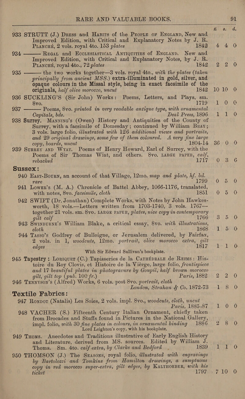  933 STRUTT (J.) Dress and Hasirs of the Proprr or Eneianp, New and Improved Edition, with Critical and Explanatory Notes by J. R. PuLancHE, 2 vols. royal 4to. 153 plates 1842 Regat and Hocresrastican Antiquities of Enetanp. New and Improved Edition, with Critical and Explanatory Notes, by J. R. PLancuy, royal 4to., 72 plates 1842 935 - the two works together—38 vols. royal 4to., with the plates (taken principally from ancient MSS.) extra-illuminated in gold, silver, and Opaque colours in the Missal style, being in exact facsimile of the originals, half olive morocco, uncut 1842 936 SUCKLING’S (Sir John) Works: Poems, Letters, and Plays, sm. 8vo. ils, Poems, 8vo. printed in very readable antique type, with ornamental Capitals, bds. Deal Press, 1896 938 Surrey. Mannina’s (Owen) History and Antiquities of the County of Surrey, with a facsimile of Domesday; continued by William Bray; 3 vols. large folio, tllustrated with 126 additional views and portrarts, and 29 original drawings, some few of them coloured. A very fine large 939 Surrey anp Wyar. Poems of Henry Howard, Earl of Surrey, with the Poems of Sir Thomas Whiat, and others. S8vyo. LARGE PAPER, calf, rebacked Leb? Sussex: 940 Hast-Bouvrn, an account of that Village, 12mo. map and plate, hf. bd. rare eee 941 Lower’s (M. A.) Chronicle of Battel Abbey, 1066-1176, translated, with notes, 8vo. facsimile, cloth 1851 942 SWIFT (Dr. Jonathan) Complete Works, with Notes by John Hawkes- worth, 18 vols.—Letters written from 1703-1740, 3 vols. 1767— together 21 vols. sm. Svo. LARGE PAPER, plates, nice copy im contemporary gilt calf 1766 943 Swinpurne’s William Blake, a critical essay, 8vo. with illustrations, cloth ) 1868 944 Tasso’s Godfrey of Bulloigne, or Jerusalem delivered, by Fairfax, 2 vols. in 1, woodcuts, 12mo. portrait, olive morocco extra, gilt edges 934    937 With Sir Edward Sullivan’s bookplate. 945 Tapestry : Loriquer (C.) Tapisseries de la CaTnfiprate de Rems: His- toire du Roy Clovis, et Histoire de la Viérge, large folio, frontispiece and 17 beautiful plates in photogravure by Goupil, half brown morocco gilt, gilt top (pub. 100 fr.) Paris, 1882 946 Trnnyson’s (Alfred) Works, 6 vols. post 8vo. portrait, cloth London, Strahan &amp; Co, 1872-73 Textile Fabrics: Paris, 1885-87 948 VACHER (S8.) Fifteenth Century Italian Ornament, chiefly taken from Brocades and Stuffs found in Pictures in the National Gallery, impl. folio, with 30 fine plates in colours, in ornamental binding 1886 Lord Leighton’s copy, with his bookplate. 949 THoms. Anecdotes and Traditions illustrative of Harly English History and Literature, derived from MS. sources. Hdited by William J. Thoms. Sm. 4to. calf extra, by Clarke and Bedford. 1839 950 THOMSON (J.) The Szasons, royal folio, illustrated with engravings by Bartolozzi and Tomkins from Hamilton drawings, a sumptuous copy in red morocco super-extra, gilt edges, by KaLTHOEBER, with his ticket 1797