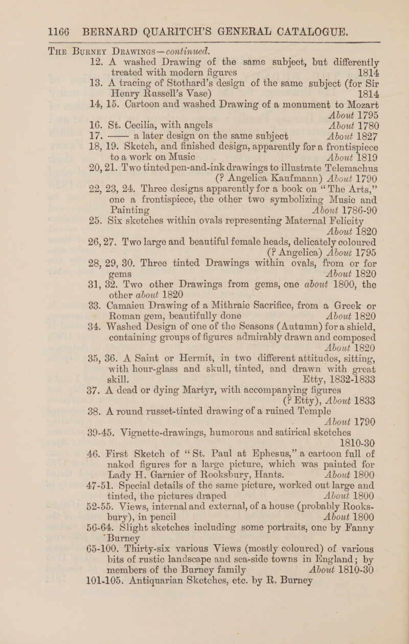 Tun Burney Drawinas—continued. 12. A washed Drawing of the same subject, but differently treated with modern figures 1814 13. A tracing of Stothard’s “design of the same subject (for Sir Henry Russell’s Vase) 1814 14, 15. Cartoon and washed Drawing of a monument to Mozart  About 1795 16. St. Cecilia, with angels About 1780 17. a later design on the same subject About 1827 18, 19. Sketch, and finished design, apparently for a frontispiece toa work on Music. About 1819 20, 21. Two tinted pen-and-ink drawings to illustrate Telemachus (? Angelica Kaufmann) About 1790 22, 23, 24. Three designs apparently for a book on “The Arts,” one a frontispiece, the other two symbolizing Music and Painting About 1786-90 25. Six sketches within ovals representing Maternal Felicity About 1820 26,27. Two large and beautiful female heads, delicately coloured — (? Angelica) About 1795 28, 29, 30, Three tinted Drawings within ovals, from or for gems About 1820 31, 32. Two other Drawings from gems, one about 1800, the other about 1820 83. Camaieu Drawing of a Mithraic Sacrifice, from a Greek or Roman gem, beautifully done About 1820 34. Washed Design of one of the Seasons (Autumn) fora shield, containing groups of figures admirably drawn and composed About 1820 35, 36. A Saint or Hermit, in two different attitudes, sitting, with hour-glass and skull, tinted, and drawn with great skill. Htty, 1832-1833 37. A dead or dying Martyr, with accompanying figures (? Etty), About 1833 38. A round russet-tinted drawing of a ruined Temple . About 1790 39-45. Vignette-drawings, humorous and satirical sketches 1810-30 46. First Sketch of “St. Paul at Ephesus,” a cartoon full of naked figures for a large picture, which was painted for Lady H. Garnier of Rooksbury, Hants. About 1800 47-51. Special details of the same picture, worked out large and tinted, the pictures draped About 1800 52-55. Views, internal and external, of a house (probably Rooks- bury), in pencil About 1800 56-64. Slight sketches including some portraits, one by Fanny “Burney 65-100. Thirty-six various Views (mostly coloured) of various bits of rustic landscape and sea-side towns in Hngland; by members of the Burney family About 1810-30 101-105. Antiquarian Sketches, etc. by R. Burney